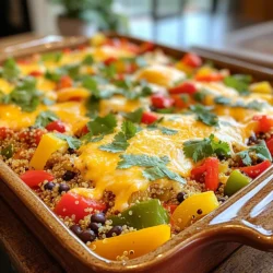 - 4 large bell peppers, diced (choose your favorite colors) - 1 cup quinoa, rinsed under cold water - 2 cups low-sodium vegetable broth - 1 can (15 oz) black beans, drained and rinsed - 1 cup corn kernels (fresh or frozen, thawed if frozen) - 1 cup diced tomatoes (canned or fresh) - 1 teaspoon ground cumin - 1 teaspoon smoked paprika - 1 teaspoon garlic powder - 1/2 teaspoon onion powder - 1 cup shredded cheese (cheddar or Mexican blend) - Salt and black pepper to taste - 2 tablespoons olive oil for sautéing - Fresh cilantro leaves, chopped (optional) When you select bell peppers, each color has its own flavor. Red peppers are sweet, yellow peppers are fruity, and green ones are more bitter. Mix them for a colorful dish. For the vegetable broth, go for low-sodium options. They bring flavor without making the dish too salty. You can make your own broth too, using leftover veggie scraps. Just simmer them with water for a few hours. You can add some extra flavor with seasonings. Try chili powder or oregano for a twist. You can also use ground turkey or cooked lentils instead of black beans for a protein boost. For garnishes, consider adding sliced avocado or a dollop of sour cream. Fresh cilantro adds a nice touch, too, brightening the dish with color and taste. 1. Preheat your oven to 375°F (190°C). This makes sure it’s hot for baking. 2. In a medium pot, bring 2 cups of low-sodium vegetable broth to a boil. 3. Rinse 1 cup of quinoa under cold water. Add it to the boiling broth. 4. Lower the heat to a simmer, cover, and cook for 15 minutes. 5. Once the quinoa absorbs the broth, remove it from heat. Let it cool a bit. 1. In a large skillet, heat 2 tablespoons of olive oil over medium heat. 2. Add 4 large diced bell peppers to the skillet. Sauté for 5-7 minutes. 3. Stir the bell peppers until they soften and turn bright. 4. Add 1 can of black beans, 1 cup of corn, and 1 cup of diced tomatoes to the skillet. 5. Next, add the cooked quinoa. Sprinkle in 1 teaspoon of cumin, 1 teaspoon of smoked paprika, 1 teaspoon of garlic powder, and 1/2 teaspoon of onion powder. 6. Season with salt and black pepper. Mix well and heat for another 3-5 minutes. 1. Take a greased 9x13-inch baking dish. Transfer the mixture from the skillet into the dish. 2. Spread the mixture evenly in the dish. Top it with 1 cup of shredded cheese. 3. Cover the dish tightly with aluminum foil. Bake in the preheated oven for 25 minutes. 4. After 25 minutes, remove the foil. Bake for another 10-15 minutes until the cheese is golden and bubbly. 5. Once done, let the casserole cool for a few minutes. Garnish with chopped cilantro before serving. To ensure your quinoa is fluffy, rinse it well before cooking. This step removes the bitter saponins. When you cook it, use low-sodium vegetable broth for added flavor. Bring the broth to a boil, then simmer for about 15 minutes. Wait until all the liquid is gone. Fluff it with a fork after it cools a bit. This method gives you light and airy quinoa. When sautéing bell peppers, heat olive oil in a large skillet. Use medium heat to avoid burning. Add diced peppers and let them cook for 5-7 minutes. Stir them occasionally. You want them soft but still vibrant. This step adds great flavor and color to your casserole. For the best melting cheese, I recommend using cheddar or a Mexican blend. These cheeses melt nicely and add rich flavor. You can also try pepper jack for some heat. If you prefer a dairy-free option, look for plant-based cheeses. Many brands now offer great melting cheeses that fit well in casseroles. Garnish your casserole with fresh cilantro for a burst of color. This adds freshness and a nice touch. Serve directly from the baking dish for a cozy vibe. For a complete meal, pair it with avocado slices or a dollop of sour cream. These sides complement the flavors and make for a tasty dinner. {{image_4}} You can make this dish vegetarian by using different vegetables. Try zucchini, carrots, or mushrooms for extra flavor. You can also swap out black beans for lentils or chickpeas. These options boost protein and add a nice texture. If you prefer meat, adding ground turkey, beef, or sausage works great. Brown the meat in the skillet before adding the other ingredients. This step brings out the meat’s flavor and keeps it juicy. Make sure to drain any excess fat for a lighter dish. For gluten-free options, use quinoa and check that your broth is gluten-free. If you want a vegan version, just skip the cheese or use plant-based cheese. You can also add tofu for protein. These changes ensure everyone can enjoy this tasty casserole. To keep your stuffed bell pepper casserole fresh, place it in an airtight container. Refrigerate it right after it cools down. This helps prevent bacteria growth. You can store it in the fridge for up to 4 days. Make sure to label the container with the date. If you want to freeze the casserole, let it cool completely first. Then, cut it into portions. Wrap each piece tightly in plastic wrap, then place them in a freezer-safe bag. This way, you can pull out just what you need later. The casserole will last for up to 3 months in the freezer. When you’re ready to eat, take a portion out of the freezer. Thaw it in the fridge overnight. To reheat, place it in a baking dish and cover it with foil. Bake at 375°F (190°C) for about 25 minutes or until it’s heated through. Enjoy your meal without losing flavor! How do I know when the casserole is done baking? You can tell the casserole is done when the cheese is melted and bubbly. It should also be golden on top. Can I make this ahead of time? Yes, you can prepare the casserole a day ahead. Just cover it tightly and store it in the fridge. Bake it when you're ready to serve. What can I substitute for quinoa in this recipe? If you need a substitute for quinoa, try brown rice or couscous. Both options cook well and add nice texture. How can I adjust the spice level in the casserole? To make it spicier, add some diced jalapeños or red pepper flakes. If you want it milder, reduce the spices or omit them. What are the nutrition facts for stuffed bell pepper casserole? This casserole is rich in protein and fiber. It has about 250 calories per serving. Nutrition may vary based on added ingredients and portion sizes. Stuffed bell pepper casserole is a versatile dish full of flavor. You learned about its key ingredients, cooking steps, and tips for the best meal. From vegetarian to meat options, this recipe fits any diet. Remember to store leftovers properly and consider freezing extras. With these guidelines, you can enjoy a tasty meal that fits your taste. Experiment with variations and make it your own. Enjoy your cooking adventure!