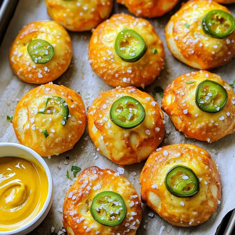 Let’s gather the essential components for these Air Fryer Jalapeño Cheddar Pretzel Bites. Each ingredient plays a key role in achieving that perfect flavor and texture. - 1 cup warm water (between 110°F and 115°F) - 1 packet active dry yeast (2 1/4 teaspoons) - 1 tablespoon packed brown sugar - 3 cups all-purpose flour - 1 teaspoon fine salt - 1/2 cup shredded sharp cheddar cheese - 1-2 jalapeños, finely diced (remove seeds for milder flavor) - 1/4 cup baking soda (for the boiling process) - Coarse sea salt, for sprinkling on top - 1 egg (for optional egg wash) In this recipe, the warm water helps activate the yeast. The yeast is what makes the dough rise. Brown sugar adds a hint of sweetness. The flour provides structure, while the fine salt enhances flavor. Shredded sharp cheddar cheese gives each bite a rich taste. Jalapeños add a spicy kick, and you can adjust the heat by removing seeds. Baking soda is key for boiling, creating that classic pretzel crust. Finally, coarse sea salt brings it all together with a salty crunch. Gather these ingredients, and you’re ready to make a tasty snack. Each step will bring you closer to a delicious treat that everyone will love. To start, we need to activate the yeast. In a mixing bowl, combine 1 cup of warm water, 1 packet of active dry yeast, and 1 tablespoon of brown sugar. Let this sit for about 5 minutes. You will see bubbles form, which means the yeast is ready. Next, add 3 cups of all-purpose flour and 1 teaspoon of fine salt to the yeast mix. Stir until a dough starts to form. Now, it’s time to knead the dough. Add 1/2 cup of shredded sharp cheddar cheese and 1-2 finely diced jalapeños to the dough. Knead until everything is mixed well. The dough should feel soft and a bit sticky. Then, place the dough in a lightly oiled bowl. Cover it with a kitchen towel and let it rise in a warm spot for about 1 hour. You want it to double in size. After the dough has risen, preheat your air fryer to 375°F. In a large pot, bring 8 cups of water to a boil. Carefully stir in 1/4 cup of baking soda. This will create bubbles, so watch out! Divide the dough into small pieces, about 1 inch each, and roll them into balls. Boil the pretzel bites in the baking soda water for 30 seconds each. Use a slotted spoon to take them out and place them on a tray. If you want a nice shine, brush each bite with a whisked egg and sprinkle coarse sea salt on top. Finally, arrange them in the air fryer basket. Cook for 8-10 minutes until golden brown. Let them cool for a bit before serving. Enjoy your tasty pretzel bites! To make the best pretzel bites, managing dough texture is key. The dough should feel soft and slightly sticky. If it’s too dry, add a bit of warm water. If it's too wet, sprinkle in some flour. Knead the dough until it is smooth. This helps create the right texture. Getting the golden finish is all about the egg wash. Whisk an egg and brush it lightly over each bite. This gives them a rich color and shine. Make sure you sprinkle coarse sea salt on top before cooking. This adds flavor and makes them look great. When it comes to dipping sauces, creamy mustard is a classic choice. You could also try a cheesy dip for extra flavor. Both pair well with the warmth of the pretzel bites. For garnishes, consider fresh jalapeño slices. They add a pop of color and spice. You can also use finely chopped herbs like parsley or cilantro. This makes your dish look fancy and bright. {{image_4}} You can switch up the flavor of your pretzel bites easily. For cheese, consider using mozzarella or pepper jack. These options add a nice twist. You can also mix in some cream cheese for extra creaminess. Adding spices can enhance the flavor too. Try garlic powder, onion powder, or smoked paprika. These spices give your bites a savory kick. You can even add dried herbs like oregano or thyme for a fresh taste. If you need gluten-free options, you can swap all-purpose flour with a gluten-free blend. Make sure it has a binding agent like xanthan gum. This helps the dough hold together well. For vegan alternatives, replace the cheddar cheese with a plant-based cheese. You can use nutritional yeast for a cheesy flavor without dairy. Use a flax egg instead of a regular egg for the wash. This makes the recipe vegan-friendly while keeping the delicious taste. To keep your air fryer jalapeño cheddar pretzel bites fresh, store them in an airtight container. This prevents moisture loss and keeps them soft. You can place a paper towel in the container to absorb excess moisture. For the best taste, enjoy them within three days. After that, they may lose their delightful texture. When it's time to eat your leftover pretzel bites, reheating is key. You want them warm and crispy again. The best way to reheat them is in the air fryer. Set it to 350°F (175°C) and heat for about 3-5 minutes. This method helps restore their crunchy outside. If you don't have an air fryer, you can use an oven too. Just heat them at 350°F (175°C) for 5-7 minutes. Enjoy your tasty bites as if they were just made! Yes, you can prepare the dough a day in advance. After you knead it, place it in the fridge. Cover the bowl tightly with plastic wrap. When ready to bake, let the dough warm up for about 30 minutes. This makes the dough easier to work with. You can use mozzarella for a milder taste. Pepper jack adds a spicy kick. Feel free to mix different cheeses for a unique flavor. The key is to ensure your cheese melts well. Use flour on your hands and the work surface. This keeps the dough from sticking too much. If the dough feels very tacky, add a bit more flour as you knead. Just be careful not to add too much. Every air fryer can cook a bit differently. Start checking the bites a minute or two early. Some models may cook faster or slower. If your air fryer has multiple racks, use them to cook more bites at once. In this post, we explored how to make delicious pretzel bites. We started with key ingredients like warm water, yeast, cheese, and jalapeños. You learned step-by-step how to activate your yeast, knead the dough, and cook the bites in an air fryer. We shared tips to perfect your pretzel texture and suggested fun flavors. Finally, we covered storage and reheating methods. Enjoy these simple bites at home, and feel free to experiment with your favorite ingredients!
