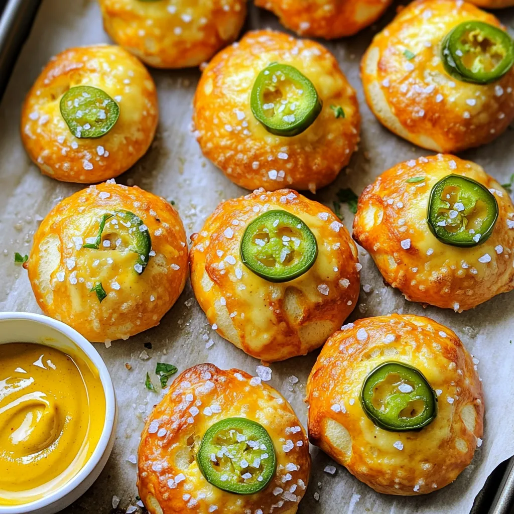 Let’s gather the essential components for these Air Fryer Jalapeño Cheddar Pretzel Bites. Each ingredient plays a key role in achieving that perfect flavor and texture. - 1 cup warm water (between 110°F and 115°F) - 1 packet active dry yeast (2 1/4 teaspoons) - 1 tablespoon packed brown sugar - 3 cups all-purpose flour - 1 teaspoon fine salt - 1/2 cup shredded sharp cheddar cheese - 1-2 jalapeños, finely diced (remove seeds for milder flavor) - 1/4 cup baking soda (for the boiling process) - Coarse sea salt, for sprinkling on top - 1 egg (for optional egg wash) In this recipe, the warm water helps activate the yeast. The yeast is what makes the dough rise. Brown sugar adds a hint of sweetness. The flour provides structure, while the fine salt enhances flavor. Shredded sharp cheddar cheese gives each bite a rich taste. Jalapeños add a spicy kick, and you can adjust the heat by removing seeds. Baking soda is key for boiling, creating that classic pretzel crust. Finally, coarse sea salt brings it all together with a salty crunch. Gather these ingredients, and you’re ready to make a tasty snack. Each step will bring you closer to a delicious treat that everyone will love. To start, we need to activate the yeast. In a mixing bowl, combine 1 cup of warm water, 1 packet of active dry yeast, and 1 tablespoon of brown sugar. Let this sit for about 5 minutes. You will see bubbles form, which means the yeast is ready. Next, add 3 cups of all-purpose flour and 1 teaspoon of fine salt to the yeast mix. Stir until a dough starts to form. Now, it’s time to knead the dough. Add 1/2 cup of shredded sharp cheddar cheese and 1-2 finely diced jalapeños to the dough. Knead until everything is mixed well. The dough should feel soft and a bit sticky. Then, place the dough in a lightly oiled bowl. Cover it with a kitchen towel and let it rise in a warm spot for about 1 hour. You want it to double in size. After the dough has risen, preheat your air fryer to 375°F. In a large pot, bring 8 cups of water to a boil. Carefully stir in 1/4 cup of baking soda. This will create bubbles, so watch out! Divide the dough into small pieces, about 1 inch each, and roll them into balls. Boil the pretzel bites in the baking soda water for 30 seconds each. Use a slotted spoon to take them out and place them on a tray. If you want a nice shine, brush each bite with a whisked egg and sprinkle coarse sea salt on top. Finally, arrange them in the air fryer basket. Cook for 8-10 minutes until golden brown. Let them cool for a bit before serving. Enjoy your tasty pretzel bites! To make the best pretzel bites, managing dough texture is key. The dough should feel soft and slightly sticky. If it’s too dry, add a bit of warm water. If it's too wet, sprinkle in some flour. Knead the dough until it is smooth. This helps create the right texture. Getting the golden finish is all about the egg wash. Whisk an egg and brush it lightly over each bite. This gives them a rich color and shine. Make sure you sprinkle coarse sea salt on top before cooking. This adds flavor and makes them look great. When it comes to dipping sauces, creamy mustard is a classic choice. You could also try a cheesy dip for extra flavor. Both pair well with the warmth of the pretzel bites. For garnishes, consider fresh jalapeño slices. They add a pop of color and spice. You can also use finely chopped herbs like parsley or cilantro. This makes your dish look fancy and bright. {{image_4}} You can switch up the flavor of your pretzel bites easily. For cheese, consider using mozzarella or pepper jack. These options add a nice twist. You can also mix in some cream cheese for extra creaminess. Adding spices can enhance the flavor too. Try garlic powder, onion powder, or smoked paprika. These spices give your bites a savory kick. You can even add dried herbs like oregano or thyme for a fresh taste. If you need gluten-free options, you can swap all-purpose flour with a gluten-free blend. Make sure it has a binding agent like xanthan gum. This helps the dough hold together well. For vegan alternatives, replace the cheddar cheese with a plant-based cheese. You can use nutritional yeast for a cheesy flavor without dairy. Use a flax egg instead of a regular egg for the wash. This makes the recipe vegan-friendly while keeping the delicious taste. To keep your air fryer jalapeño cheddar pretzel bites fresh, store them in an airtight container. This prevents moisture loss and keeps them soft. You can place a paper towel in the container to absorb excess moisture. For the best taste, enjoy them within three days. After that, they may lose their delightful texture. When it's time to eat your leftover pretzel bites, reheating is key. You want them warm and crispy again. The best way to reheat them is in the air fryer. Set it to 350°F (175°C) and heat for about 3-5 minutes. This method helps restore their crunchy outside. If you don't have an air fryer, you can use an oven too. Just heat them at 350°F (175°C) for 5-7 minutes. Enjoy your tasty bites as if they were just made! Yes, you can prepare the dough a day in advance. After you knead it, place it in the fridge. Cover the bowl tightly with plastic wrap. When ready to bake, let the dough warm up for about 30 minutes. This makes the dough easier to work with. You can use mozzarella for a milder taste. Pepper jack adds a spicy kick. Feel free to mix different cheeses for a unique flavor. The key is to ensure your cheese melts well. Use flour on your hands and the work surface. This keeps the dough from sticking too much. If the dough feels very tacky, add a bit more flour as you knead. Just be careful not to add too much. Every air fryer can cook a bit differently. Start checking the bites a minute or two early. Some models may cook faster or slower. If your air fryer has multiple racks, use them to cook more bites at once. In this post, we explored how to make delicious pretzel bites. We started with key ingredients like warm water, yeast, cheese, and jalapeños. You learned step-by-step how to activate your yeast, knead the dough, and cook the bites in an air fryer. We shared tips to perfect your pretzel texture and suggested fun flavors. Finally, we covered storage and reheating methods. Enjoy these simple bites at home, and feel free to experiment with your favorite ingredients!