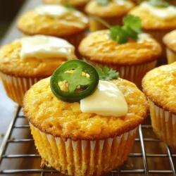 For Jalapeño Cheddar Cornbread Muffins, you will need these simple ingredients: - 1 cup cornmeal - 1 cup all-purpose flour - 1 tablespoon baking powder - 1/2 teaspoon salt - 1/4 cup sugar - 1 cup buttermilk (or 1 cup milk with 1 tablespoon vinegar added) - 2 large eggs - 1/4 cup unsalted butter, melted - 1 cup sharp cheddar cheese, shredded - 2 jalapeños, finely chopped (remove seeds for milder flavor) - 1/2 teaspoon smoked paprika (optional for added depth) Each ingredient plays a key role in making these muffins tasty. Cornmeal gives them a nice texture and heartiness. The all-purpose flour helps bind everything together. Baking powder makes them rise, while salt and sugar balance the flavors. Buttermilk adds moisture and a slight tang. Eggs help with structure, and melted butter adds richness. Sharp cheddar cheese brings a bold flavor that pairs perfectly with jalapeños. If you like a bit of smoke, add the smoked paprika. The jalapeños add heat and a crisp bite. You can adjust the amount of jalapeños based on your spice preference. Enjoy mixing these ingredients for a delicious treat! First, set your oven to 375°F (190°C). This temperature helps the muffins rise well. Next, prepare your muffin tin. You can grease it with non-stick spray or line it with muffin liners. This makes it easy to remove the muffins later. In a large bowl, mix the dry ingredients. Combine 1 cup of cornmeal, 1 cup of all-purpose flour, 1 tablespoon of baking powder, 1/2 teaspoon of salt, and 1/4 cup of sugar. If you like, add 1/2 teaspoon of smoked paprika for a smoky taste. Whisk these ingredients well to ensure they are evenly mixed. Now, grab another bowl for the wet ingredients. Whisk together 1 cup of buttermilk, 2 large eggs, and 1/4 cup of melted butter. Make sure the mixture is smooth and well-blended. This step helps the muffins stay moist and fluffy. Carefully pour the wet mixture into the bowl with the dry ingredients. Stir gently using a wooden spoon or rubber spatula. Mix until just combined. Avoid overmixing; this keeps the muffins tender. Next, fold in 1 cup of shredded sharp cheddar cheese and 2 finely chopped jalapeños. Make sure they are evenly spread throughout the batter. Using a spoon or an ice cream scoop, fill each muffin cup with the batter. Aim to fill each cup about two-thirds full. This gives the muffins room to rise without spilling over. Place the muffin tin in your preheated oven. Bake for 15-20 minutes. The muffins should have a golden brown top. To check for doneness, insert a toothpick in the center. If it comes out clean, they are ready. Once baked, let the muffins cool in the tin for about 5 minutes. After that, transfer them to a wire rack to cool completely. To make great muffins, you must avoid overmixing. Mixing too much makes them tough. Mix just until the flour disappears. You want a few lumps. This helps keep your muffins fluffy and light. If you want less heat, you can adjust the jalapeños. Remove the seeds for a milder bite. You can also use less jalapeño or swap it for a bell pepper. This way, you control the spice to fit your taste. If you need to replace buttermilk, mix regular milk with vinegar. This creates a similar flavor. For gluten-free muffins, swap the all-purpose flour with a gluten-free blend. Make sure the blend has a binding agent like xanthan gum for best results. {{image_4}} You can switch up the cheese for a new taste. Try using pepper jack cheese for a spicy kick. Monterey Jack cheese adds a creamy touch. For a bold flavor, use gouda or fontina. You can also experiment with different peppers. Sweet bell peppers add color without heat. For more spice, consider serrano or habanero peppers. Be careful with the seeds; they can make your muffins very hot! Looking for more flavor? Add corn kernels for a sweet crunch. Fresh herbs like cilantro or green onions brighten the taste. You can even toss in some cooked bacon for a savory twist. Each add-in brings a new layer of flavor to your muffins. If you prefer sweet muffins, reduce the salt and add more sugar. You can also mix in honey or maple syrup for extra sweetness. This variation makes a great breakfast treat or snack. Adjust the balance to find your perfect flavor! To keep your muffins fresh, store them in an airtight container. You can also use a resealable plastic bag. Place a paper towel inside to absorb moisture. This will help prevent sogginess. Store the muffins at room temperature for up to three days. If you need to keep them longer, refrigeration may dry them out. To freeze your muffins, let them cool completely first. Wrap each muffin tightly in plastic wrap. Then, place them in a freezer-safe bag or container. This helps prevent freezer burn. You can freeze them for up to three months. When you're ready to enjoy them, simply thaw them in the fridge overnight. For the best taste, reheat your muffins in the oven. Preheat to 350°F (175°C). Place the muffins on a baking sheet for about 10 minutes. This keeps them warm and restores their fluffy texture. If you're short on time, you can microwave them for 15-20 seconds. Just be careful not to overheat, or they may become tough. Yes, you can! To make these muffins ahead, bake them first. Once they cool, store them in an airtight container. You can keep them at room temperature for up to two days. For longer storage, place them in the fridge for a week or freeze for up to three months. When ready to eat, just reheat them in the oven or microwave. These muffins pair well with many dishes. They go great with chili, soups, or stews. You can also serve them with a fresh salad. Try them alongside grilled meats for a tasty meal. For a fun twist, enjoy them with honey or butter for a sweet touch. To check if the muffins are done, look for a golden brown top. Insert a toothpick into the center of a muffin. If it comes out clean, the muffins are ready. If there's batter on the toothpick, give them a few more minutes. Keep an eye on them to avoid overbaking. In this post, we covered how to make Jalapeño Cheddar Cornbread Muffins. We discussed the ingredients you need and shared step-by-step instructions. You learned tips for getting the texture just right and ways to add your own twist. Proper storage methods and reheating tips help keep your muffins fresh. Remember, these muffins pair well with many meals and are easy to customize. Enjoy your baking adventure and share these tasty treats with friends!