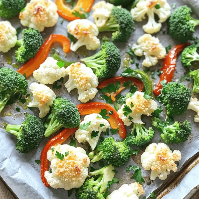 To create Roasted Garlic Parmesan Veggies, you need the following ingredients: - 2 cups broccoli florets - 2 cups cauliflower florets - 1 cup baby carrots, halved - 1 cup bell peppers, sliced - 1/2 cup freshly grated Parmesan cheese - 6 cloves of garlic, finely minced - 1/4 cup extra virgin olive oil - 1 teaspoon dried oregano - 1 teaspoon freshly ground black pepper - 1 teaspoon sea salt - Fresh parsley, chopped (optional for garnish) These ingredients combine to form a dish full of flavor and texture. Broccoli and cauliflower give a nice crunch. The baby carrots add sweetness, while bell peppers bring color and taste. Garlic provides a rich and warm flavor. Parmesan cheese melts beautifully, adding a savory finish. Olive oil helps everything roast well. The oregano, salt, and pepper enhance the overall taste. Feel free to adjust the veggies based on your preferences. You can mix in zucchini, asparagus, or even Brussels sprouts for variety. Enjoy the process of preparing this dish as much as the taste! Set your oven to 425°F (220°C). This hot temperature helps the veggies roast well. In a large mixing bowl, combine: - 2 cups broccoli florets - 2 cups cauliflower florets - 1 cup baby carrots, halved - 1 cup sliced bell peppers Gently toss these vegetables together. Make sure they mix evenly. This helps them roast better. In a small bowl, whisk together: - 6 cloves of finely minced garlic - 1/4 cup extra virgin olive oil - 1 teaspoon dried oregano - 1 teaspoon sea salt - 1 teaspoon freshly ground black pepper Mix until it blends nicely. This garlic mixture adds great flavor to your veggies. Drizzle the garlic mixture over the mixed vegetables. Toss them thoroughly so every piece is coated. Line a baking sheet with parchment paper. Spread the vegetables in a single layer. This lets them roast evenly. Place the baking sheet in your preheated oven. Roast for 20 minutes. This helps develop flavors and gives a nice crisp. After 20 minutes, take the baking sheet out. Sprinkle 1/2 cup of freshly grated Parmesan cheese over the veggies. Put the baking sheet back in the oven. Roast for another 10-15 minutes. You want the veggies fork-tender and the cheese golden and bubbly. Once done, take them out. You can garnish with chopped parsley for a fresh look. Enjoy your delicious roasted garlic Parmesan veggies! To roast veggies evenly, space them well. Leave some room between each piece. Crowding the baking sheet makes them steam instead of roast. Aim for a single layer of vegetables. This helps them cook nicely. Want to boost flavor? Try adding fresh herbs like thyme or rosemary. You can also mix in some red pepper flakes for heat. Lemon zest adds a bright touch too. Experiment with different spices to make it your own! To get crispy veggies, ensure they are well coated but not soggy. Use just enough oil to coat each piece lightly. Flip the veggies halfway through cooking for even crispness. If you want more crunch, roast them a little longer. {{image_4}} You can switch up the veggies based on what is fresh. In spring, use asparagus or snap peas. Summer is great for zucchini and cherry tomatoes. Fall brings butternut squash and Brussels sprouts. In winter, root veggies like sweet potatoes and parsnips shine. Mixing seasonal veggies adds fun and new flavors. If you want to change the cheese, try different options. Feta cheese gives a salty bite. Cheddar offers a sharp taste. Goat cheese adds creaminess. You can also use nutritional yeast for a cheesy flavor without dairy. Experimenting with cheese keeps the dish exciting. To make this dish vegan, skip the cheese. Use a vegan cheese alternative or simply leave it out. Add extra spices or herbs for flavor. A sprinkle of lemon juice brightens the dish. This way, you enjoy delicious veggies without dairy. To store your leftover roasted garlic Parmesan veggies, let them cool first. Place them in an airtight container. They will stay fresh for up to three days in the fridge. Make sure to keep them away from strong-smelling foods to avoid odor transfer. Reheating these veggies is simple. You can use an oven or a microwave. For the oven, preheat to 350°F (175°C). Spread the veggies on a baking sheet and heat for 10-15 minutes. This keeps them crispy. If you use a microwave, heat in 30-second intervals until warm, but this may make them a bit soft. To freeze your roasted veggies, let them cool completely. Place them in a freezer-safe bag or container. Remove as much air as possible. They can freeze well for up to three months. To defrost, move them to the fridge overnight before reheating. You can also heat them directly from frozen, but the texture might change. Roasted vegetables last about 3 to 5 days in the fridge. Store them in an airtight container. For best taste, eat them within this time. Check for any signs of spoilage before eating. If they look or smell off, it's best to toss them. Yes, you can use frozen vegetables, but fresh ones taste better. Frozen veggies often lose texture during cooking. If you use frozen, don’t thaw them first. This will help keep them crisp. Adjust roasting time to ensure they cook through. These veggies pair well with many dishes. Try serving them with grilled chicken or fish. They also complement pasta or quinoa nicely. For a simple meal, serve them over rice. Add a light salad for a balanced plate. Absolutely! You can add red pepper flakes for heat. Start with a small amount and taste as you go. If you want more, increase it slowly. You can also mix in some chopped jalapeños for a fresh kick. Roasting vegetables is simple and fun. You learned the perfect mix of veggies, cheese, and spices. Follow the steps to get tasty, crunchy results every time. Remember to try new herbs, or substitute cheeses for variety. Storing leftovers is easy, and you can even freeze them. You now have the tools to enjoy delicious roasted garlic Parmesan veggies. Embrace your creativity in the kitchen. Enjoy this healthy dish with friends and family!