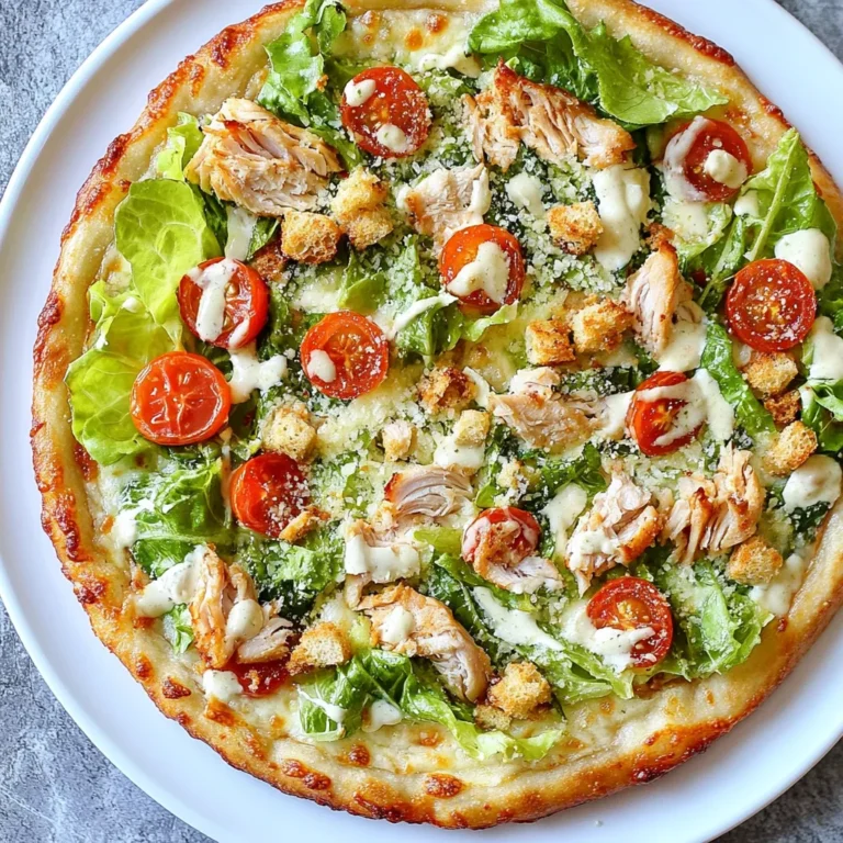 To make a tasty Chicken Caesar Salad Pizza, you'll need some simple ingredients. Here’s the list to get you started: - Pre-made or homemade pizza crust - 1 cup cooked chicken breast, shredded - 1 cup romaine lettuce, chopped - 1/2 cup Caesar dressing - 1/2 cup cherry tomatoes, halved - 1/4 cup Parmesan cheese, grated - 1/4 cup croutons, crushed - 1 teaspoon garlic powder - 1 teaspoon olive oil - Salt and pepper to taste Each ingredient plays a key role in creating that fresh and flavorful taste. The chicken adds protein and heartiness. The romaine lettuce gives a crunchy texture, while the Caesar dressing brings a creamy, tangy flavor. The cherry tomatoes add a sweet burst, and the Parmesan cheese provides a salty kick. Croutons finish the dish with extra crunch. Using a pre-made crust saves time, but making your own can add a personal touch. Don’t forget to season the chicken well; garlic powder, salt, and pepper elevate the flavor. Enjoy crafting this dish! {{ingredient_image_2}} First, set your oven to 425°F (220°C). This step is key. A hot oven helps make the crust crispy. Next, take your pizza crust. If you bought one, place it on a baking sheet. If you made your own, roll it into a circle and lay it on your pan. In a bowl, add the shredded chicken. Sprinkle in garlic powder, olive oil, salt, and pepper. Mix it well. Each piece of chicken should be covered in flavor. Spread half of the Caesar dressing on the pizza crust. Leave a small edge around the sides. This helps keep the crust strong. Now, add the seasoned chicken over the dressing. Then, place the halved cherry tomatoes on top. Finally, sprinkle grated Parmesan cheese all over. Put the pizza in your hot oven. Bake it for 10-12 minutes. Look for a golden brown crust. It should be crispy when done. While the pizza bakes, grab another bowl. Toss the chopped romaine with the rest of the Caesar dressing. Make sure all the lettuce is covered. Once the pizza is out of the oven, let it cool for about one minute. Top it with the dressed romaine lettuce. Then, add crushed croutons over everything. Cut the pizza into slices. Serve it right away. If you want, add more grated Parmesan cheese on top. Enjoy your tasty creation! A good crust is key. Start with a quality pre-made crust or make your own. If you use store-bought, choose one that is thick and sturdy. For homemade, use a simple dough recipe. Roll it out evenly. A uniform thickness helps the crust cook well. To get a crispy crust, preheat your oven to 425°F. Place your pizza directly on a hot pizza stone or a baking sheet. This method helps the bottom crisp up. Brush a little olive oil on the crust before baking. It adds flavor and color. Making your own Caesar dressing is easy. Combine 1/2 cup mayonnaise, 1 tablespoon lemon juice, 1 teaspoon Dijon mustard, and 1 clove of minced garlic. Whisk until smooth. Add salt and pepper to taste. This fresh dressing makes your pizza taste even better. Presentation matters. Serve your pizza on a wooden cutting board for a nice touch. Add fresh herbs, like parsley, for color. Offer extra Caesar dressing and grated Parmesan on the side. This lets everyone customize their slices for more fun. Pro Tips Use Fresh Ingredients: Opt for fresh romaine lettuce and high-quality chicken for the best flavor and texture in your pizza. Customize Your Crust: Experiment with different pizza crusts, such as whole wheat or gluten-free, to cater to dietary preferences. Adjust the Dressing: Feel free to add more or less Caesar dressing based on your personal taste; a light drizzle can enhance the flavor without overwhelming the pizza. Make it Extra Crunchy: For added texture, toast your croutons in the oven for a few minutes before topping your pizza. {{image_4}} You can make a great vegetarian Chicken Caesar Salad Pizza. Start by swapping the chicken for grilled veggies. Use bell peppers, zucchini, and mushrooms for flavor. You can also add some chickpeas for extra protein. Keep the Caesar dressing and all other toppings the same. This gives you a fresh twist on the classic. For a gluten-free Chicken Caesar Salad Pizza, use a gluten-free pizza crust. Many stores sell these now. Check the labels to find the best option. You can also make your own crust using almond flour or cauliflower. This way, you can enjoy the flavors without the gluten. Want to mix it up? Here are some tasty ideas: - Add sliced olives for a briny kick. - Try avocado slices for creaminess. - Toss on some artichoke hearts for extra texture. - Use different cheeses like feta or mozzarella. These toppings can make your pizza even more exciting! To keep your Chicken Caesar Salad Pizza fresh, store it in the fridge. First, let the pizza cool completely. Then, place it in an airtight container. You can also wrap it tightly with plastic wrap. This way, it stays fresh for up to three days. When you're ready to eat the leftover pizza, reheating is key. Preheat your oven to 350°F (175°C). Place the pizza on a baking sheet. Heat it for about 10 minutes. This method keeps the crust crispy. You can also use a microwave. If you do, heat it for 30 seconds at a time. This way, you avoid a soggy crust. If you want to save pizza for later, freezing works well. Slice the pizza first, then wrap each slice in plastic wrap. Place the wrapped slices in a freezer-safe bag. Squeeze out as much air as possible. This helps prevent freezer burn. Your pizza can last about two months in the freezer. When you’re ready to enjoy it, thaw in the fridge overnight before reheating. You can use ranch dressing, blue cheese dressing, or a vinaigrette. Each option adds a unique flavor. If you want a lighter choice, try Greek yogurt mixed with lemon juice and garlic. This gives a fresh twist while keeping it creamy. Yes, rotisserie chicken works great! It saves time and adds flavor. Just shred the chicken and mix it with seasonings. Using rotisserie chicken makes this dish faster and still tasty. Chicken Caesar Salad Pizza lasts about 3 to 4 days in the fridge. Store it in an airtight container. To keep it fresh, eat it within this time frame. Yes, you can make this pizza for meal prep. Prepare the pizza and store it uncooked in the fridge. When ready, bake it fresh. You can also store slices for quick meals. This article covered how to make Chicken Caesar Salad Pizza, featuring easy ingredients and steps. You learned to prepare the crust, season the chicken, and layer toppings. I shared tips for a crispy crust and options for variations, including vegetarian and gluten-free. Don't forget how to store leftovers and reheat them. Making this pizza is fun and tasty. Try it out! Your taste buds will thank you. Enjoy your cooking!