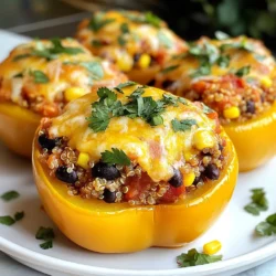 - 4 large bell peppers (choose your favorite color) - 1 cup quinoa (or your preferred rice variety) - 1 can (15 oz) black beans, thoroughly rinsed and drained - 1 cup corn kernels (fresh, frozen, or canned) - 1 cup diced tomatoes (fresh or canned, with juices) - 1 medium onion, finely chopped - 2 cloves garlic, minced - 1 teaspoon ground cumin - 1 teaspoon smoked paprika - 1 tablespoon olive oil - 1 cup shredded cheese (cheddar, mozzarella, or a blend) - Fresh cilantro or parsley, chopped, for garnish - Salt and freshly ground black pepper, to taste When I make classic stuffed peppers, I love to gather all the ingredients first. You want fresh bell peppers that are firm and colorful. The quinoa or rice serves as the hearty base. Black beans add protein and a nice texture. Corn brings sweetness, and tomatoes add moisture and flavor. You need a medium onion and garlic to build a strong flavor base. The spices, cumin and smoked paprika, give warmth and depth. Olive oil helps sauté the onion and garlic, making everything taste better. Shredded cheese is the crowning touch, adding creaminess. Finally, fresh herbs like cilantro or parsley brighten the dish. Each ingredient plays a role in making the stuffed peppers flavorful and filling. When you mix them all together, you create a delicious filling that makes everyone smile. {{ingredient_image_2}} - First, preheat your oven to 375°F (190°C). This step is key for even cooking. - Next, take your bell peppers and cut off the tops. Make sure to remove the seeds and membranes. This helps the peppers cook well. Stand them upright in a baking dish to get ready for stuffing. - Now, cook 1 cup of quinoa or your favorite rice according to the package directions. This usually takes about 15 minutes. - In a large skillet, heat 1 tablespoon of olive oil over medium heat. Add 1 finely chopped onion and sauté for about 3 to 5 minutes. You want the onion to be soft and clear. - After that, add 2 minced garlic cloves. Cook for 1 more minute. Stir often to keep it from burning. - Next, mix in the corn, black beans, and diced tomatoes. Also, add your cooked quinoa or rice, ground cumin, smoked paprika, and a pinch of salt and pepper. Stir everything well and heat for about 5 minutes. - Remove the skillet from heat. Fold in half of the shredded cheese until it melts. - Carefully spoon the mixture into each bell pepper. Press it down gently to pack the filling tightly. - Top each stuffed pepper with the remaining shredded cheese for a cheesy finish. - Cover your baking dish with foil and bake for 25 minutes. Then, take off the foil and bake for another 10 to 15 minutes. The peppers should be soft, and the cheese should be bubbly and golden. - After baking, let the peppers cool for a few minutes. Add some chopped cilantro or parsley as a garnish for a fresh touch. - To ensure your quinoa or rice is perfectly cooked, follow the package instructions carefully. Rinse quinoa before cooking to remove bitterness. Use a 2:1 water-to-quinoa ratio for fluffy grains. For rice, check the type you use; some may need more or less water. - For sautéing onions and garlic, heat olive oil over medium heat. Add chopped onions first. Sauté until they turn soft and clear, about 3 to 5 minutes. Then add minced garlic for one minute. Stir often to avoid burning. - Serve your stuffed peppers on bright, colorful plates. This makes the dish pop visually. You can drizzle olive oil or a tasty sauce around the plate. This adds flair and flavor. - Garnish each pepper with fresh cilantro or parsley. This adds a burst of color and freshness. A sprinkle of cheese on top before serving can also enhance the look. - To add extra spices or flavors, consider including a pinch of cayenne pepper for heat. You can also mix in some smoked paprika or chili powder for depth. Fresh lime juice adds zing and brightens flavors. - Experiment with herbs like oregano or thyme. They can elevate the dish’s taste. You can even add a splash of hot sauce for a spicy kick. Adjust the spices to fit your taste! Pro Tips Choose Colorful Peppers: Mixing different colored bell peppers not only enhances the visual appeal of your dish but also provides a variety of flavors. Spice It Up: For an extra kick, consider adding diced jalapeños or a splash of hot sauce to the filling mixture. Make Ahead: You can prepare the stuffed peppers a day in advance. Assemble them and store in the fridge until you’re ready to bake. Experiment with Fillings: Feel free to customize the filling with additional ingredients like ground turkey, mushrooms, or different types of cheese for a unique twist. {{image_4}} You can switch out grains for quinoa or rice. Try using couscous or farro for a new texture. Beans can also vary; use chickpeas or lentils instead of black beans. If you want to change the veggies, bell peppers are great, but zucchini or eggplant can also work well. Hollow out these veggies and fill them as you would with peppers. For a vegetarian option, just use beans and veggies. To make it vegan, skip cheese or use a plant-based version. For gluten-free, ensure your grains and beans are certified gluten-free. You can also make a low-carb version by using cauliflower rice instead. This will keep your stuffed peppers filling but lower in carbs. You can give stuffed peppers a twist from different cultures. For a Hispanic flair, add taco seasoning and corn. For Mediterranean flavors, use feta cheese and olives. Try adding curry spices for an Indian touch. Each variation brings a unique taste and can make this dish feel fresh and exciting. To keep your stuffed peppers fresh, follow these steps. First, let them cool to room temperature. Then, place them in an airtight container. You can refrigerate them for up to four days. If you want to keep them longer, freeze them. Wrap each pepper tightly in plastic wrap, then place them in a freezer bag. This way, they stay fresh for up to three months. When you are ready to eat your leftovers, reheating is easy. You can use the oven, microwave, or stovetop. For the oven, preheat to 350°F (175°C). Place the stuffed peppers in a baking dish and cover with foil. Heat for about 20 minutes. For the microwave, place one pepper on a plate. Heat for 2 to 3 minutes or until warm. If you use the stovetop, add a little water to a pan. Cover it and heat on low until warm. Leftover stuffed peppers last about four days in the fridge. If frozen, they can last up to three months. Always check for any signs of spoilage before eating. If they smell off or look strange, it's best to throw them away. Enjoy your stuffed peppers safely! How do I make stuffed peppers without rice? You can use quinoa, couscous, or even lentils. These grains add texture and flavor. Just cook them as you would rice. Then, mix them with your other filling ingredients. Can I use other types of proteins? Absolutely! You can use ground beef, turkey, or chicken. For a vegetarian option, try crumbled tofu or tempeh. Just make sure to season the protein well to enhance the flavor. How do I know when the peppers are done? Peppers are done when they are tender and their skins are slightly wrinkled. You should also see the cheese bubbling and lightly browned. This usually takes about 35 to 40 minutes in the oven. What cheese works best for stuffed peppers? Cheddar and mozzarella are great choices. They melt well and add rich flavor. You can also mix in some feta or goat cheese for a tangy twist. Can I prepare stuffed peppers in advance? Yes, you can prepare them a day ahead. Just stuff the peppers and store them in the fridge. When you're ready to cook, allow them to sit at room temperature for 15 minutes. Then, bake as directed. Stuffed peppers are easy and fun to make. We covered every step, from choosing ingredients to baking. You learned how to prepare tasty fillings and enhance flavors. I shared tips for serving and storing leftovers, too. Whether you prefer traditional or different flavors, this dish is flexible. It's perfect for any diet and great for sharing. Try these ideas to create your own delicious stuffed peppers. Enjoy your cooking adventure!