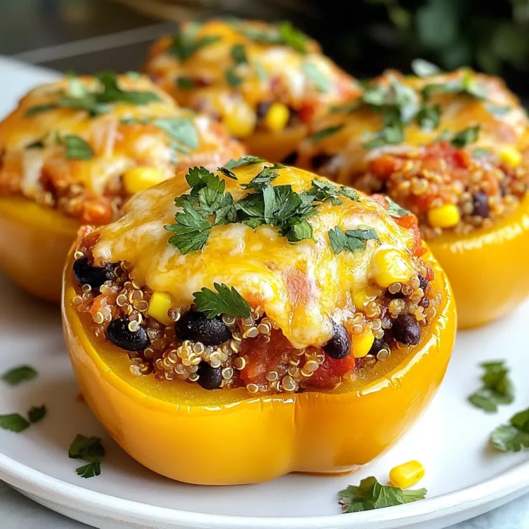 - 4 large bell peppers (choose your favorite color) - 1 cup quinoa (or your preferred rice variety) - 1 can (15 oz) black beans, thoroughly rinsed and drained - 1 cup corn kernels (fresh, frozen, or canned) - 1 cup diced tomatoes (fresh or canned, with juices) - 1 medium onion, finely chopped - 2 cloves garlic, minced - 1 teaspoon ground cumin - 1 teaspoon smoked paprika - 1 tablespoon olive oil - 1 cup shredded cheese (cheddar, mozzarella, or a blend) - Fresh cilantro or parsley, chopped, for garnish - Salt and freshly ground black pepper, to taste When I make classic stuffed peppers, I love to gather all the ingredients first. You want fresh bell peppers that are firm and colorful. The quinoa or rice serves as the hearty base. Black beans add protein and a nice texture. Corn brings sweetness, and tomatoes add moisture and flavor. You need a medium onion and garlic to build a strong flavor base. The spices, cumin and smoked paprika, give warmth and depth. Olive oil helps sauté the onion and garlic, making everything taste better. Shredded cheese is the crowning touch, adding creaminess. Finally, fresh herbs like cilantro or parsley brighten the dish. Each ingredient plays a role in making the stuffed peppers flavorful and filling. When you mix them all together, you create a delicious filling that makes everyone smile. {{ingredient_image_2}} - First, preheat your oven to 375°F (190°C). This step is key for even cooking. - Next, take your bell peppers and cut off the tops. Make sure to remove the seeds and membranes. This helps the peppers cook well. Stand them upright in a baking dish to get ready for stuffing. - Now, cook 1 cup of quinoa or your favorite rice according to the package directions. This usually takes about 15 minutes. - In a large skillet, heat 1 tablespoon of olive oil over medium heat. Add 1 finely chopped onion and sauté for about 3 to 5 minutes. You want the onion to be soft and clear. - After that, add 2 minced garlic cloves. Cook for 1 more minute. Stir often to keep it from burning. - Next, mix in the corn, black beans, and diced tomatoes. Also, add your cooked quinoa or rice, ground cumin, smoked paprika, and a pinch of salt and pepper. Stir everything well and heat for about 5 minutes. - Remove the skillet from heat. Fold in half of the shredded cheese until it melts. - Carefully spoon the mixture into each bell pepper. Press it down gently to pack the filling tightly. - Top each stuffed pepper with the remaining shredded cheese for a cheesy finish. - Cover your baking dish with foil and bake for 25 minutes. Then, take off the foil and bake for another 10 to 15 minutes. The peppers should be soft, and the cheese should be bubbly and golden. - After baking, let the peppers cool for a few minutes. Add some chopped cilantro or parsley as a garnish for a fresh touch. - To ensure your quinoa or rice is perfectly cooked, follow the package instructions carefully. Rinse quinoa before cooking to remove bitterness. Use a 2:1 water-to-quinoa ratio for fluffy grains. For rice, check the type you use; some may need more or less water. - For sautéing onions and garlic, heat olive oil over medium heat. Add chopped onions first. Sauté until they turn soft and clear, about 3 to 5 minutes. Then add minced garlic for one minute. Stir often to avoid burning. - Serve your stuffed peppers on bright, colorful plates. This makes the dish pop visually. You can drizzle olive oil or a tasty sauce around the plate. This adds flair and flavor. - Garnish each pepper with fresh cilantro or parsley. This adds a burst of color and freshness. A sprinkle of cheese on top before serving can also enhance the look. - To add extra spices or flavors, consider including a pinch of cayenne pepper for heat. You can also mix in some smoked paprika or chili powder for depth. Fresh lime juice adds zing and brightens flavors. - Experiment with herbs like oregano or thyme. They can elevate the dish’s taste. You can even add a splash of hot sauce for a spicy kick. Adjust the spices to fit your taste! Pro Tips Choose Colorful Peppers: Mixing different colored bell peppers not only enhances the visual appeal of your dish but also provides a variety of flavors. Spice It Up: For an extra kick, consider adding diced jalapeños or a splash of hot sauce to the filling mixture. Make Ahead: You can prepare the stuffed peppers a day in advance. Assemble them and store in the fridge until you’re ready to bake. Experiment with Fillings: Feel free to customize the filling with additional ingredients like ground turkey, mushrooms, or different types of cheese for a unique twist. {{image_4}} You can switch out grains for quinoa or rice. Try using couscous or farro for a new texture. Beans can also vary; use chickpeas or lentils instead of black beans. If you want to change the veggies, bell peppers are great, but zucchini or eggplant can also work well. Hollow out these veggies and fill them as you would with peppers. For a vegetarian option, just use beans and veggies. To make it vegan, skip cheese or use a plant-based version. For gluten-free, ensure your grains and beans are certified gluten-free. You can also make a low-carb version by using cauliflower rice instead. This will keep your stuffed peppers filling but lower in carbs. You can give stuffed peppers a twist from different cultures. For a Hispanic flair, add taco seasoning and corn. For Mediterranean flavors, use feta cheese and olives. Try adding curry spices for an Indian touch. Each variation brings a unique taste and can make this dish feel fresh and exciting. To keep your stuffed peppers fresh, follow these steps. First, let them cool to room temperature. Then, place them in an airtight container. You can refrigerate them for up to four days. If you want to keep them longer, freeze them. Wrap each pepper tightly in plastic wrap, then place them in a freezer bag. This way, they stay fresh for up to three months. When you are ready to eat your leftovers, reheating is easy. You can use the oven, microwave, or stovetop. For the oven, preheat to 350°F (175°C). Place the stuffed peppers in a baking dish and cover with foil. Heat for about 20 minutes. For the microwave, place one pepper on a plate. Heat for 2 to 3 minutes or until warm. If you use the stovetop, add a little water to a pan. Cover it and heat on low until warm. Leftover stuffed peppers last about four days in the fridge. If frozen, they can last up to three months. Always check for any signs of spoilage before eating. If they smell off or look strange, it's best to throw them away. Enjoy your stuffed peppers safely! How do I make stuffed peppers without rice? You can use quinoa, couscous, or even lentils. These grains add texture and flavor. Just cook them as you would rice. Then, mix them with your other filling ingredients. Can I use other types of proteins? Absolutely! You can use ground beef, turkey, or chicken. For a vegetarian option, try crumbled tofu or tempeh. Just make sure to season the protein well to enhance the flavor. How do I know when the peppers are done? Peppers are done when they are tender and their skins are slightly wrinkled. You should also see the cheese bubbling and lightly browned. This usually takes about 35 to 40 minutes in the oven. What cheese works best for stuffed peppers? Cheddar and mozzarella are great choices. They melt well and add rich flavor. You can also mix in some feta or goat cheese for a tangy twist. Can I prepare stuffed peppers in advance? Yes, you can prepare them a day ahead. Just stuff the peppers and store them in the fridge. When you're ready to cook, allow them to sit at room temperature for 15 minutes. Then, bake as directed. Stuffed peppers are easy and fun to make. We covered every step, from choosing ingredients to baking. You learned how to prepare tasty fillings and enhance flavors. I shared tips for serving and storing leftovers, too. Whether you prefer traditional or different flavors, this dish is flexible. It's perfect for any diet and great for sharing. Try these ideas to create your own delicious stuffed peppers. Enjoy your cooking adventure!