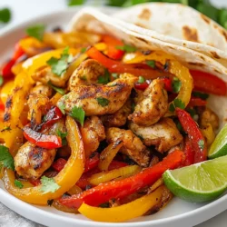 When making sheet pan chicken fajitas, having the right ingredients makes all the difference. Here’s what you need: - 1.5 lbs boneless, skinless chicken thighs, cut into thin strips - 2 bell peppers (one red, one yellow), sliced into strips - 1 medium onion, sliced into thin rings These main ingredients form the heart of your fajitas. Chicken thighs are juicy and tender. Bell peppers add color and crunch. The onion gives a sweet flavor when cooked. - 2 tablespoons olive oil - 1 tablespoon chili powder - 1 teaspoon ground cumin - 1 teaspoon smoked paprika - 1/2 teaspoon garlic powder - 1/2 teaspoon onion powder - Salt and freshly ground black pepper, to taste These seasonings are key to bringing out the rich flavors. Olive oil helps the spices stick to the chicken and veggies. Chili powder and cumin give a warm, smoky taste. Don’t skip the salt and pepper; they enhance all the flavors. - Fresh cilantro - Lime wedges - Creamy guacamole - Sour cream Toppings add a fresh touch to your fajitas. Cilantro brings bright flavor, while lime adds zesty acidity. Guacamole and sour cream provide creaminess and richness. You can mix and match the toppings to suit your taste. Enjoy experimenting! {{ingredient_image_2}} Set your oven to 400°F (200°C). Preheating helps cook the food evenly. This step is key for great fajitas. Grab a large mixing bowl. Add the sliced chicken, bell peppers, and onion. Mix them well. Cut the chicken into thin strips for quick cooking. Slice the bell peppers and onion into strips too. This ensures even cooking and great texture. In a small bowl, whisk the olive oil, chili powder, cumin, smoked paprika, garlic powder, onion powder, and a pinch of salt and pepper. This mix adds depth. Pour the mixture over the chicken and vegetables. Toss everything so each piece is coated. This step is crucial for flavor. Spread the chicken and veggies on a large sheet pan. Make sure to space them out. An even layer helps with roasting. If they crowd each other, they might steam instead of roast. Place the sheet pan in the preheated oven. Bake for 20-25 minutes. Check that the chicken reaches 165°F. The veggies should be tender and slightly charred. This gives that lovely roasted flavor. After baking, take the pan out and let it cool for a few minutes. This helps the flavors blend. While it cools, warm up the tortillas. You can do this in a dry skillet for about 30 seconds on each side. Or, pop them in the oven for a few minutes. Serve the fajitas right from the sheet pan. This adds a rustic feel. You can also plate them with warm tortillas on the side. Let everyone build their own fajitas. Layer the chicken and veggies onto the tortillas. Top with cilantro, lime juice, guacamole, and sour cream for extra flavor. To get the best flavor from your fajitas, start with salt. Use it to season both the chicken and veggies. I suggest a good pinch of salt when mixing everything. This helps the flavors pop. For added depth, try marinating the chicken. Combine olive oil, chili powder, cumin, and a pinch of salt. Let it sit for at least 30 minutes. You will taste the difference! Sheet pan cooking is simple and quick. You can cook everything in one place. This saves time on cleanup too. Spread the chicken and veggies evenly on the pan. This helps them cook well and get a nice char. Keep an eye on the cooking time. Bake for 20-25 minutes. Check the chicken's temperature. It should be 165°F. When serving fajitas, think about what to add. Warm tortillas are a must. You can use flour or corn, whatever you like. Fresh cilantro, lime wedges, and creamy guacamole make great toppings. Pair your meal with a refreshing drink. I love a cold margarita or iced tea. These drinks balance the flavors of the fajitas nicely. Pro Tips Marinate for More Flavor: For enhanced flavor, consider marinating the chicken in the spice mix and olive oil for at least 30 minutes or overnight in the refrigerator before cooking. Use Fresh Ingredients: Fresh, high-quality ingredients make a significant difference in flavor. Opt for vibrant bell peppers and fresh herbs for the best results. Customize Your Spice Level: Adjust the amount of chili powder according to your spice preference. You can also add jalapeños for an extra kick! Keep It Warm: To keep the tortillas warm while serving, wrap them in a clean kitchen towel or foil. This will help maintain their softness and pliability. {{image_4}} You can swap chicken thighs for other proteins. Chicken breast works well too. It's leaner but still tasty. If you want seafood, try shrimp. Shrimp cooks fast and adds a nice twist. For a plant-based option, use tofu. Firm tofu absorbs flavors well and gives a great texture. Feel free to mix in more veggies. Zucchini, corn, or mushrooms can add variety. You can also use seasonal veggies. In summer, try fresh tomatoes or avocados. In fall, consider sweet potatoes. These options keep your fajitas fresh and fun. When it comes to tortillas, you have choices. Flour tortillas are soft and flexible. They hold fillings well. Corn tortillas are gluten-free and add a nice crunch. If you need gluten-free options, look for dedicated brands. They make tasty alternatives without losing flavor. To store your leftover fajitas, place them in an airtight container. Make sure to refrigerate them right away. This keeps the flavors fresh and safe. You can enjoy your fajitas within three days for the best taste. After that, they may start to lose flavor and texture. When reheating, the oven is the best choice. Preheat it to 350°F (175°C). Spread the fajitas on a baking sheet. Cover them with foil to keep them moist. Heat for about 10-15 minutes. This method prevents sogginess, so you keep that tasty crunch. You can also use a skillet over medium heat. Just stir gently to warm them up without drying them out. To freeze fajitas, let them cool completely first. Then, pack them in freezer-safe bags or containers. Squeeze out as much air as possible. This helps prevent freezer burn. You can freeze them for up to three months. When ready to eat, thaw them in the fridge overnight. Reheat in the oven or skillet as mentioned earlier. This way, you can enjoy a quick meal anytime! I recommend baking the sheet pan chicken fajitas for 20-25 minutes. This time ensures the chicken cooks through and the veggies get tender. Make sure the chicken reaches an internal temperature of 165°F for safety. Yes, you can customize the spice blend to fit your taste. Try using taco seasoning for a classic flavor. You could also add cayenne pepper for heat or oregano for a fresh touch. Mix and match spices based on what you enjoy. Some popular sides include rice, beans, or a fresh salad. You can also serve chips and salsa for a crunchy contrast. Guacamole adds creaminess and pairs well with the spicy fajitas. Consider a cold drink, like a margarita, to complete your meal. Yes, you can prep this recipe ahead of time. Chop the chicken and veggies, and store them in the fridge. You can also mix the spices and oil in advance. Just assemble everything when you are ready to cook. Absolutely! You can store leftovers in an airtight container in the fridge for up to four days. To reheat, place the fajitas in the oven or microwave. Make sure to warm them gently to keep them from getting soggy. This article covers chicken fajitas from start to finish. We explored key ingredients, steps, and tips to achieve the best flavor. Remember to preheat your oven and let the chicken and veggies mix well for even taste. Feel free to experiment with proteins and toppings. With proper storage, enjoy the leftovers later. Fajitas are fun to make and share, bringing joy to your table. Dive in and enjoy your tasty creations!