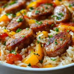 - 1 pound chicken sausage, sliced into rounds - 1 cup long-grain white rice - 1 can (14.5 oz) diced tomatoes, undrained - 1 small onion, finely diced - 1 bell pepper (either red or green), diced into bite-sized pieces - 2 cloves garlic, minced - 1 teaspoon smoked paprika - 1 teaspoon dried oregano - Salt and pepper to taste - Fresh parsley or cilantro, chopped - Lime wedges Gathering the right ingredients is key for a great meal. Chicken sausage adds protein and flavor. Long-grain white rice offers a fluffy base. Diced tomatoes bring moisture and a touch of sweetness. Next, you need fresh veggies. Onion and bell pepper add crunch and color. Garlic gives a rich aroma and depth to the dish. The smoked paprika and oregano provide warmth and earthiness. Salt and pepper finish the flavor. For a bright touch, consider garnishing with fresh parsley or cilantro. Lime wedges add a zesty kick that brightens the whole dish. Cooking this meal is easy and fun with these fresh, vibrant ingredients! {{ingredient_image_2}} - Heat 2 tablespoons of olive oil in a large skillet over medium heat. - Add 1 pound of sliced chicken sausage. Cook for 5-7 minutes until golden brown. - Once browned, take the sausage out of the skillet and place it on a plate. - In the same skillet, add 1 small diced onion and 1 diced bell pepper. - Sauté for 3-4 minutes until the onion is soft and clear. - Stir in 2 minced garlic cloves and cook for 1 more minute until fragrant. - Add 1 cup of long-grain white rice into the skillet. - Stir well to coat the rice with oil and veggies. Toast the rice for 2 minutes while stirring. - Pour in 1 can of diced tomatoes with juice and 3 cups of chicken broth. Mix everything well. - Season with salt and pepper to taste. - Turn up the heat to boil the mixture, stirring often. - Once boiling, reduce the heat to low. Cover and simmer for 15 minutes until the rice is soft. - After 15 minutes, stir in 1 cup of frozen peas. - Add the cooked sausage back into the skillet. Cover and heat for 5 more minutes. - Fluff the rice and sausage mixture with a fork. Adjust the seasoning if needed. - Ensuring perfect rice consistency: To get the best rice, rinse it first. Rinsing removes extra starch. This helps the rice stay fluffy and not sticky. Use long-grain white rice for the best texture. Ensure you use the right amount of broth. Three cups of broth to one cup of rice is ideal. - Avoiding burnt garlic: Garlic can burn quickly, which gives a bitter taste. Add it after the onion and bell pepper are soft. Cook the garlic for just one minute. Stir it often to keep it from burning. - Storing leftovers: Let the dish cool down before storing. Place it in an airtight container. It will keep well in the fridge for up to three days. If you want to store it longer, freeze it for up to two months. - Reheating methods: Reheat in the microwave for a quick meal. Add a splash of broth to keep it moist. You can also reheat it on the stove. Just add a little water and cover the pan to warm it through. - Presentation ideas: Serve the skillet hot from the pan. Top it with fresh parsley or cilantro. This adds color and a fresh taste. You can also squeeze lime wedges over the dish for a zesty kick. - Accompaniments and side dishes: Pair it with a fresh salad for a light meal. Garlic bread also goes well, adding a crunchy side. You could also serve it with a side of steamed veggies for a balanced meal. Pro Tips Cook the Sausage First: Sautéing the sausage first not only adds flavor but also allows it to crisp up nicely, enhancing the overall texture of the dish. Toast the Rice: Toasting the rice in the olive oil before adding liquids is a great way to deepen its flavor and improve the dish's overall taste. Adjust the Liquid: Depending on the brand of rice, you may need to adjust the amount of chicken broth. Always check the rice package instructions for the best results. Garnish for Freshness: Adding fresh herbs like parsley or cilantro just before serving brightens the flavors and adds a pop of freshness to your dish. {{image_4}} You can easily change the sausage in this dish. Try pork or turkey sausage if you prefer. If you want a plant-based meal, choose vegan sausage. Each option brings its own flavor and texture. Vegetables are another area for swaps. Zucchini adds a nice crunch, while spinach gives a fresh taste. Feel free to mix and match based on what you have. This dish is very flexible! To kick up the heat, add cayenne pepper. It gives a spicy kick that some love. Italian seasoning also works well for a herby touch. Just sprinkle in your desired amount. If you want creaminess, try adding cheese. A handful of shredded cheese melted in will make it rich and savory. You can use cheddar or mozzarella for a great taste. These small changes can make your sausage and rice skillet a new dish every time! Each serving of this Sausage and Rice Skillet holds about 450 calories. This dish packs a healthy punch with 30 grams of protein, 14 grams of fat, and 50 grams of carbohydrates. The chicken sausage offers lean protein. The rice provides energy, while the vegetables add fiber and nutrients. Using chicken sausage has its perks. It is lower in fat than pork sausage. This choice keeps the dish lighter without losing flavor. Chicken sausage also offers essential proteins and vitamins. The veggies in this dish boost its nutrition. Bell peppers are rich in vitamin C. They help with immunity and skin health. Onions add antioxidants, which support heart health. Garlic is another powerhouse. It may help lower blood pressure and improve cholesterol levels. The peas provide fiber and vitamins as well, making this dish both tasty and good for you. Cooking sausage in the skillet takes about 5 to 7 minutes. Heat the olive oil first. Then, add the sausage rounds. Cook until they turn golden brown. Yes, you can use brown rice. However, it takes longer to cook. Brown rice usually needs about 40 to 45 minutes. Adjust the amount of broth as needed. You can use ground turkey, chicken, or even plant-based sausage. These will give a similar flavor. You can also try diced ham or bacon for a different taste. Check the rice after 15 minutes of simmering. The rice should be tender and absorb most of the liquid. If it is still hard, cover and cook for a few more minutes. In this blog post, we explored how to make a delicious sausage and rice skillet. We covered key ingredients like chicken sausage, rice, and tasty vegetables. I shared step-by-step cooking instructions, plus tips for a perfect dish. You learned how to store leftovers and try different flavors. This meal is not only easy but also packed with nutrition. Enjoy cooking, experimenting, and sharing your tasty creation. Cooking should be fun and satisfying!