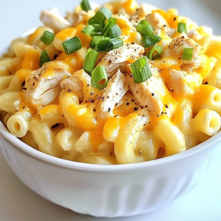 To make Honey Pepper Chicken Mac & Cheese, you will need the following ingredients: - 2 cups elbow macaroni - 2 cups cooked chicken, shredded or diced - 1 cup shredded sharp cheddar cheese - 1 cup shredded mozzarella cheese - 1 cup milk - 1/2 cup honey - 1 teaspoon black pepper (adjust to taste) - 1 teaspoon garlic powder - 1 teaspoon onion powder - 2 tablespoons butter - 2 tablespoons all-purpose flour - Salt to taste - 1/4 cup green onions, chopped (for garnish) Each ingredient plays a vital role in the dish. The elbow macaroni serves as the base. The chicken adds protein and flavor. The cheeses create a creamy and rich sauce. Honey brings sweetness, while black pepper adds a nice kick. Garlic and onion powders round out the flavors. Butter and flour help make the sauce smooth. Finally, green onions give a fresh touch as a garnish. You can find these ingredients at any grocery store. Check your pantry too; you may already have some on hand. {{ingredient_image_2}} To start, fill a large pot with water. Add a pinch of salt and bring it to a boil. Add 2 cups of elbow macaroni to the pot. Cook the macaroni according to the package instructions until it’s al dente. This usually takes about 7-9 minutes. Once cooked, drain the pasta in a colander and set it aside. Next, let’s make the cheese sauce. Begin by placing a medium saucepan over medium heat. Add 2 tablespoons of butter. Once it melts and bubbles, add 2 tablespoons of all-purpose flour. Stir this mix for 1-2 minutes. This creates a roux, which is the base for our sauce. Now, slowly pour in 1 cup of milk while whisking. This helps avoid lumps. Keep stirring for about 3-5 minutes until the mixture thickens. Lower the heat and add 1 cup of shredded sharp cheddar cheese and 1 cup of shredded mozzarella cheese. Mix until all the cheese melts and the sauce is creamy. In a separate skillet, heat it over medium heat. Add 2 cups of cooked chicken, either shredded or diced. Pour in 1/2 cup of honey, 1 teaspoon of black pepper, 1 teaspoon of garlic powder, and 1 teaspoon of onion powder. Stir everything well. Cook for about 3-4 minutes until the chicken is hot and coated with the sweet and spicy mix. In a large mixing bowl, combine the cooked macaroni, cheese sauce, and the honey pepper chicken. Stir everything together until the pasta is well-coated with the creamy sauce. This step is key to getting full flavor in every bite. If you like a baked mac and cheese, preheat your oven to 350°F (175°C). Transfer the mixture into a greased baking dish. For an extra cheesy top, sprinkle some more shredded cheese on top. Bake for 20-25 minutes until the top is bubbly and golden brown. When serving, spoon the mac and cheese into bowls. For a fresh touch, sprinkle with 1/4 cup of chopped green onions. This adds a nice crunch and color to your dish. Enjoy your Honey Pepper Chicken Mac & Cheese! - Ensuring pasta is al dente: Cook the elbow macaroni for about 7-8 minutes. It should be firm. This helps it hold up in the cheese sauce. Remember to drain the pasta but do not rinse it. Rinsing removes the starch that helps the sauce stick. - Preventing lumps in cheese sauce: When making the cheese sauce, whisk the milk slowly into the roux. Stir constantly to keep the mixture smooth. If lumps form, keep whisking. A little patience goes a long way for a creamy sauce. - Adjusting sweetness with honey: The honey adds a sweet touch. You can use less honey if you prefer a less sweet dish. Start with 1/4 cup and taste. Add more if you want more sweetness. - Spice levels and seasoning variations: Adjust the black pepper to your taste. For more heat, add some crushed red pepper flakes. You can also try smoked paprika for a different flavor profile. - Serving suggestions with sides: Serve the mac and cheese in rustic bowls. A simple green salad makes a great side. The fresh crunch of the salad balances the creamy dish. You can also add some garlic bread for a hearty meal. Pro Tips Cook Pasta Al Dente: For the best texture, ensure your macaroni is cooked al dente, as it will continue to cook slightly when mixed with the cheese sauce. Choose Quality Cheese: Using high-quality sharp cheddar and mozzarella will greatly enhance the flavor of your cheese sauce, making it richer and creamier. Adjust Spice Levels: Feel free to adjust the amount of black pepper and honey based on your preference for spiciness and sweetness. Don't be afraid to experiment! Baking Tips: If baking, cover the dish with foil for the first 15 minutes to keep it moist, then uncover for the last 10 minutes to achieve a golden top. {{image_4}} You can make this dish meat-free. Simply replace the chicken with your favorite veggies. Broccoli, bell peppers, or zucchini work well. Sauté the veggies in a pan until soft. Then, mix them with the cheese sauce and pasta. This gives you a tasty, colorful meal. You can switch up the cheese for a different flavor. Try gouda, pepper jack, or fontina. Each cheese adds a unique taste to the dish. Experiment with a mix of cheeses for extra creaminess. Make sure to adjust the amount based on your preference. For a gluten-free version, swap out regular pasta for gluten-free pasta. Many brands offer great options now. Just cook the gluten-free pasta according to the package. The rest of the recipe stays the same. Enjoy a delicious meal that fits your diet! To keep your Honey Pepper Chicken Mac & Cheese fresh, store it in an airtight container. Make sure it cools to room temperature before sealing. This prevents moisture build-up, which can make the dish soggy. It stays good for about three to four days in the fridge. Label the container with the date to track freshness. Reheating mac & cheese can be simple. You can use the microwave or the stovetop. For the microwave, place a portion in a bowl. Add a splash of milk to help restore creaminess. Heat in short bursts, stirring in between, until hot. If using the stovetop, heat it in a pan over low heat. Stir often and add milk as needed to keep it creamy. To freeze your mac & cheese, first let it cool completely. Then, portion it into freezer-safe bags or containers. Remove as much air as possible to reduce freezer burn. It can last up to three months in the freezer. When you want to eat it, thaw in the fridge overnight. Then reheat it using the microwave or stovetop method. Honey Pepper Chicken Mac & Cheese is a comforting dish. It blends creamy cheese sauce, sweet honey, and spicy chicken. The dish has a rich, savory taste with a hint of sweetness. The black pepper adds a warm kick, making each bite flavorful and exciting. Yes, you can prepare Honey Pepper Chicken Mac & Cheese ahead of time. Cook and combine all the ingredients as usual. Then, store it in an airtight container in the fridge. This dish stays fresh for up to three days. When ready to serve, just reheat it in the oven or microwave. To make it spicier, add more black pepper or use crushed red pepper flakes. You can also mix in diced jalapeños or a splash of hot sauce. Adjust the heat level to your taste for an extra kick. This dish pairs well with a simple green salad. The fresh greens balance the creamy mac and cheese. You could also serve it with garlic bread or roasted vegetables. These sides add texture and flavor to your meal. This blog post covered how to make Honey Pepper Chicken Mac & Cheese. We discussed the key ingredients, detailed cooking steps, and helpful tips. You can add your own flair with variations or spice it up. Remember, cooking should be fun! Experiment with flavors to find what you love. Enjoy your meal, and share it with friends for extra joy!
