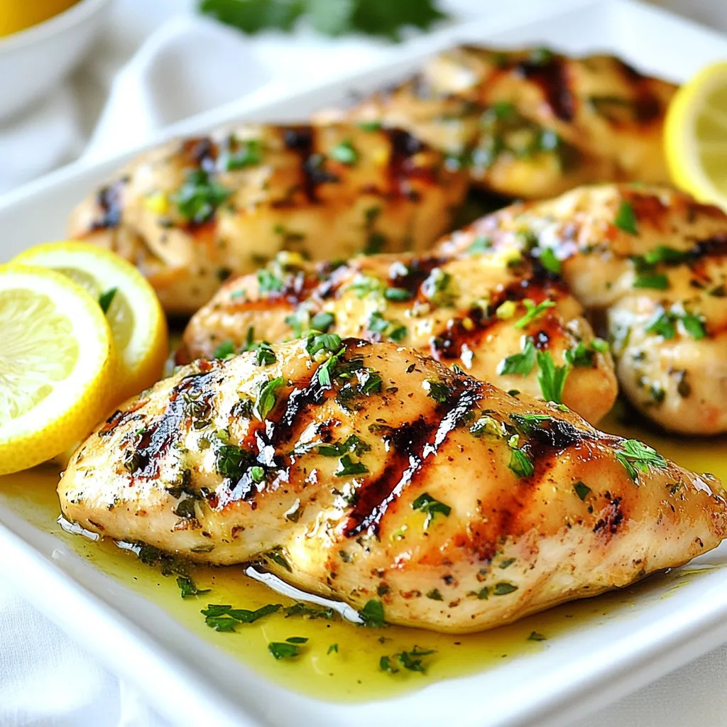 - 4 boneless, skinless chicken breasts - 1/4 cup extra virgin olive oil - Juice of 2 large juicy lemons - Zest of 1 lemon - 4 cloves garlic, finely minced - 2 teaspoons dried oregano - 1 teaspoon sea salt - 1/2 teaspoon freshly cracked black pepper - 1/4 teaspoon red pepper flakes (optional) - Fresh parsley, finely chopped (for garnish) Using fresh ingredients makes a big difference. Fresh chicken tastes better and is juicier. Fresh lemons give a bright, zesty flavor. Garlic, herbs, and spices should be fresh too. They add more aroma and taste. When you use fresh items, your dish will shine. It elevates the meal and impresses everyone at the table. For olive oil, I recommend brands like Colavita or Pompeian. They have great flavor and quality. When it comes to spices, look for McCormick or Simply Organic. These brands ensure you get fresh and tasty spices. Quality ingredients lead to the best flavors in your Greek lemon chicken. {{ingredient_image_2}} To make the marinade, start with a big bowl. Combine these ingredients: - 1/4 cup extra virgin olive oil - Juice of 2 large lemons - Zest of 1 lemon - 4 minced garlic cloves - 2 teaspoons dried oregano - 1 teaspoon sea salt - 1/2 teaspoon black pepper - 1/4 teaspoon red pepper flakes (optional) Whisk everything together until mixed well. The smell should be fresh and zesty. Next, add the chicken breasts to the marinade. Make sure each piece gets coated. Cover the bowl tightly with plastic wrap. Place it in the fridge. Let it sit for at least 30 minutes. For the best taste, two hours is better. This step is key for flavor. When marinating is done, preheat your grill or grill pan to medium-high. Take the chicken out of the marinade. Allow excess marinade to drip off. Discard the leftover marinade to keep things safe. Place the chicken on the hot grill. Cook for 6-8 minutes on one side. Flip the chicken and grill for another 6-8 minutes. Use a meat thermometer to check that it reaches 165°F (75°C). The chicken should look golden brown. Once done, move the chicken to a plate. Let it rest for about 5 minutes. This helps keep the juices in. Before serving, sprinkle with fresh parsley for a touch of color and taste. Enjoy your Greek lemon chicken! Marinating chicken is key to great flavor. Use a large bowl for mixing. Combine olive oil, lemon juice, zest, garlic, oregano, salt, and pepper. Whisk until blended. Make sure you coat the chicken well. Cover the bowl and chill it in the fridge. Marinate for at least 30 minutes, but two hours gives the best taste. This helps the chicken soak up the lemon and garlic flavors. To get those perfect grill marks, preheat your grill to medium-high. Make sure the grill grates are clean and oiled. Place the marinated chicken directly onto the grill. Do not move the chicken for the first 6-8 minutes. This allows those nice grill lines to form. After that time, flip the chicken and grill for another 6-8 minutes. Check the temperature to ensure it reaches 165°F (75°C). Resting your chicken is essential for juiciness. Once grilled, place the chicken on a plate. Let it sit for about 5 minutes. This helps the juices redistribute throughout the meat. Cutting too soon can lead to dry chicken. Enjoy the flavor and tenderness that comes from this simple step. Pro Tips Marinate Longer for Flavor: For the best taste, marinate the chicken for at least 2 hours or overnight. This allows the flavors to penetrate deeply into the meat. Use a Meat Thermometer: To ensure perfectly cooked chicken, use a meat thermometer to check the internal temperature. It should reach 165°F (75°C) for safe consumption. Let it Rest: After grilling, allow the chicken to rest for about 5 minutes. This helps the juices redistribute, keeping the chicken moist and flavorful. Garnish for a Pop of Color: Finish your dish with freshly chopped parsley for an appealing presentation and a fresh flavor boost that complements the lemony chicken. {{image_4}} You can cook Greek lemon chicken in the oven if you prefer. Preheat your oven to 400°F (200°C). Place marinated chicken breasts in a baking dish. Bake for 25-30 minutes or until the chicken reaches 165°F (75°C). This method keeps the chicken juicy and tender. Cover the dish with foil for the first 15 minutes to lock in moisture. Feel free to get creative with flavors. You can add fresh herbs like thyme or rosemary for a different taste. A pinch of cumin or paprika adds warmth. If you love spice, add more red pepper flakes. You can also try lemon pepper seasoning for an extra citrus kick. Each change brings a unique twist to the dish. Pair your Greek lemon chicken with a refreshing Greek salad. A side of roasted vegetables or rice works well too. You can also serve it with warm pita bread and tzatziki sauce. For a drink, a chilled glass of white wine or lemonade complements the meal nicely. These pairings enhance the meal, making it a true Mediterranean delight. To keep your leftover Greek lemon chicken fresh, let it cool completely. Place it in an airtight container. Make sure to store it in the fridge. It will stay good for about three to four days. If you’re not going to eat it soon, freezing is a great option. When you want to eat the leftover chicken, take it out of the fridge. You can reheat it in the oven or a skillet. For the oven, preheat to 350°F (175°C). Place the chicken in a baking dish and cover it with foil. Heat for about 15-20 minutes until warm. If using a skillet, add a bit of oil and warm it on medium heat for about five minutes. If you choose to freeze the chicken, wrap each piece tightly in plastic wrap. Then, place them in a freezer bag. Remove as much air as possible. The chicken can stay frozen for up to three months. When ready to eat, thaw it in the fridge overnight before reheating. This keeps the chicken juicy and tasty. You can serve Greek Lemon Chicken with many tasty sides. A vibrant Greek salad makes a great choice. It adds fresh flavors with cucumbers, tomatoes, feta cheese, and olives. Grilled vegetables also work well; try zucchini, bell peppers, or asparagus. For something heartier, serve it with rice or quinoa. You can also pair the chicken with warm pita bread for a fun texture. Greek Lemon Chicken lasts about 3 to 4 days in the fridge. Make sure to store it in an airtight container. This keeps the chicken fresh and tasty. If you want it to last longer, consider freezing it. When storing, let it cool first. This helps keep the chicken juicy when you heat it later. Marinating for at least 30 minutes is good. It lets the flavors soak into the chicken. However, marinating for up to 2 hours gives the best taste. The longer you let it sit, the more intense the flavor becomes. Just avoid marinating for too long, as it can make the chicken mushy. Greek Lemon Chicken comes from the rich culinary traditions of Greece. It features bright flavors that highlight the use of lemon and olive oil. These ingredients are staples in Greek cooking. The dish reflects the Mediterranean lifestyle, focusing on fresh, healthy foods. It is often served at family meals and special occasions, celebrating the joy of sharing good food. You learned how fresh ingredients make a big difference in flavor. I shared step-by-step tips for marinating and grilling chicken to perfection. Proper techniques create juicy, flavorful results. You also discovered various cooking methods and tasty variations to try. Storing and reheating leftovers is easy with my tips. In conclusion, use these insights to enhance your meals. Enjoy experimenting in the kitchen, and have fun with Greek Lemon Chicken. It's a dish that is sure to impress!