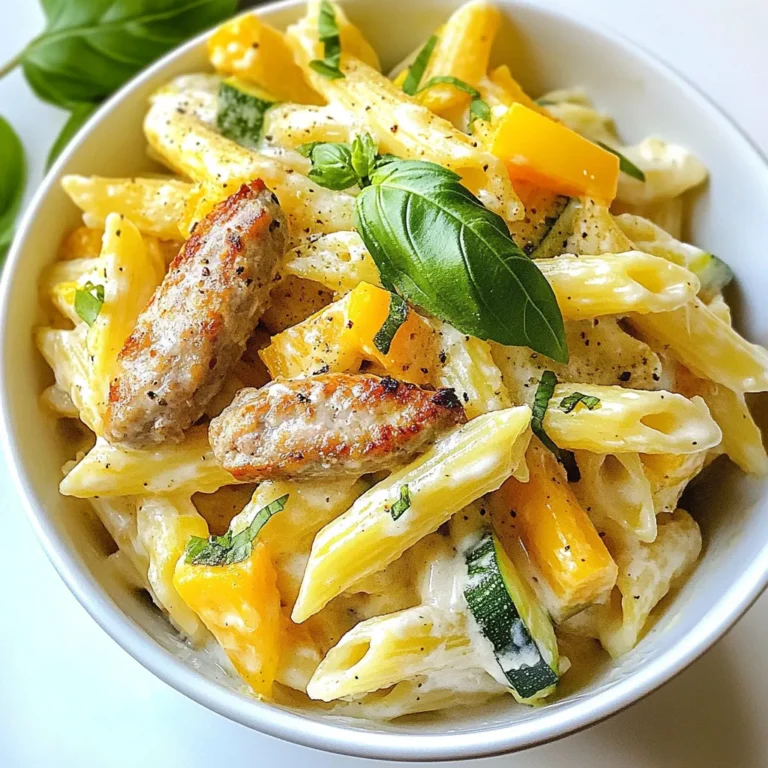 - 8 oz penne pasta - 1 pound chicken sausage, sliced into rounds - 3 cloves garlic, finely minced - 1 bell pepper (red or yellow), diced into small pieces - 1 medium zucchini, cut into half-moons Penne pasta is great because it holds sauce well. Chicken sausage adds a nice flavor and protein. Garlic gives a lovely aroma, while bell pepper and zucchini add color and crunch. - 1 cup heavy cream - 1 cup freshly grated Parmesan cheese - 4 cups low-sodium chicken broth Heavy cream makes the sauce rich and smooth. Parmesan cheese adds a salty kick. Low-sodium chicken broth keeps it light and tasty. - 2 tablespoons olive oil - 1 teaspoon Italian seasoning blend - Salt and freshly ground black pepper to taste - Fresh basil leaves, torn for garnish Olive oil helps cook the sausage and veggies. Italian seasoning brings a warm flavor. Salt and pepper enhance the dish, while fresh basil adds a bright touch. {{ingredient_image_2}} Start by heating 2 tablespoons of olive oil in a large pot or Dutch oven over medium heat. Once the oil shimmers, add 1 pound of sliced chicken sausage. Cook the sausage for about 5 to 7 minutes, stirring occasionally. You want it to become nicely browned. Next, add 3 cloves of minced garlic, 1 diced bell pepper, and 1 medium zucchini cut into half-moons. Sauté these ingredients for an additional 3 to 4 minutes. This step helps the vegetables soften and release their sweet flavors. Now it’s time to add the pasta! Carefully pour in 4 cups of low-sodium chicken broth and 8 oz of penne pasta. Stir well to make sure the pasta is fully submerged. Increase the heat to bring the mixture to a gentle boil. Once boiling, reduce the heat to low and cover the pot. Let it simmer for 12 to 15 minutes, stirring occasionally. You want the pasta to be al dente and most of the broth absorbed. After the pasta is cooked, reduce the heat to low again. Stir in 1 cup of heavy cream, 1 cup of freshly grated Parmesan cheese, and 1 teaspoon of Italian seasoning. Mix everything thoroughly until the cheese melts and the pasta becomes coated in a creamy sauce. Taste the dish and add salt and freshly ground black pepper to your liking. Remove the pot from heat and let it sit for a couple of minutes. This helps the sauce thicken slightly. Before serving, garnish with torn fresh basil leaves for a burst of color and flavor. To get that perfect pasta texture, cook the penne to al dente. This means it should be firm yet tender. Keep an eye on it while it simmers. If you find the sauce too thin, leave it on low heat for a bit longer. Stir gently to avoid sticking. If it gets too thick, you can add a little chicken broth to loosen it up. Balance is key! For richer flavors, use fresh herbs like basil or parsley. Fresh herbs add life to any dish. I love using quality grated Parmesan cheese. It melts beautifully and adds depth. Feel free to experiment with different cheeses, too. A sharp cheese can really elevate the dish. Serve your pasta in shallow bowls for a nice look. Sprinkle extra grated Parmesan on top. This adds texture and taste. Don’t forget a few fresh basil leaves for color. Drizzling a bit of olive oil on top can add shine and flavor. These simple tips can make your meal feel special! Pro Tips Choose Quality Sausage: Opt for chicken sausage that is made with high-quality ingredients for the best flavor. Vegetable Variations: Feel free to substitute or add other vegetables like spinach or mushrooms for extra nutrition and flavor. Cheese Options: For a twist, try incorporating different cheeses like mozzarella or a blend of Italian cheeses to enhance creaminess. Leftovers Storage: Store leftover pasta in an airtight container in the fridge for up to 3 days. Reheat with a splash of broth to revive the sauce. {{image_4}} You can easily switch up the chicken sausage and pasta in this dish. If you want a different flavor, try turkey or pork sausage. For a lighter touch, chicken breast works too. As for pasta, penne is great, but you can use rotini, fusilli, or even whole wheat options. Each type gives a new shape and texture. Making this dish fit your diet is simple. To go gluten-free, just pick gluten-free pasta. For a dairy-free meal, swap the heavy cream with coconut milk or a dairy-free cream. You can also skip the cheese or use a nut-based cheese. If you want it vegan, choose plant-based sausage and remove all dairy. Add your own twist by using different spices or cheeses. Want a kick? Try adding crushed red pepper flakes. You might like smoked paprika for a smoky taste. Instead of Parmesan, switch to feta or goat cheese for a tangy flavor. Fresh herbs like thyme or oregano can also boost the taste. Each change offers a new way to enjoy this creamy delight. To keep your creamy chicken sausage pasta fresh, use airtight containers. Glass containers work best, but plastic ones are fine too. Make sure to cool the pasta to room temperature before sealing. Store it in the fridge for up to three days. This way, you can enjoy it later without losing flavor. When you want to enjoy your leftovers, use the stovetop or microwave. For the stovetop, add a splash of broth or cream to the pasta. Heat it on low, stirring gently until warm. This helps keep the sauce creamy. If using the microwave, place the pasta in a bowl and cover it with a damp paper towel. Heat in short bursts, stirring in between, until hot. If you want to save some for later, freezing is a great option. First, let the pasta cool completely. Then, portion it into freezer-safe bags or containers. Squeeze out excess air before sealing. You can freeze it for up to three months. To thaw, move the pasta to the fridge overnight. Reheat it gently on the stovetop, adding a bit of cream if needed for texture. Yes, you can use many types of sausage. Italian sausage adds a nice kick. Turkey or pork sausage works well too. If you prefer a different flavor, try chorizo or smoked sausage. Each type gives a unique taste to the dish. Just make sure to adjust cooking times based on the sausage type. Absolutely! This pasta dish is perfect for meal prep. It stores well in the fridge for up to three days. To meal prep, divide the pasta into containers after cooking. This makes it easy to grab for lunch or dinner. You can reheat it in the microwave or on the stove. Just add a splash of broth or cream to keep it moist. If you want more heat, there are several easy ways to spice it up. Add red pepper flakes when cooking the sausage. You can also mix in diced jalapeños or a splash of hot sauce. For a unique twist, try adding a dash of cayenne pepper. Taste as you go to find your perfect spice level. This blog post covered a creamy pasta recipe featuring chicken sausage and fresh veggies. You learned how to prepare the base, cook the pasta, and create a rich sauce. I shared tips to enhance texture and flavor, plus variations for dietary needs. Remember to store leftovers correctly for best taste. With this knowledge, you can whip up a delicious meal that suits your needs and preferences. Enjoy making this dish your own while impressing your friends and family!