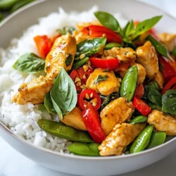 For a delicious Thai basil chicken stir fry, gather these items: - 1 lb (450g) chicken breast, thinly sliced into bite-sized pieces - 1 cup fresh Thai basil leaves, packed - 2 tablespoons vegetable oil - 4 cloves garlic, finely minced - 2 Thai bird's eye chilies, thinly sliced (adjust for desired spiciness) - 1 red bell pepper, cut into strips - 1 cup snap peas, trimmed - 3 tablespoons soy sauce - 1 tablespoon oyster sauce - 1 teaspoon sugar - Salt and pepper, to taste - Cooked jasmine rice, for serving If you are missing an ingredient, here are some options: - Chicken breast can be swapped for chicken thighs for extra flavor. - Use regular basil if you can’t find Thai basil, but it will change the taste. - For a gluten-free option, replace soy sauce with tamari. - Snap peas can be replaced with green beans or broccoli florets. - You can use any color bell pepper if red is unavailable. Choosing fresh ingredients makes a big difference. Here are my tips: - Chicken: Look for chicken that is pink and has no bad smell. - Basil: Choose bright green leaves without any brown spots or wilting. - Garlic: Pick firm bulbs with tight skin, avoiding any that are sprouting. - Chilies: Select firm, vibrant chilies for the best flavor and heat. - Vegetables: Choose crisp snap peas and bell peppers. They should feel firm and look shiny. Using fresh ingredients will make your Thai basil chicken stir fry truly shine! {{ingredient_image_2}} Start by gathering all your ingredients. This makes cooking smooth and fun. Slice the chicken breast into small pieces. Cut the red bell pepper into strips. Trim the snap peas and set them aside. Mince the garlic finely. The better your prep, the easier the cooking! Heat a large wok or skillet over medium-high heat. Add the vegetable oil until it shimmers. Carefully add your sliced chicken to the hot oil. Stir-fry it for about 4 to 5 minutes. Cook until the chicken turns golden brown and is no longer pink. Once done, remove the chicken and place it on a plate. In the same wok, add the minced garlic and sliced bird’s eye chilies. Stir-fry for about 30 seconds. You want to smell the garlic and chilies. This step adds great flavor. Be careful not to burn them; that can ruin the dish! Next, toss in the sliced red bell pepper and snap peas. Stir-fry for 2 to 3 minutes. You want the veggies to stay colorful and crisp. Then, return the cooked chicken to the wok. Add the soy sauce, oyster sauce, and sugar. Mix everything for about 2 minutes. This helps the flavors blend well. Finally, take the wok off the heat. Gently fold in the fresh Thai basil leaves. The heat will make them wilt a bit, releasing their lovely scent. Taste your stir-fry and add salt and pepper as needed. Serve it hot over fluffy jasmine rice. Enjoy every bite! Stir-frying is quick and fun! Here are some tips to make it even better: - Use a hot wok: Heat your wok until it shimmers. This helps cook the chicken fast. - Don’t crowd the pan: If you add too much at once, food will steam instead of fry. Cook in batches if needed. - Keep it moving: Stir constantly to cook evenly and prevent burning. Do you like it spicy or mild? Here’s how to adjust the heat: - Start small: Use one bird's eye chili for a mild touch. You can always add more later. - Remove seeds: If you want less heat, take out the seeds from the chilies. - Add sauces: Soy sauce and oyster sauce can balance heat with flavor. Taste as you go! Leftovers can be tasty too! Here’s how to store them right: - Cool before storing: Let the stir fry cool down before putting it in the fridge. - Use airtight containers: This keeps your food fresh and prevents odors. - Eat within three days: Enjoy your leftovers within three days for the best taste. Pro Tips Use Fresh Basil: For the best flavor, always use fresh Thai basil. Its aromatic oils are crucial for authentic taste and aroma. Control the Heat: Adjust the number of bird's eye chilies based on your spice tolerance. Start with one and add more if you prefer extra heat. High Heat Cooking: Stir-frying is best done on high heat to achieve that signature char and to keep the vegetables crisp. Don’t overcrowd the pan. Serve Immediately: For the best texture and flavor, serve the stir-fry right after cooking. It’s best enjoyed fresh and hot over jasmine rice. {{image_4}} You can easily make this dish vegetarian or vegan. Swap the chicken for firm tofu. Use the same method to cook the tofu. Just make sure to press it first to remove excess water. This will help it absorb flavors well. For a vegan sauce, use soy sauce and skip the oyster sauce. Try adding a bit of hoisin sauce for sweetness. If you want to change the protein, consider using shrimp or beef. For shrimp, cook them just until they turn pink. For beef, thinly slice it against the grain for tenderness. You can also use seitan, which mimics meat texture. Each of these options will bring unique flavors to your dish. Feel free to get creative with your veggies! Broccoli, carrots, or baby corn work well. You can also try adding mushrooms for an earthy taste. Use what you have on hand. Just remember to keep the cooking time in mind. Some veggies may cook faster than others. Always aim for a mix of colors for a vibrant plate. After enjoying your Thai basil chicken stir fry, let it cool. Place the leftovers in an airtight container. This helps keep your dish fresh. Store it in the fridge for up to three days. Make sure to keep it away from strong-smelling foods. This keeps the flavors intact and prevents any unwanted odors. When you’re ready to eat your leftovers, you can reheat them easily. Use a skillet over medium heat. Add a splash of water or oil to help steam the chicken. Stir often to heat it evenly. You can also use a microwave. Place the stir fry in a microwave-safe bowl. Cover it with a damp paper towel. Heat for one to two minutes, stirring halfway. You can freeze the stir fry if you want to save it longer. First, let it cool completely. Then, transfer it to a freezer-safe bag or container. Squeeze out any air to prevent freezer burn. This dish can last in the freezer for up to three months. When ready to eat, thaw it overnight in the fridge. Reheat it using the instructions above for the best taste. Thai basil has a unique taste. It is spicier and has a hint of anise flavor. Regular basil is sweeter and milder. You can spot Thai basil by its purple stems and pointed leaves. It works great in stir-fries, adding depth to each bite. Yes, you can prep some parts ahead. Slice the chicken and chop the veggies in advance. Store them in the fridge until you’re ready to cook. However, it’s best to add the basil fresh at the end. This keeps its flavor vibrant. Serve this dish with jasmine rice for a perfect match. The rice soaks up the flavorful sauce. You can also add a side of steamed vegetables or a fresh salad. This adds more color and crunch to your meal. Enjoy your cooking! In this post, I covered the key ingredients for your Thai Basil Chicken Stir Fry. I shared tips for selecting fresh items and offered substitutes. We went through a step-by-step guide on preparing and cooking the dish. I included best practices, variations, and storage tips for leftovers. Remember, cooking should be fun and flexible. Use this information to make the dish your own. Enjoy experimenting with new flavors and ingredients!