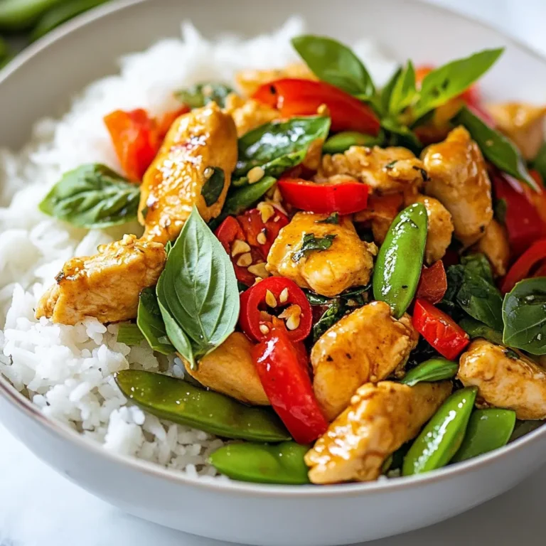 For a delicious Thai basil chicken stir fry, gather these items: - 1 lb (450g) chicken breast, thinly sliced into bite-sized pieces - 1 cup fresh Thai basil leaves, packed - 2 tablespoons vegetable oil - 4 cloves garlic, finely minced - 2 Thai bird's eye chilies, thinly sliced (adjust for desired spiciness) - 1 red bell pepper, cut into strips - 1 cup snap peas, trimmed - 3 tablespoons soy sauce - 1 tablespoon oyster sauce - 1 teaspoon sugar - Salt and pepper, to taste - Cooked jasmine rice, for serving If you are missing an ingredient, here are some options: - Chicken breast can be swapped for chicken thighs for extra flavor. - Use regular basil if you can’t find Thai basil, but it will change the taste. - For a gluten-free option, replace soy sauce with tamari. - Snap peas can be replaced with green beans or broccoli florets. - You can use any color bell pepper if red is unavailable. Choosing fresh ingredients makes a big difference. Here are my tips: - Chicken: Look for chicken that is pink and has no bad smell. - Basil: Choose bright green leaves without any brown spots or wilting. - Garlic: Pick firm bulbs with tight skin, avoiding any that are sprouting. - Chilies: Select firm, vibrant chilies for the best flavor and heat. - Vegetables: Choose crisp snap peas and bell peppers. They should feel firm and look shiny. Using fresh ingredients will make your Thai basil chicken stir fry truly shine! {{ingredient_image_2}} Start by gathering all your ingredients. This makes cooking smooth and fun. Slice the chicken breast into small pieces. Cut the red bell pepper into strips. Trim the snap peas and set them aside. Mince the garlic finely. The better your prep, the easier the cooking! Heat a large wok or skillet over medium-high heat. Add the vegetable oil until it shimmers. Carefully add your sliced chicken to the hot oil. Stir-fry it for about 4 to 5 minutes. Cook until the chicken turns golden brown and is no longer pink. Once done, remove the chicken and place it on a plate. In the same wok, add the minced garlic and sliced bird’s eye chilies. Stir-fry for about 30 seconds. You want to smell the garlic and chilies. This step adds great flavor. Be careful not to burn them; that can ruin the dish! Next, toss in the sliced red bell pepper and snap peas. Stir-fry for 2 to 3 minutes. You want the veggies to stay colorful and crisp. Then, return the cooked chicken to the wok. Add the soy sauce, oyster sauce, and sugar. Mix everything for about 2 minutes. This helps the flavors blend well. Finally, take the wok off the heat. Gently fold in the fresh Thai basil leaves. The heat will make them wilt a bit, releasing their lovely scent. Taste your stir-fry and add salt and pepper as needed. Serve it hot over fluffy jasmine rice. Enjoy every bite! Stir-frying is quick and fun! Here are some tips to make it even better: - Use a hot wok: Heat your wok until it shimmers. This helps cook the chicken fast. - Don’t crowd the pan: If you add too much at once, food will steam instead of fry. Cook in batches if needed. - Keep it moving: Stir constantly to cook evenly and prevent burning. Do you like it spicy or mild? Here’s how to adjust the heat: - Start small: Use one bird's eye chili for a mild touch. You can always add more later. - Remove seeds: If you want less heat, take out the seeds from the chilies. - Add sauces: Soy sauce and oyster sauce can balance heat with flavor. Taste as you go! Leftovers can be tasty too! Here’s how to store them right: - Cool before storing: Let the stir fry cool down before putting it in the fridge. - Use airtight containers: This keeps your food fresh and prevents odors. - Eat within three days: Enjoy your leftovers within three days for the best taste. Pro Tips Use Fresh Basil: For the best flavor, always use fresh Thai basil. Its aromatic oils are crucial for authentic taste and aroma. Control the Heat: Adjust the number of bird's eye chilies based on your spice tolerance. Start with one and add more if you prefer extra heat. High Heat Cooking: Stir-frying is best done on high heat to achieve that signature char and to keep the vegetables crisp. Don’t overcrowd the pan. Serve Immediately: For the best texture and flavor, serve the stir-fry right after cooking. It’s best enjoyed fresh and hot over jasmine rice. {{image_4}} You can easily make this dish vegetarian or vegan. Swap the chicken for firm tofu. Use the same method to cook the tofu. Just make sure to press it first to remove excess water. This will help it absorb flavors well. For a vegan sauce, use soy sauce and skip the oyster sauce. Try adding a bit of hoisin sauce for sweetness. If you want to change the protein, consider using shrimp or beef. For shrimp, cook them just until they turn pink. For beef, thinly slice it against the grain for tenderness. You can also use seitan, which mimics meat texture. Each of these options will bring unique flavors to your dish. Feel free to get creative with your veggies! Broccoli, carrots, or baby corn work well. You can also try adding mushrooms for an earthy taste. Use what you have on hand. Just remember to keep the cooking time in mind. Some veggies may cook faster than others. Always aim for a mix of colors for a vibrant plate. After enjoying your Thai basil chicken stir fry, let it cool. Place the leftovers in an airtight container. This helps keep your dish fresh. Store it in the fridge for up to three days. Make sure to keep it away from strong-smelling foods. This keeps the flavors intact and prevents any unwanted odors. When you’re ready to eat your leftovers, you can reheat them easily. Use a skillet over medium heat. Add a splash of water or oil to help steam the chicken. Stir often to heat it evenly. You can also use a microwave. Place the stir fry in a microwave-safe bowl. Cover it with a damp paper towel. Heat for one to two minutes, stirring halfway. You can freeze the stir fry if you want to save it longer. First, let it cool completely. Then, transfer it to a freezer-safe bag or container. Squeeze out any air to prevent freezer burn. This dish can last in the freezer for up to three months. When ready to eat, thaw it overnight in the fridge. Reheat it using the instructions above for the best taste. Thai basil has a unique taste. It is spicier and has a hint of anise flavor. Regular basil is sweeter and milder. You can spot Thai basil by its purple stems and pointed leaves. It works great in stir-fries, adding depth to each bite. Yes, you can prep some parts ahead. Slice the chicken and chop the veggies in advance. Store them in the fridge until you’re ready to cook. However, it’s best to add the basil fresh at the end. This keeps its flavor vibrant. Serve this dish with jasmine rice for a perfect match. The rice soaks up the flavorful sauce. You can also add a side of steamed vegetables or a fresh salad. This adds more color and crunch to your meal. Enjoy your cooking! In this post, I covered the key ingredients for your Thai Basil Chicken Stir Fry. I shared tips for selecting fresh items and offered substitutes. We went through a step-by-step guide on preparing and cooking the dish. I included best practices, variations, and storage tips for leftovers. Remember, cooking should be fun and flexible. Use this information to make the dish your own. Enjoy experimenting with new flavors and ingredients!