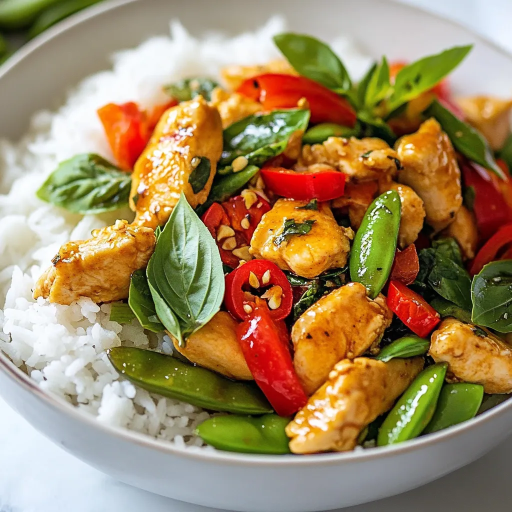 For a delicious Thai basil chicken stir fry, gather these items: - 1 lb (450g) chicken breast, thinly sliced into bite-sized pieces - 1 cup fresh Thai basil leaves, packed - 2 tablespoons vegetable oil - 4 cloves garlic, finely minced - 2 Thai bird's eye chilies, thinly sliced (adjust for desired spiciness) - 1 red bell pepper, cut into strips - 1 cup snap peas, trimmed - 3 tablespoons soy sauce - 1 tablespoon oyster sauce - 1 teaspoon sugar - Salt and pepper, to taste - Cooked jasmine rice, for serving If you are missing an ingredient, here are some options: - Chicken breast can be swapped for chicken thighs for extra flavor. - Use regular basil if you can’t find Thai basil, but it will change the taste. - For a gluten-free option, replace soy sauce with tamari. - Snap peas can be replaced with green beans or broccoli florets. - You can use any color bell pepper if red is unavailable. Choosing fresh ingredients makes a big difference. Here are my tips: - Chicken: Look for chicken that is pink and has no bad smell. - Basil: Choose bright green leaves without any brown spots or wilting. - Garlic: Pick firm bulbs with tight skin, avoiding any that are sprouting. - Chilies: Select firm, vibrant chilies for the best flavor and heat. - Vegetables: Choose crisp snap peas and bell peppers. They should feel firm and look shiny. Using fresh ingredients will make your Thai basil chicken stir fry truly shine! {{ingredient_image_2}} Start by gathering all your ingredients. This makes cooking smooth and fun. Slice the chicken breast into small pieces. Cut the red bell pepper into strips. Trim the snap peas and set them aside. Mince the garlic finely. The better your prep, the easier the cooking! Heat a large wok or skillet over medium-high heat. Add the vegetable oil until it shimmers. Carefully add your sliced chicken to the hot oil. Stir-fry it for about 4 to 5 minutes. Cook until the chicken turns golden brown and is no longer pink. Once done, remove the chicken and place it on a plate. In the same wok, add the minced garlic and sliced bird’s eye chilies. Stir-fry for about 30 seconds. You want to smell the garlic and chilies. This step adds great flavor. Be careful not to burn them; that can ruin the dish! Next, toss in the sliced red bell pepper and snap peas. Stir-fry for 2 to 3 minutes. You want the veggies to stay colorful and crisp. Then, return the cooked chicken to the wok. Add the soy sauce, oyster sauce, and sugar. Mix everything for about 2 minutes. This helps the flavors blend well. Finally, take the wok off the heat. Gently fold in the fresh Thai basil leaves. The heat will make them wilt a bit, releasing their lovely scent. Taste your stir-fry and add salt and pepper as needed. Serve it hot over fluffy jasmine rice. Enjoy every bite! Stir-frying is quick and fun! Here are some tips to make it even better: - Use a hot wok: Heat your wok until it shimmers. This helps cook the chicken fast. - Don’t crowd the pan: If you add too much at once, food will steam instead of fry. Cook in batches if needed. - Keep it moving: Stir constantly to cook evenly and prevent burning. Do you like it spicy or mild? Here’s how to adjust the heat: - Start small: Use one bird's eye chili for a mild touch. You can always add more later. - Remove seeds: If you want less heat, take out the seeds from the chilies. - Add sauces: Soy sauce and oyster sauce can balance heat with flavor. Taste as you go! Leftovers can be tasty too! Here’s how to store them right: - Cool before storing: Let the stir fry cool down before putting it in the fridge. - Use airtight containers: This keeps your food fresh and prevents odors. - Eat within three days: Enjoy your leftovers within three days for the best taste. Pro Tips Use Fresh Basil: For the best flavor, always use fresh Thai basil. Its aromatic oils are crucial for authentic taste and aroma. Control the Heat: Adjust the number of bird's eye chilies based on your spice tolerance. Start with one and add more if you prefer extra heat. High Heat Cooking: Stir-frying is best done on high heat to achieve that signature char and to keep the vegetables crisp. Don’t overcrowd the pan. Serve Immediately: For the best texture and flavor, serve the stir-fry right after cooking. It’s best enjoyed fresh and hot over jasmine rice. {{image_4}} You can easily make this dish vegetarian or vegan. Swap the chicken for firm tofu. Use the same method to cook the tofu. Just make sure to press it first to remove excess water. This will help it absorb flavors well. For a vegan sauce, use soy sauce and skip the oyster sauce. Try adding a bit of hoisin sauce for sweetness. If you want to change the protein, consider using shrimp or beef. For shrimp, cook them just until they turn pink. For beef, thinly slice it against the grain for tenderness. You can also use seitan, which mimics meat texture. Each of these options will bring unique flavors to your dish. Feel free to get creative with your veggies! Broccoli, carrots, or baby corn work well. You can also try adding mushrooms for an earthy taste. Use what you have on hand. Just remember to keep the cooking time in mind. Some veggies may cook faster than others. Always aim for a mix of colors for a vibrant plate. After enjoying your Thai basil chicken stir fry, let it cool. Place the leftovers in an airtight container. This helps keep your dish fresh. Store it in the fridge for up to three days. Make sure to keep it away from strong-smelling foods. This keeps the flavors intact and prevents any unwanted odors. When you’re ready to eat your leftovers, you can reheat them easily. Use a skillet over medium heat. Add a splash of water or oil to help steam the chicken. Stir often to heat it evenly. You can also use a microwave. Place the stir fry in a microwave-safe bowl. Cover it with a damp paper towel. Heat for one to two minutes, stirring halfway. You can freeze the stir fry if you want to save it longer. First, let it cool completely. Then, transfer it to a freezer-safe bag or container. Squeeze out any air to prevent freezer burn. This dish can last in the freezer for up to three months. When ready to eat, thaw it overnight in the fridge. Reheat it using the instructions above for the best taste. Thai basil has a unique taste. It is spicier and has a hint of anise flavor. Regular basil is sweeter and milder. You can spot Thai basil by its purple stems and pointed leaves. It works great in stir-fries, adding depth to each bite. Yes, you can prep some parts ahead. Slice the chicken and chop the veggies in advance. Store them in the fridge until you’re ready to cook. However, it’s best to add the basil fresh at the end. This keeps its flavor vibrant. Serve this dish with jasmine rice for a perfect match. The rice soaks up the flavorful sauce. You can also add a side of steamed vegetables or a fresh salad. This adds more color and crunch to your meal. Enjoy your cooking! In this post, I covered the key ingredients for your Thai Basil Chicken Stir Fry. I shared tips for selecting fresh items and offered substitutes. We went through a step-by-step guide on preparing and cooking the dish. I included best practices, variations, and storage tips for leftovers. Remember, cooking should be fun and flexible. Use this information to make the dish your own. Enjoy experimenting with new flavors and ingredients!