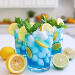 - 1 cup freshly squeezed lemon juice (about 4-6 lemons) - 1/2 cup blue spirulina powder or blue food coloring - 1 cup coconut water - 3 cups sparkling water - 1/2 cup agave syrup or honey - Fresh mint leaves, for garnish - Ice cubes - Large pitcher - Whisk or spoon - Serving glasses To make Blue Lagoon Tropical Lemonade, gather your fresh ingredients. Start with freshly squeezed lemon juice. This gives your drink a bright and zesty flavor. You’ll need about four to six lemons for one cup of juice. Next, add the blue spirulina powder. This adds a beautiful blue color. If you can't find spirulina, you can use blue food coloring instead. It will still look amazing! Coconut water is the next ingredient. It brings a light sweetness and a tropical vibe. Then you will need sparkling water for fizz. This makes your drink refreshing and fun. You can sweeten your lemonade with agave syrup or honey. Use half a cup, but feel free to adjust if you like it sweeter. Fresh mint leaves are great for garnish. They add a nice touch and a fresh smell. Don't forget the ice cubes! They make your drink cold and enjoyable. For tools, you’ll need a large pitcher to mix everything. A whisk or spoon helps to blend the ingredients smoothly. Finally, have serving glasses ready to pour your lemonade into. With these ingredients and tools, you are set to create a delightful Blue Lagoon Tropical Lemonade. Enjoy the colorful and refreshing drink! 1. Start by squeezing 4 to 6 lemons. You need one cup of fresh lemon juice. 2. In a large pitcher, pour in the lemon juice. 3. Next, add half a cup of blue spirulina powder. If you can't find this, blue food coloring works great too. 4. Pour in one cup of coconut water. 5. Mix everything well with a whisk or spoon until it looks smooth. 1. Add half a cup of agave syrup or honey to your mixture. 2. Stir again to blend the sweetness evenly. 3. Taste your lemonade. If it needs more sweetness, add a bit more agave or honey. 1. Now, it's time to add some fizz! Pour in three cups of sparkling water slowly. 2. Stir gently to keep the bubbles intact. 3. Fill serving glasses with ice cubes to chill your drink. 4. Pour the Blue Lagoon Tropical Lemonade over the ice, filling each glass about three-quarters full. 5. To make it pretty, garnish with fresh mint leaves and thin slices of lemon and lime. 6. Give your drink a gentle stir before enjoying it. Savor those tropical flavors! To make your Blue Lagoon Tropical Lemonade shine, focus on balancing sweetness. Start with the right amount of agave syrup or honey. I suggest using half a cup, then tasting it. If you want it sweeter, add more. Remember, you can always add, but you can't take away! To enhance the lemon flavor, consider using freshly squeezed juice. The zest of the lemon adds a bright note too. Just grate a bit and mix it in. This extra touch makes the lemonade even more vibrant. Serving your Blue Lagoon Tropical Lemonade can be fun! Use colorful glasses to bring out the tropical theme. Clear glasses show off the beautiful blue color. Adding colorful straws can make each drink pop even more. Garnishes are key for a great look. Fresh mint leaves make the drink smell nice. Thin slices of lemon and lime add color and a hint of extra flavor. Place these on the rim of the glass or float them in the drink. This small detail makes a big impact! {{image_4}} You can change the sweetener in your Blue Lagoon Tropical Lemonade. Instead of agave syrup, try honey or maple syrup. Each option adds a unique flavor. If you want to cut calories, use a sugar substitute like stevia. Adding fruits can also change the drink's taste. You can mix in fresh berries like strawberries or blueberries. Pineapple chunks add a tropical twist, too. Just chop the fruit and stir it into the lemonade. This adds both taste and color. You can easily turn this lemonade into a fun cocktail. Add a splash of rum or vodka for an adult version. The lightness of the lemonade pairs well with these spirits. For a fruity cocktail, try mixing in peach schnapps or coconut rum. This adds a sweet flavor that fits the tropical theme. You can also create a layered drink. Pour the lemonade first and then add the spirit on top for a pretty look. To store leftover Blue Lagoon Tropical Lemonade, pour it into a clean pitcher. Seal it with a lid or plastic wrap. This helps keep it fresh and tasty. Place the lemonade in the fridge. It stays good for about 3 days. After that, the flavors may fade. Always check for off smells before drinking. You can freeze Blue Lagoon Tropical Lemonade for later use. Pour some into ice cube trays. This makes fun blue ice cubes. They add a splash of color to any drink. To freeze, cover the trays with plastic wrap. Freeze until solid, usually about 4-6 hours. To use your frozen lemonade cubes, let them sit at room temperature for a few minutes. You can also place them in the fridge for a quick thaw. Add them to your drinks for a cool, refreshing twist! What is blue spirulina powder and where to find it? Blue spirulina powder is a natural blue food dye. It comes from a type of algae called spirulina. You can find it in health food stores or online. It adds a vibrant blue color and some nutrients. Can I use bottled lemon juice for this recipe? Yes, you can use bottled lemon juice. However, fresh lemon juice tastes better. Fresh juice has a brighter flavor. Bottled juice may not be as strong or fresh. What to do if my lemonade isn’t blue enough? If your lemonade isn’t blue enough, add more blue spirulina powder. Mix it well until the color is vibrant. If you want a quick fix, you can use blue food coloring instead. How to fix overly sweet lemonade? If your lemonade is too sweet, add more lemon juice. This will balance the sweetness. You can also add a little water or sparkling water to dilute it. Caloric content per serving Each serving has about 120 calories. This can vary based on how much sweetener you use. Health benefits of ingredients used - Lemon juice: Rich in vitamin C and helps digestion. - Coconut water: Hydrating and contains electrolytes. - Blue spirulina: Packed with antioxidants and proteins. - Mint leaves: Aids in digestion and adds flavor. Our fresh Blue Lagoon Tropical Lemonade recipe offers a fun and healthy twist on a classic drink. We started with simple ingredients like lemon juice and coconut water, then added blue spirulina for vibrancy. You learned how to create a balanced sweetness and enhance flavor. Don't forget the presentation tips to impress your guests! In the end, your unique lemonade can cater to different tastes, whether non-alcoholic or cocktail. With proper storage, it stays flavorful and refreshing for days. Enjoy this drink and share it with friends or family to brighten any occasion.