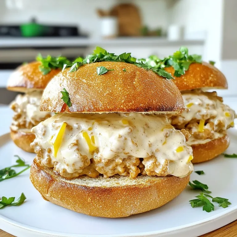 - 1 lb ground chicken - 1 cup heavy cream - 1 cup freshly grated Parmesan cheese - 2 tablespoons olive oil - 1 teaspoon garlic powder - 1 teaspoon onion powder - 1/2 teaspoon Italian seasoning - Salt and pepper to taste - 4 whole wheat burger buns - Fresh parsley, chopped (for garnish) The ground chicken is the star of this dish. It cooks quickly and stays juicy. Heavy cream adds richness and creaminess. It helps create that wonderful Alfredo sauce we love. Freshly grated Parmesan cheese gives a nice salty flavor. Using fresh cheese melts better than the pre-grated kind. Olive oil is important for cooking the chicken. It adds flavor and helps prevent sticking. Garlic powder and onion powder give nice depth to the dish. Italian seasoning brings in a mix of herbs, enhancing the overall taste. Whole wheat burger buns offer a healthy base. Finally, fresh parsley adds a pop of color and freshness to the dish. If you want to switch things up, you can use ground turkey instead of chicken. It works well and has a similar taste. For a lighter sauce, try using half-and-half instead of heavy cream. You can also use nutritional yeast instead of Parmesan if you want a dairy-free option. Instead of whole wheat buns, any type of bread will work, like white or sourdough. If you don’t have garlic or onion powder, fresh minced garlic and onions will also do the trick. Just adjust the cooking time as needed. {{ingredient_image_2}} Start with a large skillet. Heat olive oil over medium heat. Add 1 pound of ground chicken. Use a spatula to break it up. Cook for about 6-8 minutes. Make sure the chicken turns brown and is fully cooked. Stir it occasionally. This helps the chicken cook evenly. Next, reduce the heat to low. Pour in 1 cup of heavy cream. Stir well to mix it with the chicken. Let it simmer for 2-3 minutes. This melds the flavors nicely. Add seasonings like 1 teaspoon garlic powder, 1 teaspoon onion powder, and 1/2 teaspoon Italian seasoning. Don’t forget salt and pepper to taste. Mix everything well. Now, add 1 cup of grated Parmesan cheese. Stir continuously until the cheese melts. This takes about 3-4 minutes. If the sauce is too thick, add a splash of chicken broth or water. While the sauce simmers, toast your whole wheat burger buns. You can use a skillet or toaster. Aim for a golden brown and slightly crispy texture. To assemble, use a spoon to scoop the creamy chicken Alfredo mixture. Place it on the bottom half of each toasted bun. Make sure each serving gets enough filling. For a fresh touch, sprinkle some chopped parsley on top. Finally, place the top half of the bun on each sandwich. Your Chicken Alfredo Sloppy Joes are ready to enjoy! To cook ground chicken well, start with a hot skillet. Use medium heat and add olive oil. Break the meat apart as it cooks. Stir often to avoid sticking. Cook until it is browned, about 6-8 minutes. Make sure there is no pink left. This ensures your Chicken Alfredo Sloppy Joes are safe to eat. If your sauce is too thick, don’t worry. Just add a splash of chicken broth. You can also use water if needed. Stir well to blend it in. This will make your sauce creamy and smooth. If it’s too thin, let it simmer a bit longer. This helps thicken the sauce naturally. Chicken Alfredo Sloppy Joes taste great with fresh veggies. Carrot and cucumber sticks add a nice crunch. You can also serve them with a side salad. A light Caesar salad pairs well with the rich flavors. For drinks, try lemonade or iced tea for a refreshing balance. Pro Tips Use Fresh Ingredients: Freshly grated Parmesan cheese and quality ground chicken will elevate the flavor of your Sloppy Joes, making them taste more authentic and delicious. Customize the Sauce: Feel free to add your favorite herbs or spices to the Alfredo sauce, such as a pinch of nutmeg or crushed red pepper flakes, to give it a unique twist. Toast the Buns: For an extra crunchy texture, toast the buns on a skillet with a bit of butter. This will add flavor and help prevent them from becoming soggy. Serve with Sides: Pair these Sloppy Joes with a side of fresh veggies or a crisp salad to balance out the richness of the creamy sauce. {{image_4}} You can easily make a vegetarian version of Chicken Alfredo Sloppy Joes. Use plant-based ground meat instead of chicken. Look for brands that mimic the texture of real meat. Instead of heavy cream, try coconut cream or cashew cream for a rich sauce. Use nutritional yeast instead of Parmesan for a cheesy flavor. You’ll keep the taste creamy and delicious while making it meat-free. If you like some heat, spice up your Sloppy Joes! Add red pepper flakes or diced jalapeños to the chicken as it cooks. You can also mix in a splash of hot sauce with the Alfredo sauce for that extra kick. Adjust the heat level to fit your taste. This spicy twist makes for a fun family meal and adds a different flavor profile to the dish. Get creative with toppings! Try adding sautéed mushrooms for an earthy taste. Fresh spinach or arugula can add a nice crunch and color. You can also sprinkle some crispy bacon bits for a savory crunch. If you love heat, top with pickled jalapeños or a drizzle of sriracha. Each topping changes the flavor and keeps things interesting for everyone at the table. To store your Chicken Alfredo Sloppy Joes, let them cool first. Place the chicken mixture in an airtight container. If you have leftover buns, store them separately. Keep the buns in a plastic bag or a container. This prevents them from getting soggy. When you're ready to enjoy your leftovers, heat the chicken mixture in a skillet. Use low heat to warm it up slowly. Stir often to keep it from sticking. For the buns, you can toast them lightly in a skillet or microwave them for a few seconds. This keeps them soft and tasty. If stored properly, your Chicken Alfredo Sloppy Joes last about 3 to 4 days in the fridge. Always check for any off smells or changes in texture before eating. For longer storage, freeze the chicken mixture. It stays good for up to 3 months. Just thaw it overnight in the fridge before reheating. Yes, you can use cooked chicken for this recipe. Just shred or chop the chicken. Warm it in the skillet with the olive oil. Then, follow the steps to add the heavy cream and cheese. This saves time and still gives you a creamy, tasty meal. You can serve the Sloppy Joes with many sides. Here are some ideas: - Carrot sticks - Cucumber slices - A fresh garden salad - Sweet potato fries - Steamed broccoli These sides add crunch and color to your meal. They also balance the rich flavors of the Sloppy Joes. To make Chicken Alfredo Sloppy Joes low-carb, swap the buns. Use lettuce wraps instead. This keeps the taste while cutting carbs. You can also use cauliflower rice as a base. It’s light and adds a nice texture. Enjoy the same creamy flavor without the extra carbs! This article covered the ingredients and steps for making Chicken Alfredo Sloppy Joes. We explored key ingredients, substitutions, and cooking methods. I shared tips for perfect chicken and sauce consistency. You learned about variations, storage, and FAQs for further clarity. This dish is fun and easy, with options for everyone. Enjoy experimenting in your kitchen!