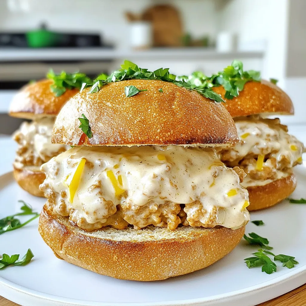 - 1 lb ground chicken - 1 cup heavy cream - 1 cup freshly grated Parmesan cheese - 2 tablespoons olive oil - 1 teaspoon garlic powder - 1 teaspoon onion powder - 1/2 teaspoon Italian seasoning - Salt and pepper to taste - 4 whole wheat burger buns - Fresh parsley, chopped (for garnish) The ground chicken is the star of this dish. It cooks quickly and stays juicy. Heavy cream adds richness and creaminess. It helps create that wonderful Alfredo sauce we love. Freshly grated Parmesan cheese gives a nice salty flavor. Using fresh cheese melts better than the pre-grated kind. Olive oil is important for cooking the chicken. It adds flavor and helps prevent sticking. Garlic powder and onion powder give nice depth to the dish. Italian seasoning brings in a mix of herbs, enhancing the overall taste. Whole wheat burger buns offer a healthy base. Finally, fresh parsley adds a pop of color and freshness to the dish. If you want to switch things up, you can use ground turkey instead of chicken. It works well and has a similar taste. For a lighter sauce, try using half-and-half instead of heavy cream. You can also use nutritional yeast instead of Parmesan if you want a dairy-free option. Instead of whole wheat buns, any type of bread will work, like white or sourdough. If you don’t have garlic or onion powder, fresh minced garlic and onions will also do the trick. Just adjust the cooking time as needed. {{ingredient_image_2}} Start with a large skillet. Heat olive oil over medium heat. Add 1 pound of ground chicken. Use a spatula to break it up. Cook for about 6-8 minutes. Make sure the chicken turns brown and is fully cooked. Stir it occasionally. This helps the chicken cook evenly. Next, reduce the heat to low. Pour in 1 cup of heavy cream. Stir well to mix it with the chicken. Let it simmer for 2-3 minutes. This melds the flavors nicely. Add seasonings like 1 teaspoon garlic powder, 1 teaspoon onion powder, and 1/2 teaspoon Italian seasoning. Don’t forget salt and pepper to taste. Mix everything well. Now, add 1 cup of grated Parmesan cheese. Stir continuously until the cheese melts. This takes about 3-4 minutes. If the sauce is too thick, add a splash of chicken broth or water. While the sauce simmers, toast your whole wheat burger buns. You can use a skillet or toaster. Aim for a golden brown and slightly crispy texture. To assemble, use a spoon to scoop the creamy chicken Alfredo mixture. Place it on the bottom half of each toasted bun. Make sure each serving gets enough filling. For a fresh touch, sprinkle some chopped parsley on top. Finally, place the top half of the bun on each sandwich. Your Chicken Alfredo Sloppy Joes are ready to enjoy! To cook ground chicken well, start with a hot skillet. Use medium heat and add olive oil. Break the meat apart as it cooks. Stir often to avoid sticking. Cook until it is browned, about 6-8 minutes. Make sure there is no pink left. This ensures your Chicken Alfredo Sloppy Joes are safe to eat. If your sauce is too thick, don’t worry. Just add a splash of chicken broth. You can also use water if needed. Stir well to blend it in. This will make your sauce creamy and smooth. If it’s too thin, let it simmer a bit longer. This helps thicken the sauce naturally. Chicken Alfredo Sloppy Joes taste great with fresh veggies. Carrot and cucumber sticks add a nice crunch. You can also serve them with a side salad. A light Caesar salad pairs well with the rich flavors. For drinks, try lemonade or iced tea for a refreshing balance. Pro Tips Use Fresh Ingredients: Freshly grated Parmesan cheese and quality ground chicken will elevate the flavor of your Sloppy Joes, making them taste more authentic and delicious. Customize the Sauce: Feel free to add your favorite herbs or spices to the Alfredo sauce, such as a pinch of nutmeg or crushed red pepper flakes, to give it a unique twist. Toast the Buns: For an extra crunchy texture, toast the buns on a skillet with a bit of butter. This will add flavor and help prevent them from becoming soggy. Serve with Sides: Pair these Sloppy Joes with a side of fresh veggies or a crisp salad to balance out the richness of the creamy sauce. {{image_4}} You can easily make a vegetarian version of Chicken Alfredo Sloppy Joes. Use plant-based ground meat instead of chicken. Look for brands that mimic the texture of real meat. Instead of heavy cream, try coconut cream or cashew cream for a rich sauce. Use nutritional yeast instead of Parmesan for a cheesy flavor. You’ll keep the taste creamy and delicious while making it meat-free. If you like some heat, spice up your Sloppy Joes! Add red pepper flakes or diced jalapeños to the chicken as it cooks. You can also mix in a splash of hot sauce with the Alfredo sauce for that extra kick. Adjust the heat level to fit your taste. This spicy twist makes for a fun family meal and adds a different flavor profile to the dish. Get creative with toppings! Try adding sautéed mushrooms for an earthy taste. Fresh spinach or arugula can add a nice crunch and color. You can also sprinkle some crispy bacon bits for a savory crunch. If you love heat, top with pickled jalapeños or a drizzle of sriracha. Each topping changes the flavor and keeps things interesting for everyone at the table. To store your Chicken Alfredo Sloppy Joes, let them cool first. Place the chicken mixture in an airtight container. If you have leftover buns, store them separately. Keep the buns in a plastic bag or a container. This prevents them from getting soggy. When you're ready to enjoy your leftovers, heat the chicken mixture in a skillet. Use low heat to warm it up slowly. Stir often to keep it from sticking. For the buns, you can toast them lightly in a skillet or microwave them for a few seconds. This keeps them soft and tasty. If stored properly, your Chicken Alfredo Sloppy Joes last about 3 to 4 days in the fridge. Always check for any off smells or changes in texture before eating. For longer storage, freeze the chicken mixture. It stays good for up to 3 months. Just thaw it overnight in the fridge before reheating. Yes, you can use cooked chicken for this recipe. Just shred or chop the chicken. Warm it in the skillet with the olive oil. Then, follow the steps to add the heavy cream and cheese. This saves time and still gives you a creamy, tasty meal. You can serve the Sloppy Joes with many sides. Here are some ideas: - Carrot sticks - Cucumber slices - A fresh garden salad - Sweet potato fries - Steamed broccoli These sides add crunch and color to your meal. They also balance the rich flavors of the Sloppy Joes. To make Chicken Alfredo Sloppy Joes low-carb, swap the buns. Use lettuce wraps instead. This keeps the taste while cutting carbs. You can also use cauliflower rice as a base. It’s light and adds a nice texture. Enjoy the same creamy flavor without the extra carbs! This article covered the ingredients and steps for making Chicken Alfredo Sloppy Joes. We explored key ingredients, substitutions, and cooking methods. I shared tips for perfect chicken and sauce consistency. You learned about variations, storage, and FAQs for further clarity. This dish is fun and easy, with options for everyone. Enjoy experimenting in your kitchen!