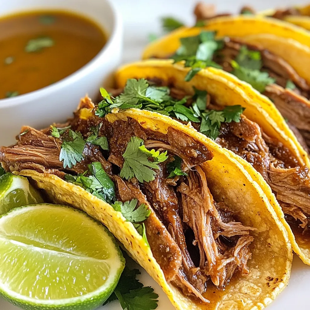 - 2 lbs beef chuck roast - 2 dried guajillo chiles, seeds removed - 2 dried ancho chiles, seeds removed - 1 teaspoon ground cumin - 1 teaspoon dried oregano - 1 teaspoon smoked paprika - 4 cloves garlic, finely minced - 1 medium onion, chopped - 4 cups beef broth - 2 tablespoons apple cider vinegar - Salt and freshly ground pepper to taste - Corn tortillas, for serving - Fresh cilantro, chopped (for garnish) - Lime wedges, for serving Gather these ingredients before you start. The beef chuck roast brings a rich taste. The dried guajillo and ancho chiles add a deep flavor. The spices like cumin, oregano, and smoked paprika make it special. Don't forget fresh garlic and onion for a nice base. The beef broth keeps everything moist. Apple cider vinegar gives a nice tang. You can use corn tortillas to hold all this goodness. Top it with fresh cilantro and a squeeze of lime for a fresh kick! The balance of savory and tangy in your tacos will amaze everyone. {{ingredient_image_2}} To start, you need to toast the chiles. Take 2 dried guajillo and 2 dried ancho chiles. Place them in a dry skillet over medium heat. Toast them for about 1-2 minutes. You want them fragrant but not burnt. After toasting, move the chiles to a bowl. Cover them with hot water and let them soak for 15 minutes. This softens them for blending. Now it’s time to make the marinade. In a blender, add the soaked chiles, 4 cloves of minced garlic, 1 teaspoon of ground cumin, 1 teaspoon of dried oregano, and 1 teaspoon of smoked paprika. Pour in 2 tablespoons of apple cider vinegar. Blend until smooth. If it's too thick, add a splash of beef broth. This paste will pack a big flavor punch for the meat. Next, prepare your beef. Use 2 lbs of beef chuck roast. Season it well with salt and pepper. Heat a skillet over medium-high heat. Sear the beef for 3-4 minutes on each side until it’s brown. This step adds depth to the flavor. Layer chopped onion at the bottom of your crockpot. Place the seared beef on top. Spoon the marinade over the beef, and pour the remaining beef broth around it. Cover the crockpot and set it to cook. You can choose low for 8 hours or high for 4 hours. The beef should be fork-tender when done. Once cooked, carefully remove the beef. Place it on a cutting board and use two forks to shred it. Return the shredded beef to the crockpot and mix it with the sauce. To assemble your tacos, warm corn tortillas. You can heat them in a skillet or over an open flame until they are soft. Fill each tortilla with the shredded beef. For a fresh touch, top with chopped cilantro. When serving, plate the tacos with lime wedges. Squeeze some lime juice over the tacos for brightness. You can also serve a small bowl of the cooking liquid for dipping. This adds extra flavor and moisture to each bite. Enjoy your delicious birria tacos! Searing the beef adds depth to the flavor. The heat creates a nice crust. This crust locks in juices and gives a rich taste. I recommend searing for about 3-4 minutes per side. Even if it feels like an extra step, it is worth it. It makes the dish more flavorful and satisfying. You can control the heat by choosing your chiles wisely. Guajillo chiles are mild, while ancho chiles add sweetness. If you want more spice, try adding chipotle chiles. Always taste your marinade before using it. This way, you can adjust the heat to your liking. A little lime juice can also help balance the spice. Corn tortillas are traditional, but you have many choices. Flour tortillas are larger and softer, great for holding the filling. If you prefer gluten-free options, look for corn or almond flour tortillas. You can even use lettuce wraps for a low-carb alternative. Each type brings its own unique taste and texture to your tacos. Pro Tips Choosing the Right Cut: For the best flavor and tenderness, opt for beef chuck roast. It breaks down beautifully during the slow cooking process. Enhancing the Sauce: Feel free to add a bit of chipotle in adobo sauce to the marinade for an extra layer of smokiness and heat. Resting Time: Allow the shredded beef to rest in the sauce for at least 15 minutes before serving to absorb more flavors. Tortilla Tip: For the best texture, lightly fry the corn tortillas in a bit of oil before filling them, creating a delicious crispy edge. {{image_4}} You can switch up the meat in your tacos. Chicken or pork works great! For chicken, use boneless thighs. They stay juicy and tender. For pork, try shoulder or loin cuts. Both will soak up the rich flavors just like beef. Adjust the cooking time if needed. Chicken cooks faster, while pork may need more time. If you want a plant-based taco, try jackfruit or lentils. Jackfruit gives a meaty texture. Shred it after cooking for a perfect bite. Lentils add protein and soak up flavors well. You can also use mushrooms for a rich, earthy taste. Each option will give you a unique twist on the classic dish. Spice things up with more flavors! Add chipotle for a smoky kick. You can also try adding a few bay leaves or cinnamon sticks while cooking. Fresh herbs like thyme or rosemary will add depth too. Feel free to experiment! Each addition makes the dish more exciting and flavorful. Store leftover Birria in an airtight container. Make sure to let it cool first. This helps keep the meat juicy and tasty. Keep it in the fridge for up to three days. Always check for any off smells before eating. If you notice anything strange, it's best to discard it. You can freeze Birria for later meals. Use freezer-safe bags or containers. Make sure to remove as much air as possible. This prevents freezer burn. Label the bags with the date. Birria can last in the freezer for up to three months. Thaw it in the fridge overnight before reheating. To reheat Birria, use a stovetop or microwave. If using the stovetop, place it in a pan over medium heat. Add a splash of beef broth to keep it moist. Stir often until hot. For the microwave, use a microwave-safe bowl. Heat in short bursts and stir in between. Always check the temperature to ensure it’s hot throughout. This keeps the flavor and texture just right. You can serve Birria tacos with many tasty sides. Here are some favorites: - Tangy pickled onions: Their sharp flavor pairs well with the rich beef. - Fresh salsa: A zesty salsa adds a nice crunch and brightness. - Refried beans: Creamy beans make a great side for extra protein. - Mexican rice: Fluffy rice can help balance the meal. - Guacamole: Creamy guacamole adds richness and flavor. These sides enhance the taco experience and bring extra joy to your meal. You want the beef to be very tender before shredding. Here are signs to look for: - Fork-tender: The beef should easily pull apart with a fork. - Juices run clear: When you cut into it, juices should run clear, not pink. - Texture change: The beef should feel soft and break apart with little effort. If you see these signs, your beef is ready to shred. Trust your senses; they guide you well in cooking. Yes, you can prepare Birria tacos ahead of time. Here are some tips: - Cook the beef: You can cook it a day before and store it in the fridge. - Store properly: Keep the cooked beef in an airtight container. - Reheat gently: When ready to eat, gently reheat the beef in a pot. This way, you save time on busy days while still enjoying great flavors. Absolutely! You can swap chiles for different flavors. Here are some options: - Chipotle chiles: They add a smoky flavor and some heat. - Pasilla chiles: These give a dark, rich flavor without too much spice. - Hatch chiles: For a unique twist, these chiles offer a mild flavor. Feel free to mix and match to find your favorite taste. Experimenting can lead to delightful surprises in your cooking! This article covered how to make delicious Birria tacos from scratch. We explored the essential ingredients, like beef chuck roast and dried chiles, and looked at step-by-step cooking instructions. I shared tips for searing the beef and adjusting spice levels to match your taste. We also discussed variations for different diets and storage tips for leftovers. Embrace your creativity in the kitchen. Try different ingredients and make this dish your own!