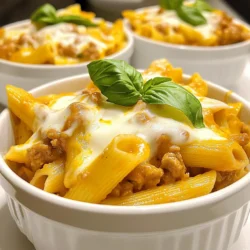 For this tasty dish, you will need: - 1 lb (450g) ground turkey - 8 oz (225g) whole wheat or regular pasta (penne or fusilli work well) - 1 cup shredded mozzarella cheese - 1 cup cottage cheese - 1 cup marinara sauce - 1 small onion, finely chopped - 2 cloves garlic, minced - 1 teaspoon dried Italian herbs (a blend of basil and oregano) - Salt and pepper to taste - 1 tablespoon olive oil You can make this dish your own by adding: - Fresh basil leaves for garnish - Toasted breadcrumbs for crunch - Cooked vegetables like spinach or bell peppers Feel free to play with flavors! Add your favorite herbs or spices to make it special. This dish serves four people. Here’s what you can expect per serving: - Calories: 350 - Protein: 28g - Fat: 14g - Carbohydrates: 30g - Fiber: 5g This meal is not only tasty but also nutritious. It gives a good mix of protein and carbs to keep you energized. Enjoy this creamy, cheesy delight with family and friends! {{ingredient_image_2}} Start by bringing a large pot of salted water to a boil. Add 8 ounces of pasta, like penne or fusilli. Cook the pasta according to the package instructions. This usually takes about 8 to 10 minutes. You want the pasta to be al dente, which means it should be firm but not hard. Once cooked, drain the pasta in a colander. Set it aside for later. In a large skillet, heat 1 tablespoon of olive oil over medium heat. Once hot, add 1 finely chopped onion. Sauté it for about 3 to 4 minutes. You want the onion to be soft and a bit see-through. Next, add 2 minced garlic cloves. Cook this mixture for another minute, stirring often. The goal is to make the garlic smell great without letting it brown. Now, increase the heat to medium-high. Add 1 pound of ground turkey to the skillet. Cook it for about 6 to 8 minutes. Use a wooden spoon to break the turkey apart. Cook until it turns brown and is no longer pink. Once the turkey is cooked, pour in 1 cup of marinara sauce. Sprinkle in 1 teaspoon of dried Italian herbs along with salt and pepper to taste. Stir everything together. Let it simmer for about 5 minutes, allowing the flavors to mix well. Now, lower the heat. Gently fold in the cooked pasta. Make sure it is well mixed with the turkey and sauce. In a separate bowl, combine 1 cup of shredded mozzarella cheese and 1 cup of cottage cheese. Mix until well blended. Pour this cheese mixture over the pasta and turkey. Fold everything together gently. You want the cheeses to mix in and start melting into the warm pasta. Remove the skillet from the heat and let it sit for a couple of minutes. This helps the cheese firm up a bit for better texture. Using herbs brings out great flavors in your dish. I love using dried Italian herbs for this recipe. These herbs mix well with the turkey and sauce. You can also add fresh herbs like basil. Fresh herbs can enhance taste and aroma. Don’t forget to add salt and pepper to balance the flavors. A pinch can go a long way in making your dish pop. To get the best melt, mix your cheeses before adding them to the pasta. I use mozzarella and cottage cheese because they create a creamy texture. Make sure your pasta is warm when you add the cheese mix. This helps the cheese melt evenly. Stir gently to coat every piece of pasta. Avoid overcooking the cheese; it should be gooey, not tough. Serving your dish well makes it more appealing. Use individual bowls for each serving. This adds a nice touch. Garnish with fresh basil leaves for color and aroma. A light sprinkle of toasted breadcrumbs can add crunch. Serve it warm to keep the cheese melty. These small details will impress your family and friends. Enjoy the delightful look of your cheesy ground turkey pasta! Pro Tips Perfect Pasta: Always cook pasta until it's al dente to maintain its texture and prevent it from becoming mushy when mixed with the sauce. Flavor Boost: For an extra depth of flavor, consider adding a splash of red wine to the skillet after browning the turkey before adding the marinara sauce. Cheese Variations: Feel free to experiment with different types of cheese such as parmesan or cheddar for a unique flavor twist. Make Ahead: This dish can be prepared in advance and stored in the fridge. Just reheat it gently on the stove or in the oven before serving. {{image_4}} You can easily swap ground turkey for other meats. Ground chicken, beef, or pork all work well. Each protein adds its unique flavor. For a lean option, ground chicken is a great choice. Beef adds a richer taste, while pork can be a bit sweeter. Just remember to cook each type thoroughly. Adjust cooking times based on the protein you choose. If you want a vegetarian version, skip the meat entirely. Focus on the cheese for a creamy dish. You can use extra mozzarella or cottage cheese for richness. Add vegetables like spinach, mushrooms, or bell peppers. This not only boosts flavor but adds nutrition too. Sauté vegetables with the onions for a tasty mix. This way, you still get a hearty meal without meat. Don't feel limited to just one pasta type. Whole wheat, penne, or fusilli are great choices. You can also try gluten-free pasta if needed. Zucchini noodles or spaghetti squash can work for a low-carb option. Just keep an eye on cooking times, as they vary. Choose the pasta that suits your taste and diet. The secret is to mix the pasta well with the sauce and cheese for the best flavor. To store your cheesy ground turkey pasta, let it cool first. Use an airtight container for the best results. This helps keep the pasta fresh. Place it in the fridge if you plan to eat it within three days. Otherwise, use a freezer-safe container for longer storage. When you're ready to enjoy your leftovers, reheat them gently. Use a microwave or a skillet on low heat. If using the microwave, add a splash of water to keep it moist. For the skillet, stir often until heated through. This keeps the pasta creamy and tasty, not dry. To freeze, divide the pasta into portions. Wrap each portion tightly in plastic wrap before placing it in a freezer-safe bag. Squeeze out as much air as possible. This helps prevent freezer burn. You can freeze it for up to three months. When you're ready to eat, thaw it in the fridge overnight before reheating. Yes, you can use different cheese types in this recipe. I like cheddar or gouda for a twist. You can also mix in some parmesan for extra flavor. Just keep in mind that different cheeses melt differently. Some cheeses may not get as creamy. Experiment to find your favorite combo! You can store cheesy ground turkey pasta in the fridge for about three to four days. Make sure to place it in an airtight container. This keeps it fresh and tasty. If you want to keep it longer, consider freezing it instead. To reheat leftover pasta, I recommend using the stovetop. Place the pasta in a skillet over medium heat. Add a splash of water or sauce to keep it moist. Stir it often until heated through. You can also use the microwave if you're in a hurry. Just cover it and heat it in short bursts, stirring in between. This helps to avoid drying it out. This blog post covered an easy and tasty cheesy ground turkey pasta recipe. We explored key ingredients and how to cook pasta just right. I shared tips for enhancing flavors and ways to customize your dish. You learned how to store, reheat, and even adapt this meal to fit your needs. In the end, cooking should be fun and flexible. Enjoy making this dish in your unique way!