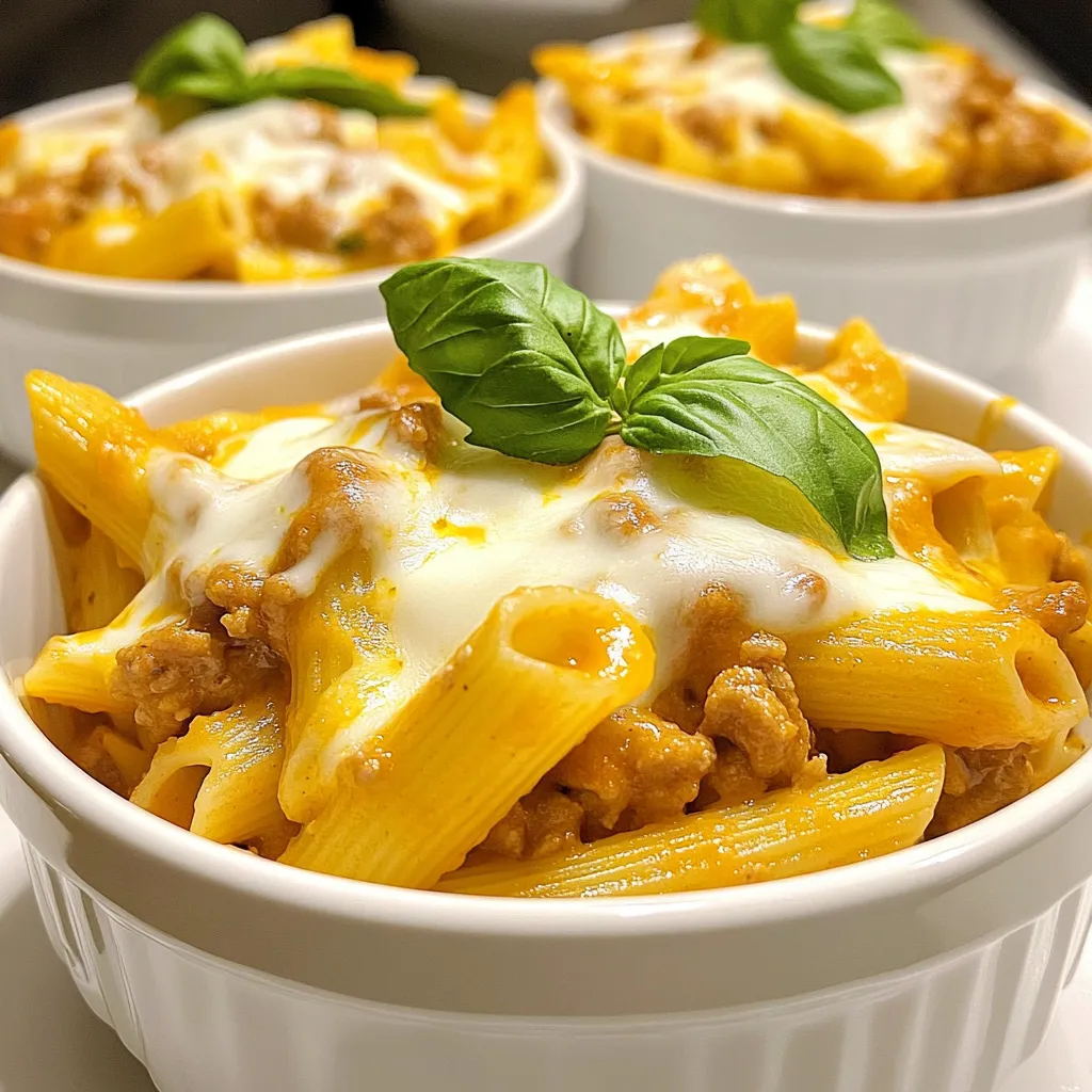 For this tasty dish, you will need: - 1 lb (450g) ground turkey - 8 oz (225g) whole wheat or regular pasta (penne or fusilli work well) - 1 cup shredded mozzarella cheese - 1 cup cottage cheese - 1 cup marinara sauce - 1 small onion, finely chopped - 2 cloves garlic, minced - 1 teaspoon dried Italian herbs (a blend of basil and oregano) - Salt and pepper to taste - 1 tablespoon olive oil You can make this dish your own by adding: - Fresh basil leaves for garnish - Toasted breadcrumbs for crunch - Cooked vegetables like spinach or bell peppers Feel free to play with flavors! Add your favorite herbs or spices to make it special. This dish serves four people. Here’s what you can expect per serving: - Calories: 350 - Protein: 28g - Fat: 14g - Carbohydrates: 30g - Fiber: 5g This meal is not only tasty but also nutritious. It gives a good mix of protein and carbs to keep you energized. Enjoy this creamy, cheesy delight with family and friends! {{ingredient_image_2}} Start by bringing a large pot of salted water to a boil. Add 8 ounces of pasta, like penne or fusilli. Cook the pasta according to the package instructions. This usually takes about 8 to 10 minutes. You want the pasta to be al dente, which means it should be firm but not hard. Once cooked, drain the pasta in a colander. Set it aside for later. In a large skillet, heat 1 tablespoon of olive oil over medium heat. Once hot, add 1 finely chopped onion. Sauté it for about 3 to 4 minutes. You want the onion to be soft and a bit see-through. Next, add 2 minced garlic cloves. Cook this mixture for another minute, stirring often. The goal is to make the garlic smell great without letting it brown. Now, increase the heat to medium-high. Add 1 pound of ground turkey to the skillet. Cook it for about 6 to 8 minutes. Use a wooden spoon to break the turkey apart. Cook until it turns brown and is no longer pink. Once the turkey is cooked, pour in 1 cup of marinara sauce. Sprinkle in 1 teaspoon of dried Italian herbs along with salt and pepper to taste. Stir everything together. Let it simmer for about 5 minutes, allowing the flavors to mix well. Now, lower the heat. Gently fold in the cooked pasta. Make sure it is well mixed with the turkey and sauce. In a separate bowl, combine 1 cup of shredded mozzarella cheese and 1 cup of cottage cheese. Mix until well blended. Pour this cheese mixture over the pasta and turkey. Fold everything together gently. You want the cheeses to mix in and start melting into the warm pasta. Remove the skillet from the heat and let it sit for a couple of minutes. This helps the cheese firm up a bit for better texture. Using herbs brings out great flavors in your dish. I love using dried Italian herbs for this recipe. These herbs mix well with the turkey and sauce. You can also add fresh herbs like basil. Fresh herbs can enhance taste and aroma. Don’t forget to add salt and pepper to balance the flavors. A pinch can go a long way in making your dish pop. To get the best melt, mix your cheeses before adding them to the pasta. I use mozzarella and cottage cheese because they create a creamy texture. Make sure your pasta is warm when you add the cheese mix. This helps the cheese melt evenly. Stir gently to coat every piece of pasta. Avoid overcooking the cheese; it should be gooey, not tough. Serving your dish well makes it more appealing. Use individual bowls for each serving. This adds a nice touch. Garnish with fresh basil leaves for color and aroma. A light sprinkle of toasted breadcrumbs can add crunch. Serve it warm to keep the cheese melty. These small details will impress your family and friends. Enjoy the delightful look of your cheesy ground turkey pasta! Pro Tips Perfect Pasta: Always cook pasta until it's al dente to maintain its texture and prevent it from becoming mushy when mixed with the sauce. Flavor Boost: For an extra depth of flavor, consider adding a splash of red wine to the skillet after browning the turkey before adding the marinara sauce. Cheese Variations: Feel free to experiment with different types of cheese such as parmesan or cheddar for a unique flavor twist. Make Ahead: This dish can be prepared in advance and stored in the fridge. Just reheat it gently on the stove or in the oven before serving. {{image_4}} You can easily swap ground turkey for other meats. Ground chicken, beef, or pork all work well. Each protein adds its unique flavor. For a lean option, ground chicken is a great choice. Beef adds a richer taste, while pork can be a bit sweeter. Just remember to cook each type thoroughly. Adjust cooking times based on the protein you choose. If you want a vegetarian version, skip the meat entirely. Focus on the cheese for a creamy dish. You can use extra mozzarella or cottage cheese for richness. Add vegetables like spinach, mushrooms, or bell peppers. This not only boosts flavor but adds nutrition too. Sauté vegetables with the onions for a tasty mix. This way, you still get a hearty meal without meat. Don't feel limited to just one pasta type. Whole wheat, penne, or fusilli are great choices. You can also try gluten-free pasta if needed. Zucchini noodles or spaghetti squash can work for a low-carb option. Just keep an eye on cooking times, as they vary. Choose the pasta that suits your taste and diet. The secret is to mix the pasta well with the sauce and cheese for the best flavor. To store your cheesy ground turkey pasta, let it cool first. Use an airtight container for the best results. This helps keep the pasta fresh. Place it in the fridge if you plan to eat it within three days. Otherwise, use a freezer-safe container for longer storage. When you're ready to enjoy your leftovers, reheat them gently. Use a microwave or a skillet on low heat. If using the microwave, add a splash of water to keep it moist. For the skillet, stir often until heated through. This keeps the pasta creamy and tasty, not dry. To freeze, divide the pasta into portions. Wrap each portion tightly in plastic wrap before placing it in a freezer-safe bag. Squeeze out as much air as possible. This helps prevent freezer burn. You can freeze it for up to three months. When you're ready to eat, thaw it in the fridge overnight before reheating. Yes, you can use different cheese types in this recipe. I like cheddar or gouda for a twist. You can also mix in some parmesan for extra flavor. Just keep in mind that different cheeses melt differently. Some cheeses may not get as creamy. Experiment to find your favorite combo! You can store cheesy ground turkey pasta in the fridge for about three to four days. Make sure to place it in an airtight container. This keeps it fresh and tasty. If you want to keep it longer, consider freezing it instead. To reheat leftover pasta, I recommend using the stovetop. Place the pasta in a skillet over medium heat. Add a splash of water or sauce to keep it moist. Stir it often until heated through. You can also use the microwave if you're in a hurry. Just cover it and heat it in short bursts, stirring in between. This helps to avoid drying it out. This blog post covered an easy and tasty cheesy ground turkey pasta recipe. We explored key ingredients and how to cook pasta just right. I shared tips for enhancing flavors and ways to customize your dish. You learned how to store, reheat, and even adapt this meal to fit your needs. In the end, cooking should be fun and flexible. Enjoy making this dish in your unique way!