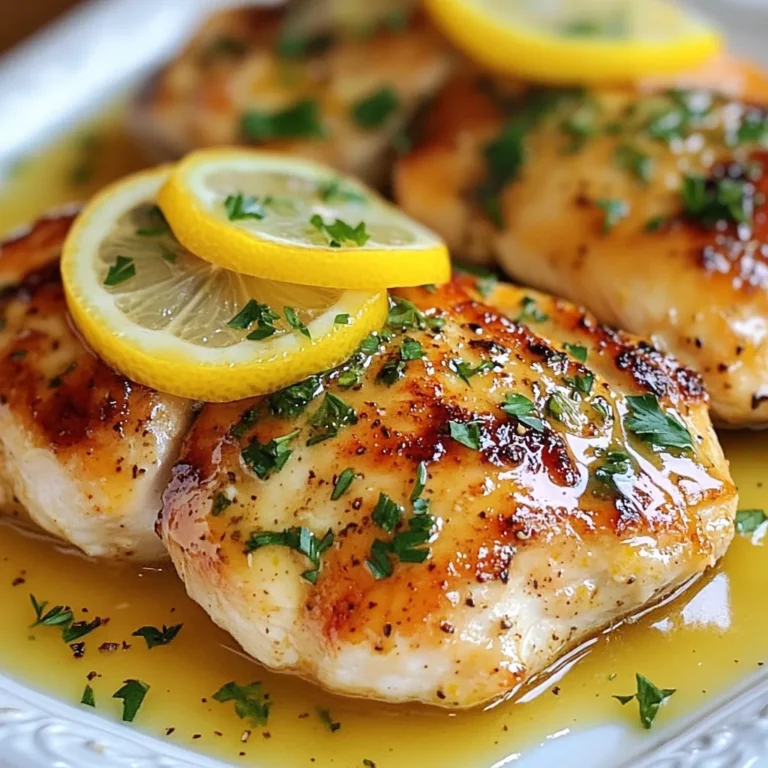 Here’s what you need for this lemon butter chicken recipe: - 4 boneless, skinless chicken breasts - 1/2 cup unsalted butter, divided - 2 tablespoons extra-virgin olive oil - 4 cloves garlic, finely minced - Zest and juice of 2 fresh lemons - 1 tablespoon fresh thyme leaves (or 1 teaspoon dried thyme) - 1 teaspoon honey - Salt and freshly cracked black pepper, to taste - Fresh parsley, finely chopped (for garnish) - Lemon slices, for garnish Each ingredient plays a key role in making this dish special. The chicken provides a great source of protein. The unsalted butter adds richness to the sauce. Olive oil helps to sear the chicken beautifully. Garlic gives it a nice kick, while lemon zest and juice add bright flavor. Thyme brings an earthy note, and honey balances the dish with a hint of sweetness. Finally, salt and pepper enhance all the flavors. When you gather these ingredients, you set the stage for a dish that’s juicy and flavorful. The fresh parsley and lemon slices also make for a lovely presentation. Enjoy the cooking journey! {{ingredient_image_2}} First, season the chicken breasts. Use salt and freshly cracked black pepper. Coat both sides well. This step enhances flavor and makes the chicken tasty. Next, heat a large skillet. Add two tablespoons of extra-virgin olive oil with a quarter cup of unsalted butter. Set the heat to medium. Wait until the butter melts and the oil warms up. This mix makes a great base for cooking. Carefully add the seasoned chicken to the skillet. Sear each side for about six to seven minutes. Look for a beautiful golden brown color. Use a meat thermometer to check for doneness at 165°F (75°C). When done, take the chicken out and keep it warm on a plate. Now, let’s make the sauce. In the same skillet, add four cloves of finely minced garlic. Sauté the garlic for about 30 seconds. Stir constantly to avoid burning. You want a fragrant smell, not a charred one. Next, add the zest and juice of two fresh lemons. Mix well to combine. The zest adds a burst of flavor. Add one teaspoon of honey and a tablespoon of fresh thyme leaves. Continue mixing everything thoroughly. Lower the heat to a gentle simmer. Return the cooked chicken to the skillet. Add the remaining unsalted butter. Let it melt into the sauce. Baste the chicken with this luscious lemon butter sauce for an additional two to three minutes. This step ensures every bite is packed with flavor. Once coated, remove the skillet from heat. For a lovely presentation, sprinkle finely chopped parsley over the chicken. Arrange lemon slices around the chicken for a colorful touch. Serve it on a warm plate for the best experience. Enjoy this juicy and flavorful delight! To keep your chicken juicy, start by seasoning it well. Use salt and pepper on both sides. This helps to lock in flavor. Sear the chicken in hot butter and oil. Cook it for about 6-7 minutes on each side. Look for a golden brown color. Make sure the chicken reaches 165°F inside. Remove it from the pan to keep it warm. To avoid burnt garlic, add it after the chicken cooks. Sauté it for just 30 seconds. Stir constantly to keep it from burning. This gives your dish a nice flavor without any bitterness. You can add fresh herbs or spices to enhance the flavor. Fresh thyme works great, but feel free to try rosemary or oregano. Just add a tablespoon of fresh herbs or a teaspoon of dried ones. This little change can make your dish pop. If you want a touch of sweetness, add honey. Just one teaspoon will do. It balances the tartness of the lemon. This small tweak brings out the best in your sauce. For side dishes, consider colorful steamed veggies. Carrots, broccoli, and green beans add nice color and taste. A fresh salad also pairs well with the chicken. For garnishing, use fresh parsley. Chop it finely and sprinkle it on top. Lemon slices around the chicken add a nice touch too. They make the dish look bright and inviting. Pro Tips Use Fresh Ingredients: Fresh lemons and herbs will provide the best flavor in your lemon butter sauce, making the dish more vibrant and aromatic. Don’t Overcook the Chicken: To keep the chicken juicy, use a meat thermometer to check for an internal temperature of 165°F (75°C). Overcooking can lead to dry chicken. Baste for Flavor: While the chicken simmers in the sauce, use a spoon to baste it with the lemon butter sauce frequently. This will help infuse the flavors into the chicken. Customize the Herbs: Feel free to experiment with different herbs like rosemary or oregano if you want to switch up the flavor profile of the dish. {{image_4}} You can swap chicken for other meats. Try boneless turkey breasts for a leaner dish. Pork tenderloin also works well and adds a nice twist. If you're feeling adventurous, use fish like salmon or halibut. They cook fast and soak up the lemon flavor beautifully. For vegetarian options, consider tofu or tempeh. Both absorb flavors well and provide great texture. Don't forget to press tofu to remove extra moisture. You can also use hearty veggies like eggplant or zucchini. They roast nicely and pair well with lemon butter sauce. To spice things up, add red pepper flakes for a kick. This makes spicy lemon butter chicken that will excite your taste buds. You can also add smoked paprika for a deeper flavor. Both options create a bold dish. For a creamy version, mix in heavy cream or coconut milk. This gives you a rich, creamy lemon butter chicken. You can also add sun-dried tomatoes or spinach for extra color and flavor. Each bite becomes a delicious treat that feels indulgent. Using fresh herbs makes a huge difference. Try basil or oregano in place of thyme. These herbs bring a bright taste that enhances your dish. Fresh herbs add a lovely aroma and color to the plate. Pair your chicken with seasonal vegetables for balance. In spring, asparagus or peas work well. In summer, enjoy fresh tomatoes or zucchini. In fall, try roasted carrots or Brussels sprouts. These veggies add nutrition and vibrant colors to your meal. To keep lemon butter chicken fresh, store leftovers in an airtight container. Let the chicken cool to room temp first. This way, it won’t steam and get soggy. You can keep it in the fridge for up to three days. When you're ready to eat, reheat it gently. Use a skillet over medium heat or a microwave on low power. This keeps the chicken juicy. You can freeze lemon butter chicken for longer storage. First, let it cool completely. Then, place it in a freezer-safe container or bag. Remove as much air as possible. It will stay good for up to three months. When you want to eat it, thaw it in the fridge overnight. For quick defrosting, use the microwave's defrost setting. After thawing, reheat it on the stove for the best flavor. To ensure chicken is cooked through, check its internal temperature. The best temperature is 165°F (75°C). Use a meat thermometer to check the thickest part of the chicken. This step keeps the chicken juicy and safe to eat. Cook the chicken until it reaches this temperature, then let it rest for a few minutes before slicing. Yes, you can make lemon butter chicken ahead of time. Prepare the dish and let it cool completely. Store it in an airtight container in the fridge for up to three days. When you are ready to eat, simply reheat it in a skillet over low heat. Add a splash of water or extra lemon juice to keep it moist. Lemon butter chicken pairs well with many sides. Here are some great options: - Steamed broccoli or green beans - Roasted potatoes or mashed potatoes - A fresh garden salad with a light vinaigrette - Quinoa or rice for a hearty addition These sides enhance the meal and balance the lemony flavor of the chicken. Enjoy mixing and matching to find your favorite combinations! This blog post covered how to make a delicious lemon butter chicken. We explored the key ingredients, guided you through each cooking step, and shared tips for perfect results. We also discussed variations and storage tips to help you enjoy leftovers. Remember, with a few adjustments, you can make this dish your own. Cooking is fun and creative! Enjoy making this tasty meal and impressing your family or friends!