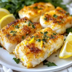 - 4 cod fillets (approximately 6 oz each) - 4 tablespoons unsalted butter, melted - 4 cloves garlic, finely minced - 1 teaspoon fresh lemon zest - 1 tablespoon fresh parsley, finely chopped - 1 teaspoon smoked paprika (or sweet paprika for a milder flavor) - Salt and freshly cracked black pepper, to taste - Lemon wedges, for serving If you need to swap some ingredients, here are great options: - Use olive oil instead of butter for a lighter option. - Any white fish can replace cod if you prefer. - Dried herbs can work if you lack fresh parsley. For extra flavor, consider these seasonings: - A pinch of cayenne pepper for heat. - Lemon pepper for a zesty twist. - Fresh dill or thyme for a fresh herb taste. These simple swaps can elevate your dish, making it uniquely yours. {{ingredient_image_2}} Start by patting the cod fillets dry with a paper towel. This step is key for getting a nice, crispy outside. If the fillets are wet, they won’t crisp up well. Make sure each fillet is about 6 ounces. This size cooks perfectly in the air fryer. In a small bowl, mix together the melted butter and minced garlic. Add the lemon zest, chopped parsley, smoked paprika, salt, and pepper. Stir until everything is well combined. This mixture will give your cod a rich flavor. Keep some of this mixture aside for later drizzling. Preheat your air fryer to 400°F (200°C) for about 5 minutes. This helps the cod cook evenly. Brush both sides of the fillets with the garlic butter mixture. Then, place the fillets in the air fryer basket. Make sure they are not touching. Cook for 10 to 12 minutes. Check the cod around 8 minutes. It should flake easily with a fork when done. Once the cod is cooked, take it out of the air fryer. Drizzle the reserved garlic butter on top of each fillet. Serve the cod right away with lemon wedges on the side. The lemon adds a bright flavor that pairs well with the fish. For a nice touch, place the fillets on a serving platter. You can sprinkle more chopped parsley on top for color. To make your cod crispy, start by drying each fillet well. Use a paper towel to remove moisture. This step helps the fish crisp up in the air fryer. Next, brush the cod generously with the garlic butter mixture. Ensure even coating on both sides. This adds flavor and promotes that golden crust. Cook the cod at 400°F (200°C) for 10 to 12 minutes. Check the fish at 8 minutes to avoid overcooking. When done, it should flake easily and look opaque. One mistake is overcrowding the air fryer basket. If the fillets are too close, they won’t cook evenly. Always leave space for air to flow around each piece. Another mistake is skipping the drying step. Wet fish will steam instead of crisping up. Lastly, don’t rush the cooking time. Keep an eye on the fish and trust your senses. Use a fork to check for flakiness, which is key to perfect cod. Set your air fryer to preheat before cooking. This helps the fish start cooking right away. Use a light spray of oil if you prefer extra crispiness. Make sure to brush on enough garlic butter for flavor. Don’t forget to save some butter for drizzling after cooking! Always serve the cod hot with fresh lemon wedges. This adds brightness and a zesty kick to each bite. Pro Tips Pat the Fish Dry: Ensuring the cod fillets are dry before seasoning helps achieve a crispy exterior when cooked in the air fryer. Use Fresh Ingredients: Fresh garlic, parsley, and lemon zest will enhance the overall flavor of the dish significantly compared to dried or pre-packaged alternatives. Check for Doneness: Start checking the cod's doneness at the 8-minute mark to ensure it remains moist and doesn't overcook. Extra Garlic Butter: Drizzling additional garlic butter on the cooked cod before serving adds a rich flavor and makes the dish even more indulgent. {{image_4}} You can change the flavor of your cod by using different herbs and spices. Try fresh dill for a bright taste. You can also use thyme or basil for a more aromatic dish. If you love heat, add some crushed red pepper flakes. Experiment with flavors to find what you like best! While cod is delicious, you can use other fish too. Try halibut or tilapia for a similar texture. Salmon works well too, but it has a richer taste. Just keep an eye on the cooking time, as different fish can cook faster or slower than cod. Pair your cod with tasty side dishes to make a complete meal. Steamed veggies like broccoli or green beans add color and nutrients. You can also serve it with a light salad for freshness. For a heartier option, try serving it with quinoa or rice. These sides complement the garlic butter flavor perfectly and make your dish more filling. After enjoying your air fryer cod, let it cool down. Place the cod in an airtight container. Store it in the fridge. It will stay fresh for up to three days. This method keeps the fish moist and tasty. Avoid leaving it out for too long, as it can spoil quickly. To reheat your leftover cod, use the air fryer again. Preheat it to 350°F (175°C). Place the cod in the basket for about 5 to 7 minutes. This method will keep the cod crispy. Check it often to ensure it doesn't overcook. You can also use a microwave if you're in a hurry, but it may not be as crispy. If you want to save cod for later, freezing is a great option. Wrap each fillet tightly in plastic wrap. Then place them in a freezer bag. Remove as much air as possible before sealing. You can freeze the cod for up to three months. When you're ready to enjoy it, thaw it in the fridge overnight before reheating. You should cook cod in an air fryer for about 10 to 12 minutes. Start checking at 8 minutes. The cod is done when it flakes easily with a fork. Cooking time may vary based on your air fryer model and the thickness of the fillets. Always cook until the fish looks opaque throughout. Yes, you can use frozen cod fillets. However, they will need extra cooking time. I recommend adding about 5 to 6 minutes to the cooking time. Remember to check for doneness as you cook. If the fillets are very thick, you may need to adjust the time more. Air fryer cod pairs well with many sides. Here are some ideas: - Steamed vegetables like broccoli or green beans - A fresh salad with lemon vinaigrette - Rice or quinoa for a hearty meal - Mashed potatoes for comfort food These sides not only complement the cod but also enhance the meal's overall appeal. Yes, air fryer cod is a healthy choice! It uses less oil than traditional frying methods. Cod is also low in calories and high in protein. The garlic butter adds flavor without overwhelming the dish. Just be mindful of the butter amount to keep it healthy. Enjoy your meal guilt-free! You now know how to make delicious air fryer cod. We covered the right ingredients, cooking steps, and tips for perfect results. Remember to try different spices and herbs for variety. Don’t forget about storage options to enjoy leftovers later. Air frying makes this dish quick, easy, and tasty. Your meals can be healthy and fun. Experiment with side dishes to complete your plate. Enjoy your tasty air fryer cod and happy cooking!