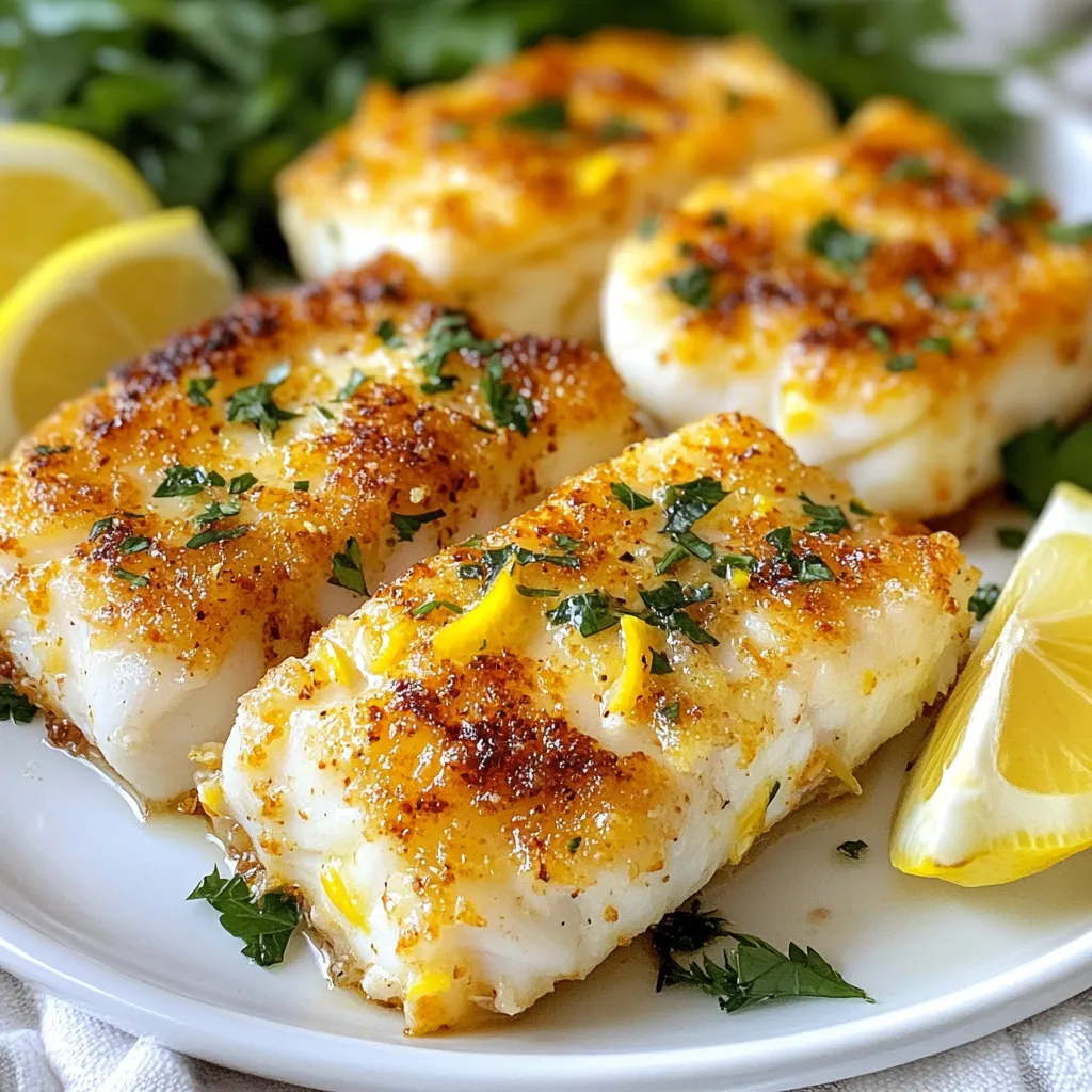 - 4 cod fillets (approximately 6 oz each) - 4 tablespoons unsalted butter, melted - 4 cloves garlic, finely minced - 1 teaspoon fresh lemon zest - 1 tablespoon fresh parsley, finely chopped - 1 teaspoon smoked paprika (or sweet paprika for a milder flavor) - Salt and freshly cracked black pepper, to taste - Lemon wedges, for serving If you need to swap some ingredients, here are great options: - Use olive oil instead of butter for a lighter option. - Any white fish can replace cod if you prefer. - Dried herbs can work if you lack fresh parsley. For extra flavor, consider these seasonings: - A pinch of cayenne pepper for heat. - Lemon pepper for a zesty twist. - Fresh dill or thyme for a fresh herb taste. These simple swaps can elevate your dish, making it uniquely yours. {{ingredient_image_2}} Start by patting the cod fillets dry with a paper towel. This step is key for getting a nice, crispy outside. If the fillets are wet, they won’t crisp up well. Make sure each fillet is about 6 ounces. This size cooks perfectly in the air fryer. In a small bowl, mix together the melted butter and minced garlic. Add the lemon zest, chopped parsley, smoked paprika, salt, and pepper. Stir until everything is well combined. This mixture will give your cod a rich flavor. Keep some of this mixture aside for later drizzling. Preheat your air fryer to 400°F (200°C) for about 5 minutes. This helps the cod cook evenly. Brush both sides of the fillets with the garlic butter mixture. Then, place the fillets in the air fryer basket. Make sure they are not touching. Cook for 10 to 12 minutes. Check the cod around 8 minutes. It should flake easily with a fork when done. Once the cod is cooked, take it out of the air fryer. Drizzle the reserved garlic butter on top of each fillet. Serve the cod right away with lemon wedges on the side. The lemon adds a bright flavor that pairs well with the fish. For a nice touch, place the fillets on a serving platter. You can sprinkle more chopped parsley on top for color. To make your cod crispy, start by drying each fillet well. Use a paper towel to remove moisture. This step helps the fish crisp up in the air fryer. Next, brush the cod generously with the garlic butter mixture. Ensure even coating on both sides. This adds flavor and promotes that golden crust. Cook the cod at 400°F (200°C) for 10 to 12 minutes. Check the fish at 8 minutes to avoid overcooking. When done, it should flake easily and look opaque. One mistake is overcrowding the air fryer basket. If the fillets are too close, they won’t cook evenly. Always leave space for air to flow around each piece. Another mistake is skipping the drying step. Wet fish will steam instead of crisping up. Lastly, don’t rush the cooking time. Keep an eye on the fish and trust your senses. Use a fork to check for flakiness, which is key to perfect cod. Set your air fryer to preheat before cooking. This helps the fish start cooking right away. Use a light spray of oil if you prefer extra crispiness. Make sure to brush on enough garlic butter for flavor. Don’t forget to save some butter for drizzling after cooking! Always serve the cod hot with fresh lemon wedges. This adds brightness and a zesty kick to each bite. Pro Tips Pat the Fish Dry: Ensuring the cod fillets are dry before seasoning helps achieve a crispy exterior when cooked in the air fryer. Use Fresh Ingredients: Fresh garlic, parsley, and lemon zest will enhance the overall flavor of the dish significantly compared to dried or pre-packaged alternatives. Check for Doneness: Start checking the cod's doneness at the 8-minute mark to ensure it remains moist and doesn't overcook. Extra Garlic Butter: Drizzling additional garlic butter on the cooked cod before serving adds a rich flavor and makes the dish even more indulgent. {{image_4}} You can change the flavor of your cod by using different herbs and spices. Try fresh dill for a bright taste. You can also use thyme or basil for a more aromatic dish. If you love heat, add some crushed red pepper flakes. Experiment with flavors to find what you like best! While cod is delicious, you can use other fish too. Try halibut or tilapia for a similar texture. Salmon works well too, but it has a richer taste. Just keep an eye on the cooking time, as different fish can cook faster or slower than cod. Pair your cod with tasty side dishes to make a complete meal. Steamed veggies like broccoli or green beans add color and nutrients. You can also serve it with a light salad for freshness. For a heartier option, try serving it with quinoa or rice. These sides complement the garlic butter flavor perfectly and make your dish more filling. After enjoying your air fryer cod, let it cool down. Place the cod in an airtight container. Store it in the fridge. It will stay fresh for up to three days. This method keeps the fish moist and tasty. Avoid leaving it out for too long, as it can spoil quickly. To reheat your leftover cod, use the air fryer again. Preheat it to 350°F (175°C). Place the cod in the basket for about 5 to 7 minutes. This method will keep the cod crispy. Check it often to ensure it doesn't overcook. You can also use a microwave if you're in a hurry, but it may not be as crispy. If you want to save cod for later, freezing is a great option. Wrap each fillet tightly in plastic wrap. Then place them in a freezer bag. Remove as much air as possible before sealing. You can freeze the cod for up to three months. When you're ready to enjoy it, thaw it in the fridge overnight before reheating. You should cook cod in an air fryer for about 10 to 12 minutes. Start checking at 8 minutes. The cod is done when it flakes easily with a fork. Cooking time may vary based on your air fryer model and the thickness of the fillets. Always cook until the fish looks opaque throughout. Yes, you can use frozen cod fillets. However, they will need extra cooking time. I recommend adding about 5 to 6 minutes to the cooking time. Remember to check for doneness as you cook. If the fillets are very thick, you may need to adjust the time more. Air fryer cod pairs well with many sides. Here are some ideas: - Steamed vegetables like broccoli or green beans - A fresh salad with lemon vinaigrette - Rice or quinoa for a hearty meal - Mashed potatoes for comfort food These sides not only complement the cod but also enhance the meal's overall appeal. Yes, air fryer cod is a healthy choice! It uses less oil than traditional frying methods. Cod is also low in calories and high in protein. The garlic butter adds flavor without overwhelming the dish. Just be mindful of the butter amount to keep it healthy. Enjoy your meal guilt-free! You now know how to make delicious air fryer cod. We covered the right ingredients, cooking steps, and tips for perfect results. Remember to try different spices and herbs for variety. Don’t forget about storage options to enjoy leftovers later. Air frying makes this dish quick, easy, and tasty. Your meals can be healthy and fun. Experiment with side dishes to complete your plate. Enjoy your tasty air fryer cod and happy cooking!