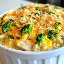 To create a delicious Cheesy Broccoli Chicken Rice Casserole, gather these ingredients: - 2 cups cooked rice - 2 cups cooked chicken, shredded - 2 cups broccoli florets - 1 cup shredded sharp cheddar cheese - 1 cup cream of mushroom soup - 1/2 cup milk - 1 teaspoon garlic powder - 1 teaspoon onion powder - 1/2 teaspoon black pepper - 1/2 teaspoon salt - 1/2 cup breadcrumbs - 2 tablespoons olive oil - 1/4 cup grated Parmesan cheese Each ingredient plays a key role in flavor and texture. The cooked rice serves as the base, giving the dish a hearty feel. Shredded chicken adds protein and richness. Broccoli brings color and nutrients. Sharp cheddar cheese gives that cheesy goodness we all crave. Cream of mushroom soup adds creaminess and depth. The milk helps to blend everything together. Garlic and onion powders enhance the overall flavor. Black pepper and salt balance the dish perfectly. Breadcrumbs and Parmesan create a crunchy topping, making every bite delightful. With these ingredients prepped, you're ready to dive into the cooking process! {{ingredient_image_2}} - Preheat the oven to 350°F (175°C). - Grease your casserole dish with olive oil. This will help your meal come out easily. - In a large bowl, combine 2 cups of cooked rice, 2 cups of shredded chicken, and 2 cups of broccoli florets. - Add 1 cup of shredded sharp cheddar cheese, 1 cup of cream of mushroom soup, and 1/2 cup of milk to the bowl. - Sprinkle in 1 teaspoon of garlic powder, 1 teaspoon of onion powder, 1/2 teaspoon of black pepper, and 1/2 teaspoon of salt. - Stir everything together well. Make sure all the ingredients mix nicely. - Transfer the mixture to your greased casserole dish. Spread it out evenly using a spatula. - In a small bowl, mix 1/2 cup of breadcrumbs with 2 tablespoons of olive oil and 1/4 cup of grated Parmesan cheese. - Sprinkle this mixture evenly over the top of the casserole. This will give it a nice crunch. - Place the casserole in the preheated oven and bake for 30-35 minutes. - Keep an eye on it. Look for bubbling edges and a golden-brown topping. - Once done, carefully remove the casserole from the oven. - Let it cool for 5 minutes before serving. This helps it set up for easier cutting. To boost flavor, I like using rotisserie chicken. It adds a nice depth and saves time. If you want a fresher taste, try making your own cream of mushroom soup. It’s easy and so much better than store-bought. For the perfect crunch, choose panko breadcrumbs. They give a light, crispy topping. To avoid a dry casserole, make sure to use enough liquid. The cream of mushroom soup and milk keep it moist. For a nice touch, garnish with fresh cheese and a few broccoli florets. This makes the dish pop with color and flavor. You can pair it with a simple side salad or garlic bread. These sides complement the casserole well and add more comfort to your meal. Pro Tips Use Rotisserie Chicken: For a more flavorful casserole, opt for rotisserie chicken. It adds depth and saves you time on cooking the chicken yourself. Fresh vs. Frozen Broccoli: If using frozen broccoli, make sure to thaw and drain it well to avoid excess moisture in your casserole. Cheese Variations: Feel free to mix different types of cheese, such as mozzarella or gouda, to customize the flavor of your casserole. Crispy Topping Tips: For an even crunchier topping, broil the casserole for an additional 1-2 minutes after baking, watching closely to prevent burning. {{image_4}} You can switch regular rice for quinoa or cauliflower rice. Quinoa adds a nice nutty taste. Cauliflower rice gives a low-carb option. Both options work well. For the cream of mushroom soup, try making your own. Just blend cooked mushrooms with broth and cream. This gives a fresher flavor. Want to add more color and nutrients? Consider bell peppers, carrots, or spinach. Bell peppers bring sweetness and crunch. Carrots add a bit of earthiness. Spinach gives a pop of green and is packed with vitamins. Just chop them up and mix them in with the other ingredients. If chicken isn’t your thing, try turkey or beef. Shredded turkey works great and is leaner. Ground beef can add a rich flavor to the dish. Just cook the beef first, then mix it in. Both options make this casserole just as tasty and filling. You can store the cheesy broccoli chicken rice casserole in the fridge for up to 3 days. Make sure to cover it tightly with plastic wrap or foil. This keeps the flavors fresh and stops it from drying out. To freeze the casserole, let it cool completely first. Then, place it in an airtight container or wrap it well with plastic wrap and aluminum foil. It can be frozen for up to 3 months. When you’re ready to eat, thaw it overnight in the fridge. Reheat in the oven at 350°F (175°C) until hot. This helps keep the texture nice. You can get creative with leftovers. Try making a wrap by adding the casserole to a tortilla with some greens. Another fun idea is to mix it with scrambled eggs for a tasty breakfast. Or, bake it in a pie crust for a quick pot pie. These ideas help you enjoy your casserole in new ways! Yes, you can prepare this casserole ahead of time. This makes busy days easier. You can mix all the ingredients and place them in the dish. Cover it tightly with plastic wrap or foil. Store it in the fridge for up to 24 hours. When ready to bake, take it out and let it sit for about 30 minutes. This helps it cook evenly. If you need a substitute for cream of mushroom soup, use these options: - Homemade mix: Combine equal parts of milk and sour cream. Add some sautéed mushrooms for flavor. - Cream of chicken soup: This is a great canned option. It has a similar texture and taste. - White sauce: Make a simple white sauce using butter, flour, and milk. Add spices for taste. These alternatives work well and keep your casserole creamy. You can tell the casserole is done by looking for a few signs: - The edges bubble and foam. - The topping turns a nice golden brown. - A toothpick inserted in the center comes out clean. This means the casserole is hot all the way through. If it looks good, it’s time to eat! This blog post covers a tasty chicken and broccoli casserole. We shared the right ingredients, measurements, and simple steps. You can add your favorite veggies or proteins too. Storing and reheating leftovers is easy and convenient. Enjoy making this dish for your family. It’s simple, delicious, and sure to be a hit. With these tips, your casserole will shine at the dinner table. Cooking can be fun and rewarding, so dive in and create!