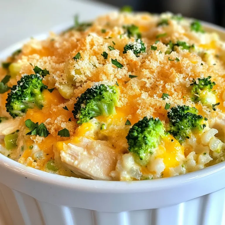 To create a delicious Cheesy Broccoli Chicken Rice Casserole, gather these ingredients: - 2 cups cooked rice - 2 cups cooked chicken, shredded - 2 cups broccoli florets - 1 cup shredded sharp cheddar cheese - 1 cup cream of mushroom soup - 1/2 cup milk - 1 teaspoon garlic powder - 1 teaspoon onion powder - 1/2 teaspoon black pepper - 1/2 teaspoon salt - 1/2 cup breadcrumbs - 2 tablespoons olive oil - 1/4 cup grated Parmesan cheese Each ingredient plays a key role in flavor and texture. The cooked rice serves as the base, giving the dish a hearty feel. Shredded chicken adds protein and richness. Broccoli brings color and nutrients. Sharp cheddar cheese gives that cheesy goodness we all crave. Cream of mushroom soup adds creaminess and depth. The milk helps to blend everything together. Garlic and onion powders enhance the overall flavor. Black pepper and salt balance the dish perfectly. Breadcrumbs and Parmesan create a crunchy topping, making every bite delightful. With these ingredients prepped, you're ready to dive into the cooking process! {{ingredient_image_2}} - Preheat the oven to 350°F (175°C). - Grease your casserole dish with olive oil. This will help your meal come out easily. - In a large bowl, combine 2 cups of cooked rice, 2 cups of shredded chicken, and 2 cups of broccoli florets. - Add 1 cup of shredded sharp cheddar cheese, 1 cup of cream of mushroom soup, and 1/2 cup of milk to the bowl. - Sprinkle in 1 teaspoon of garlic powder, 1 teaspoon of onion powder, 1/2 teaspoon of black pepper, and 1/2 teaspoon of salt. - Stir everything together well. Make sure all the ingredients mix nicely. - Transfer the mixture to your greased casserole dish. Spread it out evenly using a spatula. - In a small bowl, mix 1/2 cup of breadcrumbs with 2 tablespoons of olive oil and 1/4 cup of grated Parmesan cheese. - Sprinkle this mixture evenly over the top of the casserole. This will give it a nice crunch. - Place the casserole in the preheated oven and bake for 30-35 minutes. - Keep an eye on it. Look for bubbling edges and a golden-brown topping. - Once done, carefully remove the casserole from the oven. - Let it cool for 5 minutes before serving. This helps it set up for easier cutting. To boost flavor, I like using rotisserie chicken. It adds a nice depth and saves time. If you want a fresher taste, try making your own cream of mushroom soup. It’s easy and so much better than store-bought. For the perfect crunch, choose panko breadcrumbs. They give a light, crispy topping. To avoid a dry casserole, make sure to use enough liquid. The cream of mushroom soup and milk keep it moist. For a nice touch, garnish with fresh cheese and a few broccoli florets. This makes the dish pop with color and flavor. You can pair it with a simple side salad or garlic bread. These sides complement the casserole well and add more comfort to your meal. Pro Tips Use Rotisserie Chicken: For a more flavorful casserole, opt for rotisserie chicken. It adds depth and saves you time on cooking the chicken yourself. Fresh vs. Frozen Broccoli: If using frozen broccoli, make sure to thaw and drain it well to avoid excess moisture in your casserole. Cheese Variations: Feel free to mix different types of cheese, such as mozzarella or gouda, to customize the flavor of your casserole. Crispy Topping Tips: For an even crunchier topping, broil the casserole for an additional 1-2 minutes after baking, watching closely to prevent burning. {{image_4}} You can switch regular rice for quinoa or cauliflower rice. Quinoa adds a nice nutty taste. Cauliflower rice gives a low-carb option. Both options work well. For the cream of mushroom soup, try making your own. Just blend cooked mushrooms with broth and cream. This gives a fresher flavor. Want to add more color and nutrients? Consider bell peppers, carrots, or spinach. Bell peppers bring sweetness and crunch. Carrots add a bit of earthiness. Spinach gives a pop of green and is packed with vitamins. Just chop them up and mix them in with the other ingredients. If chicken isn’t your thing, try turkey or beef. Shredded turkey works great and is leaner. Ground beef can add a rich flavor to the dish. Just cook the beef first, then mix it in. Both options make this casserole just as tasty and filling. You can store the cheesy broccoli chicken rice casserole in the fridge for up to 3 days. Make sure to cover it tightly with plastic wrap or foil. This keeps the flavors fresh and stops it from drying out. To freeze the casserole, let it cool completely first. Then, place it in an airtight container or wrap it well with plastic wrap and aluminum foil. It can be frozen for up to 3 months. When you’re ready to eat, thaw it overnight in the fridge. Reheat in the oven at 350°F (175°C) until hot. This helps keep the texture nice. You can get creative with leftovers. Try making a wrap by adding the casserole to a tortilla with some greens. Another fun idea is to mix it with scrambled eggs for a tasty breakfast. Or, bake it in a pie crust for a quick pot pie. These ideas help you enjoy your casserole in new ways! Yes, you can prepare this casserole ahead of time. This makes busy days easier. You can mix all the ingredients and place them in the dish. Cover it tightly with plastic wrap or foil. Store it in the fridge for up to 24 hours. When ready to bake, take it out and let it sit for about 30 minutes. This helps it cook evenly. If you need a substitute for cream of mushroom soup, use these options: - Homemade mix: Combine equal parts of milk and sour cream. Add some sautéed mushrooms for flavor. - Cream of chicken soup: This is a great canned option. It has a similar texture and taste. - White sauce: Make a simple white sauce using butter, flour, and milk. Add spices for taste. These alternatives work well and keep your casserole creamy. You can tell the casserole is done by looking for a few signs: - The edges bubble and foam. - The topping turns a nice golden brown. - A toothpick inserted in the center comes out clean. This means the casserole is hot all the way through. If it looks good, it’s time to eat! This blog post covers a tasty chicken and broccoli casserole. We shared the right ingredients, measurements, and simple steps. You can add your favorite veggies or proteins too. Storing and reheating leftovers is easy and convenient. Enjoy making this dish for your family. It’s simple, delicious, and sure to be a hit. With these tips, your casserole will shine at the dinner table. Cooking can be fun and rewarding, so dive in and create!