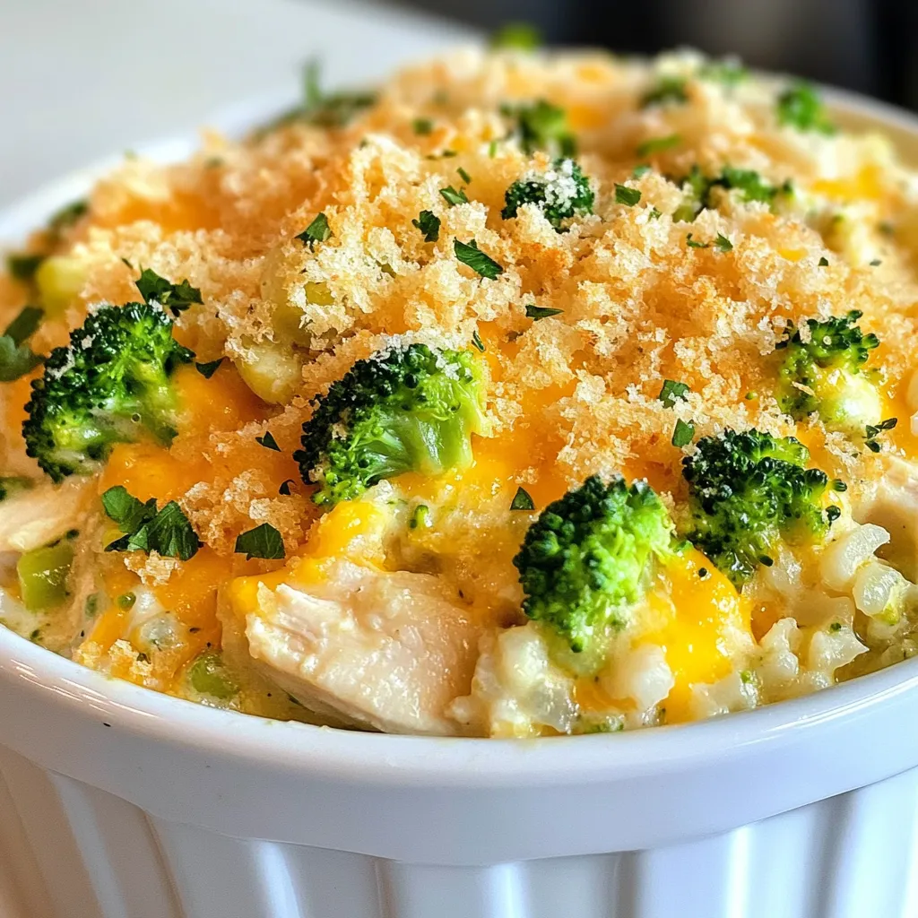 To create a delicious Cheesy Broccoli Chicken Rice Casserole, gather these ingredients: - 2 cups cooked rice - 2 cups cooked chicken, shredded - 2 cups broccoli florets - 1 cup shredded sharp cheddar cheese - 1 cup cream of mushroom soup - 1/2 cup milk - 1 teaspoon garlic powder - 1 teaspoon onion powder - 1/2 teaspoon black pepper - 1/2 teaspoon salt - 1/2 cup breadcrumbs - 2 tablespoons olive oil - 1/4 cup grated Parmesan cheese Each ingredient plays a key role in flavor and texture. The cooked rice serves as the base, giving the dish a hearty feel. Shredded chicken adds protein and richness. Broccoli brings color and nutrients. Sharp cheddar cheese gives that cheesy goodness we all crave. Cream of mushroom soup adds creaminess and depth. The milk helps to blend everything together. Garlic and onion powders enhance the overall flavor. Black pepper and salt balance the dish perfectly. Breadcrumbs and Parmesan create a crunchy topping, making every bite delightful. With these ingredients prepped, you're ready to dive into the cooking process! {{ingredient_image_2}} - Preheat the oven to 350°F (175°C). - Grease your casserole dish with olive oil. This will help your meal come out easily. - In a large bowl, combine 2 cups of cooked rice, 2 cups of shredded chicken, and 2 cups of broccoli florets. - Add 1 cup of shredded sharp cheddar cheese, 1 cup of cream of mushroom soup, and 1/2 cup of milk to the bowl. - Sprinkle in 1 teaspoon of garlic powder, 1 teaspoon of onion powder, 1/2 teaspoon of black pepper, and 1/2 teaspoon of salt. - Stir everything together well. Make sure all the ingredients mix nicely. - Transfer the mixture to your greased casserole dish. Spread it out evenly using a spatula. - In a small bowl, mix 1/2 cup of breadcrumbs with 2 tablespoons of olive oil and 1/4 cup of grated Parmesan cheese. - Sprinkle this mixture evenly over the top of the casserole. This will give it a nice crunch. - Place the casserole in the preheated oven and bake for 30-35 minutes. - Keep an eye on it. Look for bubbling edges and a golden-brown topping. - Once done, carefully remove the casserole from the oven. - Let it cool for 5 minutes before serving. This helps it set up for easier cutting. To boost flavor, I like using rotisserie chicken. It adds a nice depth and saves time. If you want a fresher taste, try making your own cream of mushroom soup. It’s easy and so much better than store-bought. For the perfect crunch, choose panko breadcrumbs. They give a light, crispy topping. To avoid a dry casserole, make sure to use enough liquid. The cream of mushroom soup and milk keep it moist. For a nice touch, garnish with fresh cheese and a few broccoli florets. This makes the dish pop with color and flavor. You can pair it with a simple side salad or garlic bread. These sides complement the casserole well and add more comfort to your meal. Pro Tips Use Rotisserie Chicken: For a more flavorful casserole, opt for rotisserie chicken. It adds depth and saves you time on cooking the chicken yourself. Fresh vs. Frozen Broccoli: If using frozen broccoli, make sure to thaw and drain it well to avoid excess moisture in your casserole. Cheese Variations: Feel free to mix different types of cheese, such as mozzarella or gouda, to customize the flavor of your casserole. Crispy Topping Tips: For an even crunchier topping, broil the casserole for an additional 1-2 minutes after baking, watching closely to prevent burning. {{image_4}} You can switch regular rice for quinoa or cauliflower rice. Quinoa adds a nice nutty taste. Cauliflower rice gives a low-carb option. Both options work well. For the cream of mushroom soup, try making your own. Just blend cooked mushrooms with broth and cream. This gives a fresher flavor. Want to add more color and nutrients? Consider bell peppers, carrots, or spinach. Bell peppers bring sweetness and crunch. Carrots add a bit of earthiness. Spinach gives a pop of green and is packed with vitamins. Just chop them up and mix them in with the other ingredients. If chicken isn’t your thing, try turkey or beef. Shredded turkey works great and is leaner. Ground beef can add a rich flavor to the dish. Just cook the beef first, then mix it in. Both options make this casserole just as tasty and filling. You can store the cheesy broccoli chicken rice casserole in the fridge for up to 3 days. Make sure to cover it tightly with plastic wrap or foil. This keeps the flavors fresh and stops it from drying out. To freeze the casserole, let it cool completely first. Then, place it in an airtight container or wrap it well with plastic wrap and aluminum foil. It can be frozen for up to 3 months. When you’re ready to eat, thaw it overnight in the fridge. Reheat in the oven at 350°F (175°C) until hot. This helps keep the texture nice. You can get creative with leftovers. Try making a wrap by adding the casserole to a tortilla with some greens. Another fun idea is to mix it with scrambled eggs for a tasty breakfast. Or, bake it in a pie crust for a quick pot pie. These ideas help you enjoy your casserole in new ways! Yes, you can prepare this casserole ahead of time. This makes busy days easier. You can mix all the ingredients and place them in the dish. Cover it tightly with plastic wrap or foil. Store it in the fridge for up to 24 hours. When ready to bake, take it out and let it sit for about 30 minutes. This helps it cook evenly. If you need a substitute for cream of mushroom soup, use these options: - Homemade mix: Combine equal parts of milk and sour cream. Add some sautéed mushrooms for flavor. - Cream of chicken soup: This is a great canned option. It has a similar texture and taste. - White sauce: Make a simple white sauce using butter, flour, and milk. Add spices for taste. These alternatives work well and keep your casserole creamy. You can tell the casserole is done by looking for a few signs: - The edges bubble and foam. - The topping turns a nice golden brown. - A toothpick inserted in the center comes out clean. This means the casserole is hot all the way through. If it looks good, it’s time to eat! This blog post covers a tasty chicken and broccoli casserole. We shared the right ingredients, measurements, and simple steps. You can add your favorite veggies or proteins too. Storing and reheating leftovers is easy and convenient. Enjoy making this dish for your family. It’s simple, delicious, and sure to be a hit. With these tips, your casserole will shine at the dinner table. Cooking can be fun and rewarding, so dive in and create!