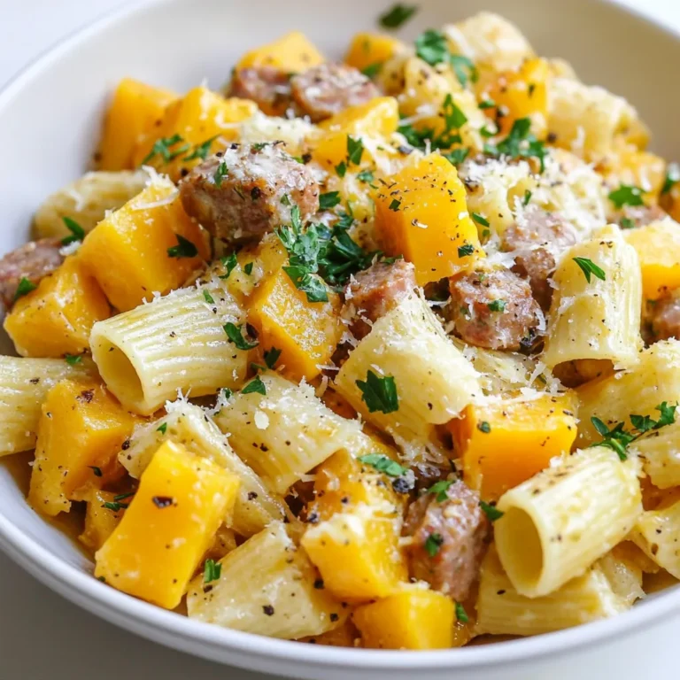 - 2 cups butternut squash, peeled and cut into cubes - 8 ounces Italian sausage, casings removed - 2 tablespoons extra virgin olive oil - 3 cloves garlic, minced - 1 small onion, finely diced - 8 ounces pasta (penne or rigatoni recommended) - 1/2 teaspoon dried sage - 1/2 teaspoon dried thyme - 1/4 teaspoon ground nutmeg - Salt and freshly ground black pepper, to taste - 1/2 cup vegetable broth - 1/2 cup grated Parmesan cheese, plus more for serving - Fresh parsley, chopped, for garnish - Large baking sheet - Large pot for boiling pasta - Large skillet - Wooden spoon - Knife and cutting board - Measuring cups and spoons You can swap butternut squash for sweet potatoes or pumpkin. Use turkey sausage instead of Italian sausage for a lighter dish. If you want a vegetarian option, try using mushrooms or lentils. Instead of Parmesan cheese, use nutritional yeast for a dairy-free version. For herbs, fresh sage and thyme work well if you have them. {{ingredient_image_2}} Start by preheating your oven to 400°F (200°C). While it warms up, take 2 cups of butternut squash. Peel it and cut it into small cubes. Spread these cubes on a baking sheet. Drizzle 1 tablespoon of extra virgin olive oil over them. Sprinkle with salt and pepper to taste. Roast the squash for 20 to 25 minutes. You want it tender and slightly caramelized. While the squash roasts, fill a large pot with salted water and bring it to a boil. Add 8 ounces of your choice of pasta, like penne or rigatoni. Cook the pasta according to the package instructions until it is al dente. After cooking, drain the pasta but save 1/2 cup of the pasta water. Set the pasta aside for later. Now, get a large skillet and place it over medium heat. Add 8 ounces of Italian sausage, removing the casings first. Use a wooden spoon to break it apart as it cooks. Let it brown for about 5 to 7 minutes. When the sausage is cooked, add 1 small finely diced onion and 3 minced garlic cloves to the skillet. Sauté for 3 to 4 minutes until the onion is soft and fragrant. Next, sprinkle in 1/2 teaspoon of dried sage, 1/2 teaspoon of dried thyme, and 1/4 teaspoon of ground nutmeg. Cook for an extra 1 to 2 minutes to blend the flavors. Pour in 1/2 cup of vegetable broth and let it simmer for about 3 minutes. This helps scrape up any tasty bits stuck to the pan. Gently fold in the roasted butternut squash and the drained pasta. Toss everything together, adding the reserved pasta water as needed to create a creamy sauce. Adjust the taste with salt and pepper. Finally, remove the skillet from heat and stir in 1/2 cup of grated Parmesan cheese. Plate the pasta and top with fresh parsley and extra Parmesan for a lovely finish. To roast butternut squash well, start with even cubes. This helps them cook evenly. Preheat your oven to 400°F (200°C). Spread the squash on a baking sheet. Drizzle it with olive oil and sprinkle salt and pepper. Roast for 20 to 25 minutes. Look for tender pieces with caramelized edges. This adds flavor and sweetness to your pasta. For this dish, I recommend using penne or rigatoni. Both shapes hold sauce well. Their ridges grab the creamy sauce and bits of sausage. You can also use farfalle or fusilli for fun shapes. These options add texture and interest to your meal. Just make sure to cook the pasta until al dente. This keeps it firm and prevents mushiness. To boost flavor, consider adding fresh herbs. Fresh sage or thyme adds depth. You can also try crushed red pepper for a bit of heat. A dash of cinnamon can add warmth too. If you like garlic, add an extra clove or two. Experiment with your favorite spices. This dish is very flexible, and your taste buds will thank you! Pro Tips Perfectly Roasted Squash: Ensure the butternut squash is cut into uniform cubes for even roasting. A little caramelization adds depth to the flavor! Choosing the Right Pasta: Penne or rigatoni are ideal as their shapes hold onto the sauce and bits of sausage and squash, enhancing each bite. Adjusting Creaminess: If the pasta seems dry, gradually add the reserved pasta water. This starchy water helps create a silky sauce that clings beautifully to the pasta. Garnishing with Flair: For an extra touch, drizzle a little high-quality olive oil over the plated pasta and finish with a few shavings of Parmesan for a restaurant-quality presentation. {{image_4}} You can easily make a vegetarian version of this dish. Replace the Italian sausage with plant-based sausage. These sausages have great flavor and texture. You can also use mushrooms for a hearty bite. Portobello or shiitake mushrooms work well. They add umami and depth to your meal. Adding seasonal vegetables can boost the dish's flavor and nutrition. Try bell peppers, spinach, or kale. These veggies blend well with the squash. They also add color and crunch. Roast them alongside the butternut squash for the best taste. You can mix and match according to your taste. Cheese can change the whole dish. If you want a different flavor, try goat cheese or feta. These cheeses add a tangy twist. For a creamier taste, use ricotta. Each cheese gives a new personality to the dish. You can also mix a few types for a richer flavor profile. After enjoying this Autumn Sausage Squash Pasta, you may have some leftovers. Store them in an airtight container. The pasta will stay fresh for about three days in the fridge. Make sure to let it cool before sealing the container. This helps keep the pasta from becoming too soggy. To reheat your pasta, use a skillet for best results. Add a splash of water or broth to the pan. This keeps the pasta moist and helps it warm evenly. Heat over medium-low heat, stirring often. If you prefer the microwave, place the pasta in a bowl. Cover it with a damp paper towel and heat it in short intervals. Stir in between to ensure even heating. If you want to save some for later, you can freeze this dish. Make sure it is completely cool before freezing. Use freezer-safe containers or bags. It can last up to three months in the freezer. To reheat, let it thaw in the fridge overnight. Then, follow the reheating instructions above. Enjoy your seasonal flavors anytime! Yes, you can use many types of pasta for this dish. While I recommend penne or rigatoni for their shape and texture, you can try others like fusilli or farfalle. These shapes hold the sauce well. Just make sure to adjust the cooking time based on the pasta type. Always taste for doneness as it cooks. To make this dish low-carb, swap out the pasta for spiralized vegetables. Zucchini noodles, or "zoodles," are a great choice. They cook quickly and soak up the sauce nicely. You can also use cauliflower rice as a base. This keeps the dish light but still full of flavor. You can add multiple proteins to this recipe. Ground turkey or chicken works well as a lean option. If you prefer seafood, shrimp is a fantastic choice. Just sauté it until it's cooked through, then mix it in with the pasta and sauce. For a vegetarian touch, add chickpeas or lentils for protein without meat. This blog post covered how to create a tasty Autumn Sausage Squash Pasta. We explored ingredients, cooking tools, and substitutions. Step-by-step instructions helped you prep and cook with ease. Tips on roasting squash, pasta choices, and flavor boosts made your dish better. We also discussed variations for vegetarians and storage tips for leftovers. Overall, this dish is flexible and fun to make. I hope you feel inspired to try it! Enjoy every bite!