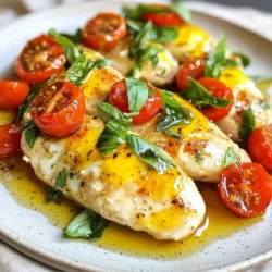 - 4 boneless, skinless chicken breasts - 1 cup fresh mozzarella cheese, sliced into thick rounds - 1 cup cherry tomatoes, halved - 1/2 cup fresh basil leaves, finely chopped (plus extra leaves for garnish) - 2 cloves garlic, minced finely - 2 tablespoons extra virgin olive oil - 1 teaspoon balsamic vinegar - Salt and freshly ground black pepper to taste - 1 teaspoon dried oregano - 1/4 teaspoon red pepper flakes (optional) These ingredients bring the dish to life. The chicken is the star, juicy and tender. The fresh mozzarella melts beautifully over the chicken, adding a creamy layer. Cherry tomatoes burst with flavor, while basil gives a fresh touch. Garlic and olive oil provide a rich base, and balsamic vinegar adds depth. I love how simple herbs can elevate this dish. Using fresh ingredients makes a big difference. Fresh mozzarella melts better than pre-shredded cheese. Cherry tomatoes add sweetness, and fresh basil brightens every bite. You can adjust the red pepper flakes based on your heat preference. Gather all the ingredients before you start cooking. This will make your process easy and fun. Enjoy the vibrant colors and fresh scents as you prepare. {{ingredient_image_2}} - Preheat the oven to 375°F (190°C). This helps cook the chicken evenly. - In a bowl, mix minced garlic, olive oil, balsamic vinegar, oregano, salt, and pepper. This mix adds great flavor to the chicken. - Place the chicken breasts in a baking dish. Make sure they sit flat. - Pour half of the garlic-oil mixture over the chicken. Use a brush or spoon to coat it well. - Bake the chicken for 20 minutes. It should look opaque when done. - Remove the dish from the oven. Add mozzarella, halved cherry tomatoes, and fresh basil on top. Drizzle the rest of the garlic-oil mixture over everything. - Bake again until the cheese is melted and bubbly. This takes about 10 to 15 minutes. The tomatoes will soften and add sweetness. To make sure your chicken cooks evenly, space each breast apart. This helps the heat reach all sides. Keep an eye on the internal temperature. You want it to reach 165°F (75°C) for safe eating. Use a meat thermometer for accuracy. This way, your chicken will be juicy and tender. Fresh herbs bring bright flavor. Fresh basil really shines in this dish. If you use dried herbs, remember they are stronger. You can also add lemon zest for a bright, fresh taste. It adds a nice zing to the dish. For a pretty plate, serve the chicken on a rustic platter. Drizzle some balsamic glaze on top for style. Add a side of crusty bread or a fresh salad. This will make your meal look inviting and delicious. Serve it warm, and enjoy the beautiful colors on your table. Pro Tips Use Fresh Ingredients: Fresh mozzarella and basil will elevate the flavor of your dish significantly. Always opt for the freshest ingredients you can find for the best results. Let it Rest: Allowing the chicken to rest for a few minutes after baking helps to keep it juicy. This step is crucial for achieving a tender bite. Customize Your Toppings: Feel free to add other vegetables like bell peppers or zucchini for added texture and flavor. Experimenting with different toppings can make this dish your own. Watch the Cheese: Keep an eye on the mozzarella while baking to prevent it from browning too much. You want it melted and bubbly, not burnt. {{image_4}} You can switch up the chicken for other meats like turkey or pork. These options still work well with the flavors in the dish. If you want to change the cheese, try using provolone or goat cheese. These cheeses will add a unique taste that pairs nicely with the tomatoes and basil. For gluten-free or dairy-free options, use a gluten-free breading on the chicken. You can also replace mozzarella with a dairy-free cheese. If you want a vegetarian option, swap the chicken for eggplant or tofu. Both work great and absorb the flavors well. Feel free to add more vegetables for extra color and taste. Zucchini and bell peppers are both excellent choices. They add texture and nutrition. You can also try different herbs like thyme or parsley. These will give your dish a fresh twist and elevate the flavors. To store leftovers, let the chicken cool first. Place it in an airtight container. This helps keep it fresh and safe. The recommended shelf life in the fridge is about 3 to 4 days. Make sure to check for any off smells before eating. If you want to save some for later, freezing is a great option. Cut the chicken into portions and wrap each piece in plastic wrap. Then, place them in a freezer bag. This way, they stay fresh for up to 3 months. When you're ready to eat, thaw the chicken in the fridge overnight. For reheating, bake it at 350°F (175°C) until heated through, about 20 minutes. Leftovers can create new meals. Chop the chicken and add it to pasta or salad. You can even make a tasty sandwich. To keep ingredients fresh, store components separately. Keep the chicken, tomatoes, and basil apart until you are ready to use them. This keeps everything flavorful and vibrant. It takes about 45 minutes to bake Mozzarella Basil Chicken. You spend 15 minutes prepping. Then, bake for 20 minutes first. After adding toppings, bake for another 10 to 15 minutes. The chicken reaches an internal temperature of 165°F (75°C) when done. Yes, you can use frozen chicken. Just remember to thaw it first. Place the chicken in the fridge overnight. If in a hurry, use a microwave on defrost mode. Make sure the chicken is fully thawed before seasoning and baking. This way, it cooks evenly and stays juicy. You can serve many sides with this dish. Here are some popular choices: - Crusty bread for dipping in juices - A fresh garden salad with a light vinaigrette - Roasted vegetables for added nutrition - Garlic mashed potatoes for a comforting touch These sides enhance the meal and create a complete dining experience. Enjoy mixing and matching! This recipe combines chicken, fresh vegetables, and herbs for a tasty dish. You learned how to prepare and bake Mozzarella Basil Chicken easily. I shared tips for enhancing flavor and suggestions for ingredient swaps. Also, you found ideas for storage and meal prep. Experiment with the variations to make it your own. Enjoy making this dish and sharing it with others!