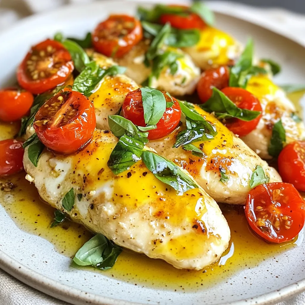 - 4 boneless, skinless chicken breasts - 1 cup fresh mozzarella cheese, sliced into thick rounds - 1 cup cherry tomatoes, halved - 1/2 cup fresh basil leaves, finely chopped (plus extra leaves for garnish) - 2 cloves garlic, minced finely - 2 tablespoons extra virgin olive oil - 1 teaspoon balsamic vinegar - Salt and freshly ground black pepper to taste - 1 teaspoon dried oregano - 1/4 teaspoon red pepper flakes (optional) These ingredients bring the dish to life. The chicken is the star, juicy and tender. The fresh mozzarella melts beautifully over the chicken, adding a creamy layer. Cherry tomatoes burst with flavor, while basil gives a fresh touch. Garlic and olive oil provide a rich base, and balsamic vinegar adds depth. I love how simple herbs can elevate this dish. Using fresh ingredients makes a big difference. Fresh mozzarella melts better than pre-shredded cheese. Cherry tomatoes add sweetness, and fresh basil brightens every bite. You can adjust the red pepper flakes based on your heat preference. Gather all the ingredients before you start cooking. This will make your process easy and fun. Enjoy the vibrant colors and fresh scents as you prepare. {{ingredient_image_2}} - Preheat the oven to 375°F (190°C). This helps cook the chicken evenly. - In a bowl, mix minced garlic, olive oil, balsamic vinegar, oregano, salt, and pepper. This mix adds great flavor to the chicken. - Place the chicken breasts in a baking dish. Make sure they sit flat. - Pour half of the garlic-oil mixture over the chicken. Use a brush or spoon to coat it well. - Bake the chicken for 20 minutes. It should look opaque when done. - Remove the dish from the oven. Add mozzarella, halved cherry tomatoes, and fresh basil on top. Drizzle the rest of the garlic-oil mixture over everything. - Bake again until the cheese is melted and bubbly. This takes about 10 to 15 minutes. The tomatoes will soften and add sweetness. To make sure your chicken cooks evenly, space each breast apart. This helps the heat reach all sides. Keep an eye on the internal temperature. You want it to reach 165°F (75°C) for safe eating. Use a meat thermometer for accuracy. This way, your chicken will be juicy and tender. Fresh herbs bring bright flavor. Fresh basil really shines in this dish. If you use dried herbs, remember they are stronger. You can also add lemon zest for a bright, fresh taste. It adds a nice zing to the dish. For a pretty plate, serve the chicken on a rustic platter. Drizzle some balsamic glaze on top for style. Add a side of crusty bread or a fresh salad. This will make your meal look inviting and delicious. Serve it warm, and enjoy the beautiful colors on your table. Pro Tips Use Fresh Ingredients: Fresh mozzarella and basil will elevate the flavor of your dish significantly. Always opt for the freshest ingredients you can find for the best results. Let it Rest: Allowing the chicken to rest for a few minutes after baking helps to keep it juicy. This step is crucial for achieving a tender bite. Customize Your Toppings: Feel free to add other vegetables like bell peppers or zucchini for added texture and flavor. Experimenting with different toppings can make this dish your own. Watch the Cheese: Keep an eye on the mozzarella while baking to prevent it from browning too much. You want it melted and bubbly, not burnt. {{image_4}} You can switch up the chicken for other meats like turkey or pork. These options still work well with the flavors in the dish. If you want to change the cheese, try using provolone or goat cheese. These cheeses will add a unique taste that pairs nicely with the tomatoes and basil. For gluten-free or dairy-free options, use a gluten-free breading on the chicken. You can also replace mozzarella with a dairy-free cheese. If you want a vegetarian option, swap the chicken for eggplant or tofu. Both work great and absorb the flavors well. Feel free to add more vegetables for extra color and taste. Zucchini and bell peppers are both excellent choices. They add texture and nutrition. You can also try different herbs like thyme or parsley. These will give your dish a fresh twist and elevate the flavors. To store leftovers, let the chicken cool first. Place it in an airtight container. This helps keep it fresh and safe. The recommended shelf life in the fridge is about 3 to 4 days. Make sure to check for any off smells before eating. If you want to save some for later, freezing is a great option. Cut the chicken into portions and wrap each piece in plastic wrap. Then, place them in a freezer bag. This way, they stay fresh for up to 3 months. When you're ready to eat, thaw the chicken in the fridge overnight. For reheating, bake it at 350°F (175°C) until heated through, about 20 minutes. Leftovers can create new meals. Chop the chicken and add it to pasta or salad. You can even make a tasty sandwich. To keep ingredients fresh, store components separately. Keep the chicken, tomatoes, and basil apart until you are ready to use them. This keeps everything flavorful and vibrant. It takes about 45 minutes to bake Mozzarella Basil Chicken. You spend 15 minutes prepping. Then, bake for 20 minutes first. After adding toppings, bake for another 10 to 15 minutes. The chicken reaches an internal temperature of 165°F (75°C) when done. Yes, you can use frozen chicken. Just remember to thaw it first. Place the chicken in the fridge overnight. If in a hurry, use a microwave on defrost mode. Make sure the chicken is fully thawed before seasoning and baking. This way, it cooks evenly and stays juicy. You can serve many sides with this dish. Here are some popular choices: - Crusty bread for dipping in juices - A fresh garden salad with a light vinaigrette - Roasted vegetables for added nutrition - Garlic mashed potatoes for a comforting touch These sides enhance the meal and create a complete dining experience. Enjoy mixing and matching! This recipe combines chicken, fresh vegetables, and herbs for a tasty dish. You learned how to prepare and bake Mozzarella Basil Chicken easily. I shared tips for enhancing flavor and suggestions for ingredient swaps. Also, you found ideas for storage and meal prep. Experiment with the variations to make it your own. Enjoy making this dish and sharing it with others!