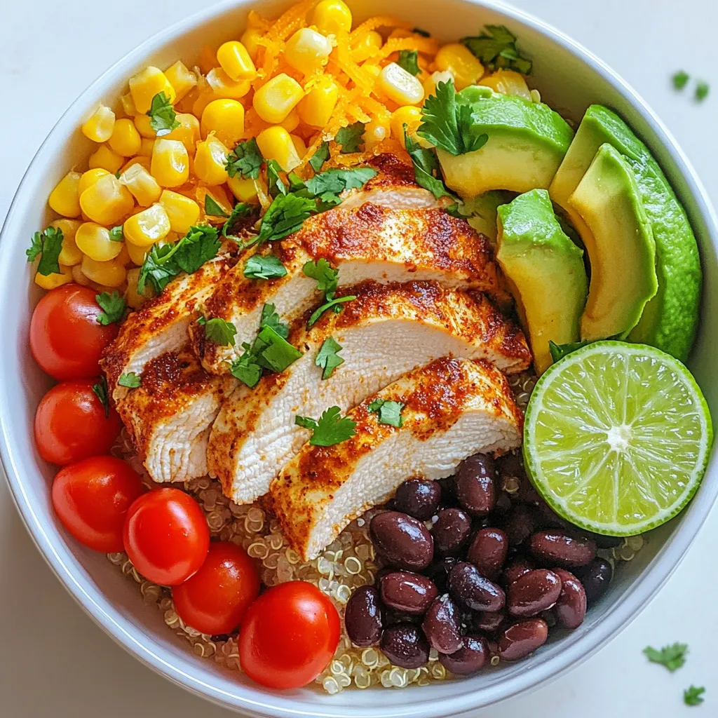 - 1 cup quinoa, thoroughly rinsed - 2 boneless, skinless chicken breasts - 1 can (15 oz) black beans, rinsed and drained - 1 cup corn (can be frozen or canned) - 1 ripe avocado, diced - 1 tablespoon extra-virgin olive oil - 1 teaspoon chili powder - 1 teaspoon ground cumin - 1 teaspoon garlic powder - Sea salt and black pepper, to taste - Juice of 1 lime - 1/2 cup shredded cheese (cheddar or Mexican blend recommended) - Hot sauce for an added kick - 1/4 cup fresh cilantro, chopped - 1 cup cherry tomatoes, halved In my experience, these ingredients create a tasty Tex-Mex Chicken Quinoa Bowl. The quinoa serves as a great base. It provides protein and fiber. The chicken adds lean protein and can soak up the spices well. Black beans and corn bring in flavor and texture. Avocado adds creaminess and healthy fats. I always recommend using fresh ingredients. They enhance the taste and nutrition of the dish. The spices, like chili powder and cumin, give it a warm kick. Lime juice brightens the whole bowl. If you're feeling adventurous, consider adding optional ingredients. Shredded cheese can make the dish richer. Hot sauce adds heat for spice lovers. Fresh cilantro and cherry tomatoes give freshness and color. Enjoy customizing your bowl to your taste! {{ingredient_image_2}} To start, take 1 cup of rinsed quinoa and put it in a medium saucepan. Add 2 cups of chicken broth. This gives the quinoa a rich flavor. Bring this mix to a strong boil. After boiling, lower the heat. Cover the pan with a lid and let it simmer for about 15 minutes. The quinoa will absorb the liquid and become fluffy. Once cooked, use a fork to fluff the quinoa and set it aside. Next, take 2 boneless, skinless chicken breasts. Season them well with 1 teaspoon each of chili powder, ground cumin, and garlic powder. Add sea salt and black pepper to taste. Heat 1 tablespoon of olive oil in a large skillet over medium-high heat. Once hot, place the seasoned chicken in the skillet. Cook each side for about 6-7 minutes. The chicken should no longer be pink in the center. After cooking, remove the chicken and let it rest. Slice it into thin strips. Now, grab a large mixing bowl. Combine the cooked quinoa, 1 can of rinsed black beans, 1 cup of corn, and halved cherry tomatoes. Add 1 diced avocado and 1/4 cup of fresh cilantro. Squeeze the juice of 1 lime over everything. Gently toss the mix together. This will brighten the flavors. To serve, spoon the quinoa mixture into bowls. Place the chicken slices on top and sprinkle with shredded cheese. If you like heat, add hot sauce on the side. Each bowl looks colorful and inviting. - Ideal spice levels: Start with 1 teaspoon of chili powder. Adjust to taste. If you like more heat, add more chili powder or a dash of cayenne pepper. - Herb substitutions: If cilantro isn’t your favorite, try fresh parsley or green onions. Both add great flavor. - Cheese recommendations: Cheddar cheese works well, but a Mexican blend gives a nice twist. For a creamier touch, try crumbled queso fresco. - Tips for perfectly cooked chicken: Use a meat thermometer. Chicken should reach 165°F. Let it rest before slicing. This keeps it juicy. - Quinoa cooking tips: Rinse quinoa well before cooking. This removes bitterness. Use chicken broth for added flavor. Always fluff it with a fork after cooking. - Making ahead: You can cook everything in advance. Store quinoa and chicken separately until ready to serve. - Storage and reheating instructions: Keep in airtight containers. They last up to four days in the fridge. Reheat in the microwave or on the stove until warm. Pro Tips Perfectly Fluffy Quinoa: Always rinse quinoa under cold water before cooking to remove its natural coating, called saponin, which can make it taste bitter. Chicken Cooking Tip: Let the chicken rest for a few minutes after cooking before slicing. This helps retain its juices, making for a more flavorful dish. Customizable Bowls: Feel free to add other vegetables like bell peppers or zucchini to the quinoa mixture for extra flavor and nutrition. Cheese Melting Tip: For a gooey cheese topping, place the bowls under the broiler for 1-2 minutes after adding the cheese, watching closely to prevent burning. {{image_4}} You can easily switch out the chicken for a meat-free choice. Try using grilled tofu or tempeh for a tasty twist. Both options offer great texture and soak up flavors well. You can also add chickpeas or lentils for extra protein. These legumes are filling and packed with nutrients. Get creative with spices! Instead of chili powder, try smoked paprika or cayenne for heat. You can also add cumin with a hint of cinnamon for a warm flavor. For veggies, think about bell peppers, zucchini, or spinach. They add color and crunch to your bowl. Serve your Tex-Mex bowl with crispy tortilla chips for a fun crunch. You can also add a dollop of sour cream or Greek yogurt for creaminess. To make it pretty, garnish with extra cilantro and lime wedges. This not only looks nice but adds a fresh taste too. To keep your Tex-Mex chicken quinoa bowls fresh, store them in the fridge. Place the bowls in airtight containers. This method keeps flavors intact. Your meal will last about 3 to 4 days in the refrigerator. Just make sure to cool them to room temperature before sealing. If you want to save some for later, freezing is a great choice. First, let the bowls cool completely. Then, scoop portions into freezer-safe containers. Label each container with the date. You can freeze them for up to 3 months. When you're ready to eat, thaw them in the fridge overnight. Reheat in a microwave or on the stove until hot. Choosing the right containers is key for storage. Use glass or BPA-free plastic containers. They are safe and durable. Make sure they have tight-fitting lids. For portioning, divide the quinoa bowl into individual servings. This way, you can grab a meal quickly when needed. Yes, you can use brown rice. It cooks differently than quinoa. Brown rice takes longer, about 45 minutes. Use two cups of chicken broth for one cup of brown rice. This will keep your bowl flavorful and filling. To add heat, try these tips: - Use more chili powder. - Add diced jalapeños. - Drizzle hot sauce on top. These options will give your bowl a nice kick. You can get creative with toppings! Here are some ideas: - Sliced radishes for crunch. - Pickled onions for tang. - Sour cream for creaminess. - Extra cilantro for freshness. Feel free to mix and match to suit your taste! Absolutely! The recipe is already gluten-free if you use gluten-free broth. Just ensure any toppings, like hot sauce and cheese, are also gluten-free. This way, everyone can enjoy it. Yes, meal prep is a great idea! Cook the quinoa and chicken in advance. Store them in separate containers. Mix in the beans and veggies right before eating. This keeps everything fresh and tasty. In this post, I covered how to make a tasty Tex-Mex Chicken Quinoa Bowl. You need several main ingredients: quinoa, chicken, black beans, corn, and avocado. Season them with spices like chili powder and garlic. I shared steps for cooking and assembling your bowl, plus tips for flavor and storage. You can easily change it up with different proteins or spices. Enjoy your healthy meal, and don't forget to customize it your way. The options are endless!