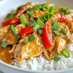 Here are the key ingredients you will need to make Thai Peanut Crockpot Chicken: - 2 lbs boneless, skinless chicken thighs - 1 cup creamy peanut butter - 1/2 cup low-sodium soy sauce - 1/4 cup honey - 3 cloves garlic, minced - 1 inch fresh ginger, grated - 1 tablespoon sriracha - 1/2 cup coconut milk - 1 red bell pepper, sliced - 1 cup snow peas, trimmed - 1/4 cup chopped green onions - 1 tablespoon sesame oil - Cooked jasmine rice (for serving) You have a mix of flavors in this dish. The chicken thighs are juicy and tender. Peanut butter adds creaminess. Soy sauce gives a savory touch. Honey brings a hint of sweetness. Garlic and ginger add warm, spicy notes. Sriracha lets you control the heat. Coconut milk makes the sauce rich and smooth. The bell pepper and snow peas add bright colors and crunch. This combination makes a dish that is both comforting and exciting. Each ingredient plays a role in building layers of flavor. It's a great family meal that everyone will enjoy. {{ingredient_image_2}} - Lay chicken thighs in the crockpot. - Arrange them evenly without overlapping. This helps them cook well. - In a bowl, whisk together peanut butter, soy sauce, honey, garlic, ginger, sriracha, and coconut milk. - Keep whisking until the sauce is smooth and creamy. This sauce will bring great flavor. - Pour the peanut sauce over the chicken. Make sure to coat each piece well. - Layer the sliced red bell pepper and snow peas on top. This adds color and texture. - Cover the crockpot. Cook on low for 6-8 hours or on high for 3-4 hours. - The chicken is done when it is tender and pulls apart easily. - Once cooked, use two forks to shred the chicken in the crockpot. - Mix the chicken with the sauce and vegetables until everything is well combined. - Stir in the sesame oil before serving for extra flavor. - Adjust sriracha to taste for spice level. If you like heat, add more. If you prefer mild, use less. - Incorporate additional spices or herbs. Try adding a touch of cumin or cilantro for extra depth. - Serve in bowls and garnish with crushed peanuts for crunch. This adds a nice texture contrast to the dish. - Add lime wedges for tanginess. The fresh lime juice brightens up the flavors and makes the dish pop. - Use a meat thermometer to check chicken doneness. Chicken should reach 165°F for safety. - Ensure sauce is well blended before pouring. A smooth sauce coats the chicken better and enhances flavor. Pro Tips Use Fresh Ingredients: Fresh garlic and ginger can elevate the flavor of your sauce significantly compared to dried versions. Adjust Spice Level: Feel free to customize the amount of sriracha based on your heat tolerance, or substitute with a milder sauce if preferred. Let it Rest: After cooking, allow the chicken to rest in the sauce for a few minutes before shredding to absorb more flavor. Make it Your Own: Add vegetables like broccoli or carrots for added nutrition and color, or serve with lime wedges for an extra zing. {{image_4}} If you want to switch things up, try different proteins. Tofu works great for a plant-based meal. You can also use pork for a richer taste. For the veggies, swap snow peas for broccoli or green beans. Both options add a nice crunch and flavor to the dish. For a vegan option, use plant-based ingredients. Substitute chicken with tofu and use maple syrup instead of honey. To make this recipe gluten-free, simply use tamari instead of soy sauce. This way, you can enjoy the same great taste without the gluten. Instead of serving over rice, try noodles like rice noodles or soba. They soak up the sauce nicely. To add freshness, pair the meal with a side salad. A light salad with cucumber and carrots will balance the richness of the peanut sauce. To keep your Thai Peanut Crockpot Chicken fresh, store leftovers in an airtight container. This helps seal in flavor and moisture. You should consume the leftovers within 3-4 days. Keeping an eye on this ensures you enjoy the best taste and quality. If you want to save some for later, freeze the chicken in portions. This way, you can grab a single serving whenever you need a quick meal. Make sure to thaw the chicken in the refrigerator before reheating. This keeps the texture nice and even. To reheat, you can use the microwave or stovetop. If you choose the microwave, cover it to keep moisture in. I recommend adding a splash of coconut milk while reheating. This step helps maintain the creamy texture and keeps the dish from drying out. Enjoy your flavorful meal again! Making this dish is easy and quick. It takes about 15 minutes to prep. After that, it needs to cook for 6-8 hours on low or 3-4 hours on high. So overall, you can enjoy this meal with just a little time in the kitchen. Yes, you can use chicken breasts. However, chicken thighs have more fat. This makes them juicier and more flavorful. Breasts may dry out more easily during cooking. If you prefer breasts, cook them just right to keep them moist. The recipe includes sriracha, which adds heat. If you want less spice, you can reduce the sriracha. Another option is to leave it out completely. You can also add some sugar to balance the heat if you use it. This dish pairs well with fluffy jasmine rice. You can also serve it with steamed vegetables or a fresh salad. For extra crunch, add crushed peanuts on top. Lime wedges add a nice, tangy flavor too. Yes, you can make this dish ahead of time. It stores well in the fridge for 3-4 days. To prep, you can chop the veggies and mix the sauce. Store the chicken and sauce separately until you are ready to cook. This blog post covers how to make Thai Peanut Crockpot Chicken. We talked about the needed ingredients, easy steps to follow, and tips for best results. You can customize this dish with different proteins or veggies to fit your taste. Remember to store leftovers properly or freeze for later. Enjoy a tasty, hassle-free meal that’s sure to impress! Simple prep and cooking times make this recipe perfect for weeknight dinners. Try it out, and you’ll see how easy and delicious home cooking can be!