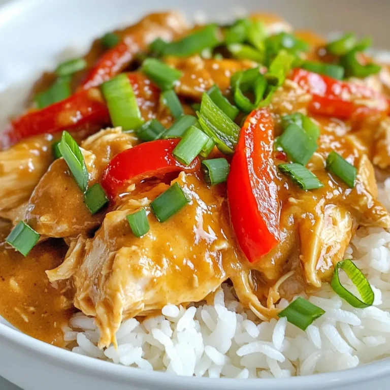 Here are the key ingredients you will need to make Thai Peanut Crockpot Chicken: - 2 lbs boneless, skinless chicken thighs - 1 cup creamy peanut butter - 1/2 cup low-sodium soy sauce - 1/4 cup honey - 3 cloves garlic, minced - 1 inch fresh ginger, grated - 1 tablespoon sriracha - 1/2 cup coconut milk - 1 red bell pepper, sliced - 1 cup snow peas, trimmed - 1/4 cup chopped green onions - 1 tablespoon sesame oil - Cooked jasmine rice (for serving) You have a mix of flavors in this dish. The chicken thighs are juicy and tender. Peanut butter adds creaminess. Soy sauce gives a savory touch. Honey brings a hint of sweetness. Garlic and ginger add warm, spicy notes. Sriracha lets you control the heat. Coconut milk makes the sauce rich and smooth. The bell pepper and snow peas add bright colors and crunch. This combination makes a dish that is both comforting and exciting. Each ingredient plays a role in building layers of flavor. It's a great family meal that everyone will enjoy. {{ingredient_image_2}} - Lay chicken thighs in the crockpot. - Arrange them evenly without overlapping. This helps them cook well. - In a bowl, whisk together peanut butter, soy sauce, honey, garlic, ginger, sriracha, and coconut milk. - Keep whisking until the sauce is smooth and creamy. This sauce will bring great flavor. - Pour the peanut sauce over the chicken. Make sure to coat each piece well. - Layer the sliced red bell pepper and snow peas on top. This adds color and texture. - Cover the crockpot. Cook on low for 6-8 hours or on high for 3-4 hours. - The chicken is done when it is tender and pulls apart easily. - Once cooked, use two forks to shred the chicken in the crockpot. - Mix the chicken with the sauce and vegetables until everything is well combined. - Stir in the sesame oil before serving for extra flavor. - Adjust sriracha to taste for spice level. If you like heat, add more. If you prefer mild, use less. - Incorporate additional spices or herbs. Try adding a touch of cumin or cilantro for extra depth. - Serve in bowls and garnish with crushed peanuts for crunch. This adds a nice texture contrast to the dish. - Add lime wedges for tanginess. The fresh lime juice brightens up the flavors and makes the dish pop. - Use a meat thermometer to check chicken doneness. Chicken should reach 165°F for safety. - Ensure sauce is well blended before pouring. A smooth sauce coats the chicken better and enhances flavor. Pro Tips Use Fresh Ingredients: Fresh garlic and ginger can elevate the flavor of your sauce significantly compared to dried versions. Adjust Spice Level: Feel free to customize the amount of sriracha based on your heat tolerance, or substitute with a milder sauce if preferred. Let it Rest: After cooking, allow the chicken to rest in the sauce for a few minutes before shredding to absorb more flavor. Make it Your Own: Add vegetables like broccoli or carrots for added nutrition and color, or serve with lime wedges for an extra zing. {{image_4}} If you want to switch things up, try different proteins. Tofu works great for a plant-based meal. You can also use pork for a richer taste. For the veggies, swap snow peas for broccoli or green beans. Both options add a nice crunch and flavor to the dish. For a vegan option, use plant-based ingredients. Substitute chicken with tofu and use maple syrup instead of honey. To make this recipe gluten-free, simply use tamari instead of soy sauce. This way, you can enjoy the same great taste without the gluten. Instead of serving over rice, try noodles like rice noodles or soba. They soak up the sauce nicely. To add freshness, pair the meal with a side salad. A light salad with cucumber and carrots will balance the richness of the peanut sauce. To keep your Thai Peanut Crockpot Chicken fresh, store leftovers in an airtight container. This helps seal in flavor and moisture. You should consume the leftovers within 3-4 days. Keeping an eye on this ensures you enjoy the best taste and quality. If you want to save some for later, freeze the chicken in portions. This way, you can grab a single serving whenever you need a quick meal. Make sure to thaw the chicken in the refrigerator before reheating. This keeps the texture nice and even. To reheat, you can use the microwave or stovetop. If you choose the microwave, cover it to keep moisture in. I recommend adding a splash of coconut milk while reheating. This step helps maintain the creamy texture and keeps the dish from drying out. Enjoy your flavorful meal again! Making this dish is easy and quick. It takes about 15 minutes to prep. After that, it needs to cook for 6-8 hours on low or 3-4 hours on high. So overall, you can enjoy this meal with just a little time in the kitchen. Yes, you can use chicken breasts. However, chicken thighs have more fat. This makes them juicier and more flavorful. Breasts may dry out more easily during cooking. If you prefer breasts, cook them just right to keep them moist. The recipe includes sriracha, which adds heat. If you want less spice, you can reduce the sriracha. Another option is to leave it out completely. You can also add some sugar to balance the heat if you use it. This dish pairs well with fluffy jasmine rice. You can also serve it with steamed vegetables or a fresh salad. For extra crunch, add crushed peanuts on top. Lime wedges add a nice, tangy flavor too. Yes, you can make this dish ahead of time. It stores well in the fridge for 3-4 days. To prep, you can chop the veggies and mix the sauce. Store the chicken and sauce separately until you are ready to cook. This blog post covers how to make Thai Peanut Crockpot Chicken. We talked about the needed ingredients, easy steps to follow, and tips for best results. You can customize this dish with different proteins or veggies to fit your taste. Remember to store leftovers properly or freeze for later. Enjoy a tasty, hassle-free meal that’s sure to impress! Simple prep and cooking times make this recipe perfect for weeknight dinners. Try it out, and you’ll see how easy and delicious home cooking can be!