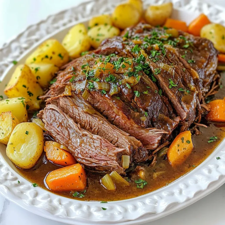 To make the best ever slow cooker pot roast, you will need: - 3 to 4 lbs beef chuck roast - 4 medium carrots, peeled and chopped into 1-inch chunks - 3 medium potatoes, peeled and quartered - 1 large onion, thinly sliced - 4 cloves garlic, minced - 2 cups beef broth - 2 tablespoons Worcestershire sauce - 1 tablespoon soy sauce - 2 teaspoons dried thyme - 2 teaspoons dried rosemary - Salt and freshly ground black pepper to taste - 2 tablespoons olive oil - 2 tablespoons cornstarch (optional, for thickening) - Fresh parsley, chopped (for garnish) Using quality ingredients makes a big difference in your pot roast. Fresh vegetables add flavor and texture. A good beef roast will be tender and juicy. Always choose a chuck roast that has some fat. This fat breaks down during cooking and keeps the meat moist. High-quality broth adds depth to the dish. Homemade broth is great, but store-bought works too. The spices you choose should be fresh to give the best flavor. Fresh herbs like thyme and rosemary make your pot roast shine. You can customize your pot roast with a few optional ingredients: - Add mushrooms for an earthy flavor. - Use root vegetables like parsnips for extra sweetness. - Try different herbs like oregano or basil for a twist. - A splash of red wine can enhance the broth. - Consider adding bell peppers for color and taste. Feel free to mix and match based on what you have at home. {{ingredient_image_2}} First, I heat olive oil in a large skillet over medium-high heat. This step helps to create a nice crust on the meat. While the oil heats, I take the beef chuck roast and season it well with salt and pepper. Once the oil is shimmering, I add the roast to the skillet. I brown the meat on all sides, which usually takes about 4-5 minutes per side. This step is key. It locks in the flavor and gives the roast a great color. Now, I prepare the slow cooker. I lay sliced onions, chopped carrots, and quartered potatoes at the bottom of the pot. This acts as a tasty base for the roast. It also helps the vegetables soak up the juices from the meat. Next, I mix together beef broth, Worcestershire sauce, soy sauce, minced garlic, dried thyme, and dried rosemary in a bowl. I pour this mixture over the vegetables to ensure they are evenly covered. With everything in place, I carefully add the seared roast on top of the vegetables. I like to spoon some broth over the roast for extra flavor. After that, I secure the lid and set the slow cooker to low for 8-10 hours or high for 4-6 hours. The goal here is to achieve fork-tender meat. It should shred easily when it’s done. If I want a thicker gravy, I mix cornstarch with water to make a slurry. About 30 minutes before serving, I add this to the slow cooker and stir it in gently. This will give me a rich, thick sauce. When ready, I remove the roast and let it rest before slicing. I serve the pot roast with the tender veggies, drizzling the broth over everything. To get the best flavor and tenderness, start by searing your beef. Heat olive oil in a skillet until it shimmers. Season the beef well with salt and pepper. Brown it on all sides for about 4-5 minutes. This step adds a deep taste to your pot roast. Layer your vegetables in the slow cooker. Use sliced onions, carrots, and potatoes as a base. This keeps the meat from sticking and lets the veggies soak up all the tasty juices. Mix your broth well. Combine beef broth, Worcestershire sauce, soy sauce, garlic, thyme, and rosemary in a bowl. Pour this over the veggies before adding the roast. It ensures that every bite has great flavor. One common mistake is skipping the searing step. This can lead to less flavor in your final dish. Another mistake is overcrowding the slow cooker. Make sure you have enough space for even cooking. Always check the seasoning before serving. You might need to add more salt or pepper. Also, avoid lifting the lid too often. Each time you do, heat escapes, and the cooking time will increase. Lastly, don’t rush the cooking time. Low and slow is key for that perfect tenderness. For a 3-pound roast, cook on low for 8 hours or high for 4 hours. If your roast is 4 pounds, aim for 10 hours on low or 6 hours on high. Always check that the meat is fork-tender before serving. If it isn’t, let it cook longer. Cooking times can vary based on your slow cooker, so adjust as needed. Pro Tips Searing for Flavor: Searing the roast before adding it to the slow cooker creates a rich, caramelized crust that enhances the overall flavor of the dish. <strong.Layering Vegetables: Placing the vegetables at the bottom of the slow cooker not only prevents the meat from sticking but also allows them to soak up all the flavorful juices as they cook. <strong.Controling Cooking Time: For best results, avoid opening the slow cooker during cooking, as this releases heat and can prolong cooking time. Use the low setting for a more tender roast. <strong.Thickening the Gravy: If you prefer a thicker gravy, mix cornstarch with water to create a slurry and add it to the slow cooker about 30 minutes before serving for optimal results. {{image_4}} You can change the herbs to fit your taste. Instead of thyme and rosemary, try using oregano or basil. For a spicy kick, add crushed red pepper flakes. Experimenting with herbs can take your pot roast to new heights. Just remember, fresh herbs will give a stronger flavor than dried ones. Feel free to mix in different vegetables. Instead of potatoes, you can use sweet potatoes or parsnips. You can also add green beans or bell peppers for extra color. Each vegetable adds its own unique flavor and texture. This way, every pot roast can taste different and exciting. You can switch up the sauces for more flavor. Try using a red wine for a rich taste. If you want a tangy twist, add a splash of balsamic vinegar. Instead of beef broth, chicken broth works too. Each option will give your pot roast a fresh spin, making it more fun to cook every time. Store your pot roast leftovers in an airtight container. This keeps the meat moist and fresh. Let the pot roast cool to room temperature before storing. If you put hot food in the fridge, it can make other food unsafe. Use the leftovers within three to four days for best taste. To reheat, place the pot roast in a skillet over low heat. Add a splash of beef broth to keep it juicy. Cover the skillet with a lid to help heat evenly. Stir often and heat until warm. You can also use the microwave. Place the pot roast on a microwave-safe plate. Cover it with a damp paper towel to keep moisture in. Heat in short bursts, checking often until warm. If you want to save the pot roast for later, freezing is great. First, slice the meat into portions. This makes it easier to thaw later. Place the meat and veggies in a freezer-safe bag. Remove as much air as possible before sealing. Label the bag with the date. The pot roast can last up to three months in the freezer. When ready to eat, thaw it overnight in the fridge. Then, reheat it using one of the methods above. You can tell the pot roast is done by checking its tenderness. When the meat easily shreds with a fork, it's ready. The internal temperature should reach at least 190°F for best results. If you have a meat thermometer, use it for accuracy. I recommend letting it cook for the full time for a melt-in-your-mouth texture. Yes, you can cook the pot roast on high heat. It will take about 4 to 6 hours. However, slow cooking on low heat for 8 to 10 hours gives better flavor and tenderness. The slow method allows the meat to soak up all the tasty juices. If you're short on time, the high heat option works well too. You can serve pot roast with various sides. Here are some tasty options: - Mashed potatoes - Roasted vegetables - Creamy polenta - Fresh bread or rolls - Green salad These sides will complement the rich flavor of the pot roast. Enjoy mixing and matching to find your favorite pairings! This guide covered the key ingredients for a great pot roast, including quality options. I shared steps for preparation, cooking, and tips to boost flavor and tenderness. You learned about variations for different tastes and how to store leftovers. Remember, using fresh ingredients and avoiding common mistakes can make a huge difference. Now you have the skills to make a delicious pot roast that everyone will love. Enjoy your cooking journey!
