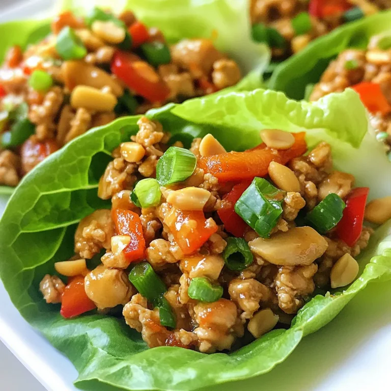 - 1 lb of ground chicken - 1 tablespoon of sesame oil - 3 cloves of garlic, minced - 1 inch piece of ginger, grated - 1 red bell pepper, finely diced - 1 cup of mushrooms, finely chopped - 1 carrot, shredded - ¼ cup of soy sauce (or tamari for a gluten-free option) - 1 tablespoon of rice vinegar - 1 tablespoon of honey or agave syrup - 2 teaspoons of sriracha (adjust according to your spice preference) - 1 tablespoon of cornstarch combined with 2 tablespoons of water - 12 large lettuce leaves (preferably butter or romaine) - Chopped green onions and crushed peanuts for garnish Firecracker Ground Chicken Lettuce Wraps need fresh, tasty ingredients. Start with ground chicken. It gives a great base for flavor. The next key is sesame oil. It adds a nutty taste that sets the stage. Garlic and ginger bring bright notes. Use minced garlic and grated ginger for best results. Red bell pepper, mushrooms, and carrot add color and crunch. They also pack in nutrients. A mix of soy sauce and rice vinegar gives a savory kick. Honey or agave syrup adds sweetness to balance flavors. Sriracha brings heat, but adjust to your taste. Don't forget cornstarch! It thickens the sauce nicely. The lettuce leaves hold everything together. Choose butter or romaine for a soft bite. Finally, chopped green onions and crushed peanuts add a lovely finish. Enjoy gathering these ingredients; they make a delicious wrap! {{ingredient_image_2}} Heating the oil First, grab a large skillet. Heat 1 tablespoon of sesame oil over medium-high heat. Wait until the oil shimmers. This means it’s ready for cooking. Sautéing aromatics Next, add 3 cloves of minced garlic and 1 inch of grated ginger. Sauté for about 30 seconds. You want them fragrant but not burnt. Browning the ground chicken Now, increase the heat to high. Add 1 pound of ground chicken. Use a spatula to break it apart. Cook it until it’s fully browned. Adding vegetables Once the chicken is browned, mix in your veggies. Add 1 diced red bell pepper, 1 cup of chopped mushrooms, and 1 shredded carrot. Stir-fry for 3 to 4 minutes. The veggies should be tender and colorful. Mixing sauce ingredients In a small bowl, whisk together the sauce. Combine ¼ cup of soy sauce, 1 tablespoon of rice vinegar, 1 tablespoon of honey or agave syrup, and 2 teaspoons of sriracha. Make sure it’s well mixed. Thicken with cornstarch mixture Pour the sauce into the skillet. Then, add 1 tablespoon of cornstarch mixed with 2 tablespoons of water. Stir constantly for 2 to 3 minutes. The sauce should thicken and become glossy. Cooling and serving suggestions Remove the skillet from heat. Let the mixture cool for a few minutes. To serve, spoon the chicken mix onto large lettuce leaves. Top with chopped green onions and crushed peanuts for extra crunch. Enjoy your tasty Firecracker Ground Chicken Lettuce Wraps! How to select the best ground chicken When choosing ground chicken, look for fresh meat. It should have a pink color and no gray spots. If possible, buy from a trusted butcher or grocery store. Ground chicken thighs add more flavor than breasts. If you can, try to get a mix for a juicy result. Optimal lettuce leaves for wraps For the best lettuce wraps, use butter or romaine lettuce. Butter lettuce is soft and easy to fold. Romaine offers a nice crunch that holds fillings well. Wash the leaves gently and dry them before serving. This keeps them crisp and fresh for your meal. Adjusting spice levels To change the spice in your dish, play with the sriracha. If you want it milder, use less. If you like heat, add more sriracha or even red pepper flakes. Taste as you go to find the perfect level for you. Extra garnishes to consider Garnishes can elevate your wraps. Chopped green onions add a fresh taste. Crushed peanuts give a nice crunch. You can also try sesame seeds or cilantro for extra flavor. Don’t be afraid to mix and match! Pro Tips Fresh Ingredients: Using fresh vegetables and high-quality ground chicken will enhance the overall flavor and texture of your wraps. Adjust Spice Level: Feel free to adjust the amount of sriracha based on your preference for heat. You can also use a milder sauce if preferred. Wrap Variations: Experiment with different types of lettuce like iceberg or green leaf for a crunchy bite, or try adding additional toppings like cilantro or diced avocado. Make Ahead: The chicken mixture can be made ahead of time and stored in the refrigerator for up to 3 days. Just heat it up before serving! {{image_4}} You can swap ground chicken for other meats. Ground turkey works well in this dish. It keeps a similar taste and texture. Ground beef is another option. It adds a richer flavor to the wraps. For a vegetarian choice, try tofu or tempeh. Both options soak up flavors well. Firm tofu gives a nice bite. Crumble it and stir-fry just like chicken. Tempeh adds a nutty taste. Cut it into small cubes for the best results. If you need a gluten-free version, use tamari instead of soy sauce. Tamari is a great substitute that tastes similar. It has a rich umami flavor without gluten. Other gluten-free sauce options include coconut aminos. This sauce is slightly sweeter and less salty. You can also try making a homemade sauce with rice vinegar, honey, and spices. This way, you control all the ingredients while keeping it gluten-free. To store your Firecracker Ground Chicken Lettuce Wraps, place leftovers in an airtight container. This keeps them fresh and prevents spills. They will last for about 3 to 4 days in the fridge. Before eating, make sure to check for any signs of spoilage. You can also freeze the chicken mixture for later use. First, let it cool completely. Then, scoop it into a freezer-safe bag or container. It will stay good for about 2 to 3 months. When you’re ready to eat, thaw it in the fridge overnight. To reheat, warm it on the stove over medium heat until hot. This keeps the flavors intact and makes your meal enjoyable again. Yes, you can make this dish ahead of time. Cook the chicken mixture and store it in the fridge for up to three days. When ready to eat, just reheat the mixture. Serve it in fresh lettuce leaves. If you don’t have sesame oil, try using olive oil or avocado oil. These oils will work well and add a nice flavor. To reduce the spice level, cut down the sriracha. You can start with one teaspoon instead of two. Taste as you go, and add more if you like it spicier. Yes! Use low-carb vegetables such as zucchini or bell peppers instead of carrots and mushrooms. You can also skip the honey or agave syrup to lower the carbs even more. This article covered all you need to know to make Firecracker Ground Chicken Lettuce Wraps. You learned about key ingredients, preparation steps, and flavorful sauce tips. I shared tricks for selecting the right ground chicken and enhancing flavors. You can even try different meats and gluten-free options. With storage tips, your leftovers will stay fresh. Keep these wraps handy for an easy meal. Enjoy making these tasty wraps!