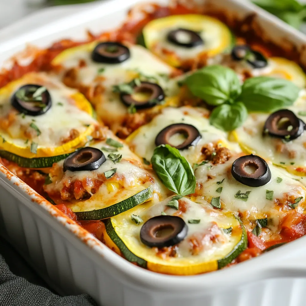 - 4 medium zucchini, sliced into thin rounds - 1 lb ground turkey or chicken - 1 cup pizza sauce - 1 cup shredded mozzarella cheese - 1/2 cup sliced black olives - 1/2 cup diced bell peppers - 1/2 cup finely chopped onion - 2 cloves garlic, minced - 1 teaspoon dried oregano - 1 teaspoon dried basil - 1/2 teaspoon red pepper flakes - Salt and pepper to taste - 1/2 cup grated Parmesan cheese Zucchini is the star of this dish. I love how its mild taste absorbs flavors well. You can choose any color of bell pepper. Each adds a pop of color. Ground turkey or chicken keeps this dish light. You can swap it for your favorite protein too. Pizza sauce is key for that familiar taste. You can use store-bought or make your own. I recommend using fresh garlic and onion. They add depth and warmth. The black olives provide a briny bite. Don't skip the seasoning! Oregano and basil bring that Italian flair. Red pepper flakes add a nice kick. Lastly, the cheese! Mozzarella gives that gooey texture. Parmesan adds a rich finish. Together, these ingredients create a fun and easy meal. {{ingredient_image_2}} Set your oven to 375°F (190°C). Preheating ensures that your casserole cooks evenly. If you skip this step, your dish may not cook well. In a skillet, heat one tablespoon of olive oil over medium heat. Add finely chopped onion and minced garlic. Cook for 3 to 4 minutes until the onions are soft and clear. This step fills your kitchen with a tasty smell. Add ground turkey or chicken to the skillet. Use a spatula to break it up as it cooks. Cook for about 5 to 7 minutes until the meat is browned and not pink. Season it with salt, pepper, oregano, basil, and optional red pepper flakes. Stir to mix all the flavors. In a large bowl, mix the sliced zucchini rounds with a little salt. Let them sit for 10 minutes. This helps pull out extra water, making your dish less soggy. After 10 minutes, pat the zucchini slices dry with a paper towel. Grab a rectangular casserole dish to build your layers. Start by spreading half the pizza sauce on the bottom. Add half of the cooked meat next. Layer half of the zucchini slices on top, followed by half of the black olives, bell peppers, and one-third of the mozzarella cheese. Repeat this layering, ending with the last bit of pizza sauce and mozzarella. Cover the dish tightly with aluminum foil. Bake it in the preheated oven for 25 minutes. After that, take off the foil and bake for another 15 to 20 minutes. You want the cheese to be bubbly and golden. Once done, cool the casserole for about 5 minutes to make slicing easier. To ensure even cooking, always preheat your oven. This helps everything cook uniformly. When layering the casserole, start with a thin layer of sauce. This layer keeps the bottom moist. Sauté the ground meat until brown. This gives a nice flavor base. Avoid soggy zucchini by salting your slices. Let them sit for ten minutes to draw out moisture. After that, pat them dry with a paper towel. This step is key to a great texture. For presentation, cut the casserole into squares. Arrange them on plates and add a garnish. Fresh basil leaves add a pop of color. Drizzle extra pizza sauce around the plate for flair. This enhances the meal's look and flavor. Pair the casserole with a simple side salad. A mix of greens and a light vinaigrette works well. Garlic bread also makes a great side, adding crunch and flavor. If you want an alternative for ground meat, try lentils or mushrooms. Both options add great flavor and texture. You can also use tofu for a vegetarian twist. For a low-carb option, stick to zucchini as your base. You can use cauliflower rice instead of grains. This keeps your meal light and healthy while still being tasty. Pro Tips Use Fresh Zucchini: Select firm, fresh zucchini for the best texture and flavor. Look for ones that are medium-sized and have smooth skin. Customize Your Toppings: Feel free to get creative with toppings! Add your favorite veggies or meats to personalize the casserole to your taste. Let It Rest: Allow the casserole to cool for a few minutes before slicing. This helps the layers set, making it easier to serve. Make It Ahead: This casserole can be assembled a day in advance and stored in the fridge. Just bake it when you’re ready to enjoy! {{image_4}} You can swap meat for plant-based options. Try using lentils, mushrooms, or tempeh. These choices add texture and flavor. You can also mix in extra veggies. Spinach, zucchini flowers, or artichokes work great. This adds color and nutrition. For those who love heat, add more spice! Red pepper flakes are a solid choice. Try jalapeños for a fresh kick. You might also enjoy adding hot sauce in your layers. These spices will transform your dish into a fiery delight. Cheese can change the whole taste! Instead of mozzarella, consider using provolone or gouda. These cheeses offer a smoky flavor. You can also mix in feta for a tangy twist. Each cheese adds its own unique touch. Feel free to experiment with your favorites! To store leftover zucchini pizza casserole, let it cool first. Place it in an airtight container. It stays fresh in the fridge for up to 4 days. If you want the best taste, eat it sooner. For long-term storage, freeze the casserole. Cut it into portions before freezing. Wrap each piece in plastic wrap and foil to prevent freezer burn. It lasts up to 3 months in the freezer. When ready to eat, thaw it overnight in the fridge. You can also thaw it in the microwave if you’re in a hurry. To keep the texture nice, reheating in the oven works best. Preheat the oven to 350°F (175°C) and place the casserole in a baking dish. Cover it with foil to avoid drying out. Warm it for about 20 minutes. If you use the microwave, heat it in short bursts. Check it often to keep it from getting too hot. This way, it stays soft and tasty. To make this dish gluten-free, you can switch the pizza sauce. Look for a brand that is clearly labeled as gluten-free. You can also make your own sauce with crushed tomatoes, herbs, and spices. Use gluten-free breadcrumbs if you want to add a crispy topping. Always check the labels on your ingredients to ensure they are safe for gluten-free diets. Yes, you can prepare this casserole ahead of time. You can layer all the ingredients in the dish and cover it with foil. Store it in the fridge for up to 24 hours before baking. If you plan to freeze it, make sure to use a freezer-safe dish. Just thaw it overnight in the fridge before baking. This casserole pairs well with many side dishes. A fresh green salad with a simple vinaigrette adds a nice touch. Garlic bread or toasted baguette slices also work well. For a heartier meal, serve it with steamed vegetables like broccoli or green beans. You can also add a side of marinara sauce for dipping. In this post, we've explored how to create a delicious zucchini pizza casserole. You learned about key ingredients like zucchini, turkey, and mozzarella. We detailed step-by-step instructions, along with tips and variations. Don’t forget about storage methods for leftovers and reheating options. This dish is flexible, making it perfect for any diet. With these ideas, you can enjoy a tasty meal that’s both healthy and satisfying. Dive in and make it your own!