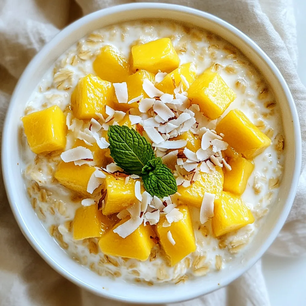 To make mango coconut overnight oats, you will need the following ingredients: - 1 cup rolled oats - 1 cup unsweetened coconut milk - 1 ripe mango, diced into bite-sized pieces - 1 tablespoon chia seeds - 2 tablespoons honey or maple syrup (adjust to taste) - 1 teaspoon pure vanilla extract - 1/4 teaspoon ground cinnamon - A pinch of salt - Optional toppings: shredded coconut, sliced almonds, fresh mint leaves These ingredients come together to create a creamy and fruity breakfast. Rolled oats form the base, soaking up the coconut milk. The ripe mango adds sweet and juicy bites, while chia seeds give a nice texture. You can adjust the sweetness with honey or maple syrup, depending on your taste. Cinnamon and vanilla enhance the overall flavor, making it feel special. A pinch of salt balances the sweetness and rounds out the taste. The optional toppings let you get creative. Adding shredded coconut or almonds gives more crunch, and fresh mint adds a pop of color and flavor. Using fresh and high-quality ingredients will make your overnight oats even more delicious. Choose ripe mango for the best taste. This way, you start your day with a bright and tasty treat! {{ingredient_image_2}} To start, grab a mixing bowl. Combine 1 cup of rolled oats, 1 tablespoon of chia seeds, and a pinch of salt. Mix them well. This ensures even distribution of the dry ingredients. You want all the oats and seeds to be mixed nicely. In another bowl, pour in 1 cup of unsweetened coconut milk. Add 2 tablespoons of honey or maple syrup, 1 teaspoon of pure vanilla extract, and 1/4 teaspoon of ground cinnamon. Whisk these together until smooth. A good mix makes the flavors blend well. Now, take the coconut milk mix and pour it over the oats. Stir gently to coat all the oats. Be thorough; you want every oat covered in the milk. Next, carefully fold in the diced mango, keeping the mango pieces whole. If you like, set aside some mango for topping later. Cover your bowl with plastic wrap. You can also divide the mix into mason jars for easy serving. Place it in the fridge. Let it sit overnight or for at least 4 hours. This step helps the oats soak up the milk, giving them a creamy texture. When morning comes, take your oats out of the fridge. Stir the mix well. If it’s too thick for your taste, add a splash more coconut milk. Serve in bowls or jars. Top with the reserved mango, a sprinkle of shredded coconut, sliced almonds, and fresh mint leaves. This makes your meal look and taste great! To get that perfect creamy texture, you can adjust the liquid ratios. If your oats seem too thick, add a little more coconut milk. If they are too runny, use less liquid next time. This small tweak can make a big difference. Using different types of milk can also help. Almond milk, oat milk, or even soy milk can change the flavor and texture. Try them out to see which you like best! You can make your oats even more delicious by adding spices or extracts. A pinch of nutmeg or ginger can add warmth. You can also use almond or coconut extract for extra flavor. For sweetness, you can swap honey for maple syrup or agave. Adjust these to fit your taste. Remember, a little goes a long way! Preparing in batches can save you time. Make a few jars at once and store them in the fridge. This way, breakfast is ready for several days. Storing for future breakfasts is easy. Use airtight jars to keep your oats fresh. You can enjoy these tasty treats all week long! Pro Tips Use Fresh Mango: For the best flavor, make sure to use a ripe, fresh mango. This will enhance the sweetness and overall taste of your overnight oats. Adjust Sweetness: Taste your mixture before refrigerating. Depending on the ripeness of your mango, you may want to adjust the amount of honey or maple syrup to suit your preference. Make Ahead: These overnight oats can be prepared up to 3 days in advance. Store them in airtight containers for a quick and healthy breakfast option. Experiment with Toppings: Feel free to get creative with your toppings! Try adding sliced bananas, nuts, or seeds for added texture and flavor. {{image_4}} You can easily swap the mango for other fruits. Try using berries, like strawberries or blueberries, for a tart twist. Peaches and apples also work well. Just be mindful of the season. In summer, fresh peaches shine, while fall brings crisp apples. Each fruit adds its own charm to the dish. Want to add more protein? Stir in some yogurt or a scoop of protein powder. Greek yogurt adds creaminess and protein. You can also sprinkle nuts and seeds on top. Almonds, walnuts, or sunflower seeds all add crunch and extra nutrients. Choose what you enjoy most! If you follow a dairy-free or vegan diet, it’s easy to adapt this recipe. Make sure that all your ingredients are plant-based. Use maple syrup instead of honey for sweetness. You can also try agave nectar or coconut sugar. These swaps keep your oats tasty and meet your needs. How long can they last in the fridge? Mango coconut overnight oats can last up to 5 days in the fridge. They stay fresh and tasty when stored properly. Container recommendations Use airtight containers like mason jars or plastic food containers. This keeps oats from drying out and helps retain their flavor. How to freeze overnight oats If you want to keep them longer, freezing is a great option. Place the oats in freezer-safe containers. Leave some space at the top for expansion. Thawing and preparing before serving To thaw, move the container to the fridge overnight. When ready to eat, stir well. You may need to add a bit of coconut milk to adjust the texture. You can use quick oats, but the texture will change. Quick oats cook faster and absorb liquid more quickly. This may lead to a mushy consistency. Rolled oats keep a chewy texture, which is great for overnight oats. Soaking overnight oats for at least 4 hours is best. This allows the oats to absorb the coconut milk fully. For a creamier texture, soak them overnight. This gives you a smooth and delicious breakfast. Yes, overnight oats are quite healthy. They are high in fiber and can aid digestion. The oats provide complex carbs, while chia seeds add omega-3 fatty acids. Using coconut milk keeps it dairy-free and adds a tropical flavor. You can also lower calories by adjusting the sweetener. Yes, you can batch cook this recipe. Prepare several jars at once and store them in the fridge. They stay fresh for up to 5 days. Use airtight containers to keep them from drying out. This makes breakfast quick and easy all week long. This article covered making delicious overnight oats. We explored the ingredients, preparation steps, and tips for perfect texture. You learned how to create variations and storage options, ensuring your oats stay fresh. Remember, you can adapt this recipe with your favorite fruits or spices. Overnight oats are healthy and easy to prepare in advance. Embrace the fun of customizing your breakfast while enjoying the convenience and nutrition that overnight oats provide. Now, get ready to enjoy your creamy and flavorful breakfast tomorrow!