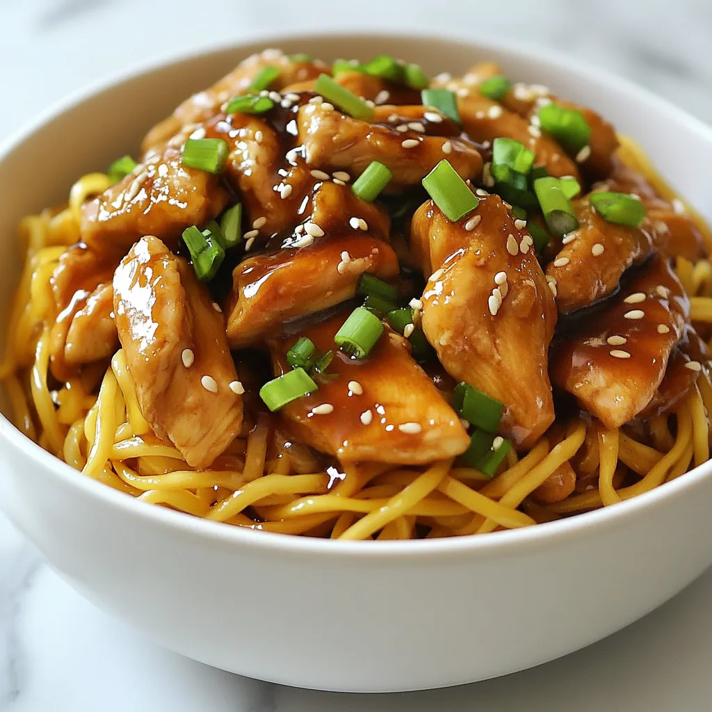 For Sticky Garlic Chicken Noodles, you will need the following items: - 2 boneless, skinless chicken breasts, thinly sliced - 200g egg noodles - 3 tablespoons soy sauce - 2 tablespoons honey - 4 cloves garlic, minced - 1 tablespoon fresh ginger, minced - 1 tablespoon sesame oil - 2 green onions, chopped (white and green parts separated) - 1 tablespoon rice vinegar - 1 tablespoon cornstarch (optional, for thickening) - Salt and pepper to taste - Sesame seeds for garnish Each ingredient adds a key flavor. The chicken provides protein, while the egg noodles serve as a hearty base. Soy sauce and honey create a sticky, sweet sauce. Garlic and ginger bring warmth and depth. The sesame oil adds a nutty note, and green onions give a fresh crunch. Rice vinegar balances the flavors, and cornstarch can thicken the sauce if desired. Finally, sesame seeds enhance the dish’s visual appeal and add a slight crunch. This mix of ingredients makes a dish that is not only tasty but also fun to prepare. {{ingredient_image_2}} Start by filling a large pot with water. Add a generous pinch of salt to the boiling water. Once it boils, add the egg noodles. Cook them for about 4-5 minutes until they are al dente. This means they should still be firm to the bite. After they are cooked, drain the noodles and rinse them under cold water. This stops the cooking and keeps them from getting mushy. Setting them aside is key for the next steps. Next, take your sliced chicken breasts. Place them in a mixing bowl. Season the chicken with salt and pepper to taste. For added crunch, stir in cornstarch. This is optional, but it gives the chicken a great texture. Make sure all the pieces are coated evenly. Now, it’s time to heat some sesame oil in a large skillet or wok. Turn the heat to medium-high. Once the oil is hot, add the seasoned chicken slices. Stir-fry them for about 5-7 minutes. You want the chicken to turn golden brown and be fully cooked. Once done, take the chicken out of the skillet and place it on a plate. Using the same skillet, lower the heat to medium. Add minced garlic and ginger to the pan. Sauté them for about 30 seconds. Stir continuously to avoid burning these aromatics. If they burn, the sauce will taste bitter. Return the cooked chicken to the skillet. Pour in soy sauce, honey, and rice vinegar. Mix everything well to combine. Let it simmer for about 2-3 minutes. This thickens the sauce and helps it coat the chicken nicely. Now, it’s time to add the drained egg noodles to the skillet. Gently toss everything together. Make sure the noodles are well-coated with the sticky sauce. Cook for another 2-3 minutes. This allows the noodles to soak up all the delicious flavors. Finally, remove the skillet from the heat. Stir in the chopped green onions, but save some green tops for garnish. Plate your sticky garlic chicken noodles in vibrant bowls. Finish with a sprinkle of sesame seeds on top for a nice touch. Enjoy! To make a great sauce, you must balance flavors. The soy sauce adds saltiness, while honey brings sweetness. Garlic and ginger add depth. Each element plays a key role in creating a sticky and rich sauce. If you want it thicker, add cornstarch. Mix it with cold water first to avoid lumps. This step makes the sauce cling to the chicken and noodles. To keep chicken tender, start with thin slices. This helps it cook fast and evenly. Use medium-high heat when stir-frying. Avoid overcrowding the pan; this lets the chicken brown well. If you notice dryness, remove the chicken as soon as it’s golden. Overcooking will make it tough and chewy. Egg noodles work best for this dish. They soak up the sauce nicely. Always follow cooking times on the package. To prevent clumping, rinse the noodles after cooking. Use cold water to stop the cooking and separate them. Toss a bit of oil on the noodles if needed. This keeps them loose and easy to mix later. Pro Tips Marinate for More Flavor: For an extra boost of flavor, marinate the sliced chicken in the soy sauce, honey, and garlic for at least 30 minutes before cooking. Use Fresh Ingredients: Fresh garlic and ginger will provide a more vibrant and aromatic flavor compared to dried versions, enhancing the dish's overall taste. Adjust the Sweetness: Feel free to adjust the amount of honey in the sauce according to your preference for sweetness; a little more honey can balance out the savory soy sauce. Garnish Creatively: In addition to sesame seeds, consider adding chopped cilantro or a squeeze of lime juice just before serving for an extra layer of flavor and freshness. {{image_4}} You can switch chicken for other proteins. Tofu works well for a vegetarian dish. Use firm tofu, cut it into cubes, and sauté until golden. Shrimp is another tasty option. Cook shrimp in the same way you cook chicken until they turn pink. Adding veggies boosts nutrition and flavor. Try bell peppers, carrots, or broccoli for a colorful dish. Chop them into bite-sized pieces. Add them to the skillet along with chicken. Adjust cooking times to ensure everything cooks evenly. Stir-fry until they are tender but still crisp. You can change the flavors of the sauce. If you want it sweeter, add more honey. For a saltier taste, increase soy sauce. To add heat, mix in chili flakes or sriracha sauce. Start with a small amount and taste as you go. This way, you can find your perfect balance. To keep your sticky garlic chicken noodles fresh, store them in an airtight container. Place the container in the fridge. They stay good for about three days. If you want to keep them longer, consider freezing them. In the freezer, they last for up to three months. Just make sure to label the container with the date. This helps you track how long they’ve been stored. When you're ready to eat, there are ways to reheat your noodles without losing flavor. The best way to do this is on the stove. Place the noodles in a skillet over medium heat. Add a splash of water or broth to keep them moist. Stir often to prevent sticking. This method helps keep the noodles tender and flavorful. You can also use the microwave if you're in a hurry. Transfer the noodles to a microwave-safe dish. Add a few drops of water, cover it, and heat in short bursts. Check every 30 seconds to avoid sogginess. This way, you can enjoy your sticky garlic chicken noodles just like fresh! Making Sticky Garlic Chicken Noodles takes about 25 minutes. This includes 10 minutes for prep and 15 minutes for cooking. You can have a delicious meal ready in no time! Yes, you can use other noodles! Try rice noodles, udon, or even spaghetti. Each type will give a unique twist to the dish. Just make sure to adjust the cooking time based on the noodle type. This dish is great for meal prep! Cook a big batch and store it in the fridge. It stays tasty for up to three days. Just reheat in a pan or microwave when you're ready to eat. Serve these noodles with a side salad or steamed veggies. You can also pair them with spring rolls for a fun meal. This adds color and crunch to your plate! In this blog post, we explored how to make Sticky Garlic Chicken Noodles. You learned about the key ingredients and followed step-by-step instructions for cooking. We shared tips for achieving the perfect sauce and cooking chicken just right. You can customize the dish with different proteins or veggies. Lastly, I provided advice on storing leftovers to keep them fresh. Enjoy this recipe, and don’t hesitate to get creative in the kitchen!