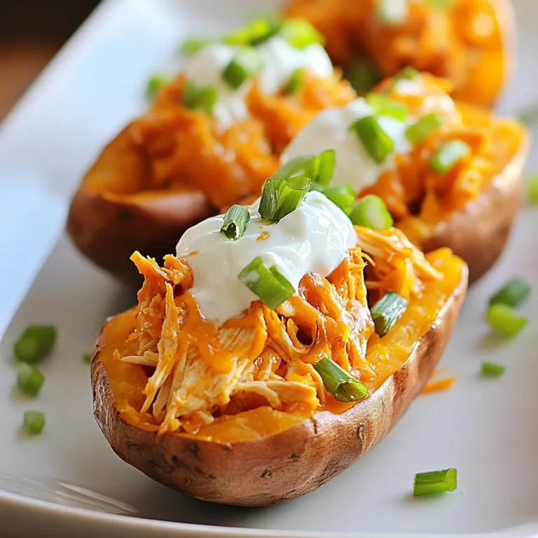- 4 medium sweet potatoes - 2 cups cooked chicken, shredded - 1/2 cup buffalo sauce (adjust according to your spice tolerance) - 1/2 cup Greek yogurt - 1/2 cup shredded sharp cheddar cheese - 1/4 cup finely chopped green onions - Salt and black pepper to taste - Optional: Fresh cilantro leaves for garnish Sweet potatoes shine in this dish. They are sweet, creamy, and nutritious. Choose medium-sized ones for easy handling. They should feel firm and have smooth skin. For the chicken, shredded is best. You can use leftover chicken or store-bought rotisserie chicken. It cuts down on prep time and adds flavor. Buffalo sauce is key for that signature kick. I recommend Frank’s RedHot or Texas Pete for their balance of flavor and spice. If you like it hot, go for a spicier brand. Greek yogurt adds creaminess and tang. Look for full-fat or plain varieties. Fage and Chobani are great choices. They have a rich taste and smooth texture. Gathering these ingredients will set you up for success. Each one plays a part in making these stuffed sweet potatoes a hit! {{ingredient_image_2}} 1. Preheat your oven to 400°F (200°C). This step is key for a good bake. 2. Wash the sweet potatoes well under running water. This removes dirt and grit. 3. Dry each potato with a towel. Use a fork to pierce each potato several times. This lets steam escape while baking. 4. Place the sweet potatoes on a baking sheet lined with parchment paper. This makes cleanup easy. 5. Bake the sweet potatoes for 45 to 60 minutes. They are done when soft and can be pierced easily with a fork. 1. While the sweet potatoes bake, grab a mixing bowl. 2. Add the shredded chicken to the bowl. Pour in the buffalo sauce. 3. Stir the chicken and sauce well. Make sure the chicken gets fully coated. Adjust the buffalo sauce based on your heat preference. You can add more for a spicy kick or less for a milder flavor. 1. After baking, take the sweet potatoes out of the oven. Let them cool for about 5 minutes. 2. Use a sharp knife to slice each potato lengthwise down the middle. Be careful to not cut all the way through. 3. Use a fork to gently mash some of the flesh inside the potato. This creates space for the filling. 4. Spoon the buffalo chicken mixture into each potato pocket. Fill them generously. 5. Top with a dollop of Greek yogurt, a handful of shredded cheddar cheese, and a sprinkle of chopped green onions. This adds flavor and color. 1. Put the stuffed sweet potatoes back into the oven for about 10 minutes. This melts the cheese and makes it bubbly. 2. Keep an eye on them; they are done when the cheese is melted and golden. To achieve perfectly tender sweet potatoes, follow these tips: - Choose medium-sized sweet potatoes for even cooking. - Pierce each potato with a fork to let steam escape. - Bake at 400°F for 45 to 60 minutes. Check for softness with a fork. Balancing buffalo sauce flavors is key. Here’s how: - Start with a mild buffalo sauce if you're sensitive to heat. - Adjust the amount of sauce based on your spice tolerance. - Mix in Greek yogurt for creaminess and a cooling effect. Serve your stuffed sweet potatoes on a bright platter. This makes them pop visually. - Drizzle extra buffalo sauce over the stuffed potatoes for a bold look. - Place chopped green onions on top to add color and freshness. Best garnishes include: - Fresh cilantro leaves for a burst of flavor. - Extra shredded cheese for a cheesy finish. For efficiency in the kitchen, use these tools: - A sharp knife to slice sweet potatoes easily. - A mixing bowl for combining chicken and sauce. - Parchment paper for easy cleanup on your baking sheet. Consider these alternative cooking methods: - Microwave sweet potatoes for quicker cooking. - Grill them for a smoky flavor and charred skin. Pro Tips Choose the Right Sweet Potatoes: Select firm, unblemished sweet potatoes for the best flavor and texture. Look for ones that are similar in size for even cooking. Customize Your Spice Level: Adjust the amount of buffalo sauce based on your preference. Start with a smaller amount and add more if you like it spicier! Add Extra Flavor: Try mixing in some crumbled blue cheese or ranch dressing into the buffalo chicken filling for a creamier texture and added flavor. Presentation Matters: For an appealing presentation, serve the stuffed sweet potatoes on a colorful platter and drizzle with extra buffalo sauce before serving. {{image_4}} For a vegetarian twist, swap the chicken with cooked quinoa or black beans. Both options pack a punch of protein and fiber. If you want a vegan version, use plant-based chicken substitutes mixed with buffalo sauce. Greek yogurt can be replaced with dairy-free yogurt. For gluten-free meals, all ingredients listed are naturally gluten-free. Just check the buffalo sauce label to ensure it meets your needs. Feel free to play with different sauces. Try barbecue sauce for a sweeter take or ranch for a creamy twist. You can mix in veggies like bell peppers or spinach into the buffalo chicken filling for added nutrients. Consider adding some diced celery or carrots for crunch. Don't forget to taste as you go to get the flavors just right. These stuffed sweet potatoes pair great with a fresh garden salad or crispy coleslaw. They add a nice crunch and balance to the meal. For drinks, a cold beer or a refreshing iced tea complements the flavors well. If you prefer non-alcoholic options, a fizzy lemonade works nicely too. Enjoy experimenting with these ideas. To keep your Buffalo Chicken Stuffed Sweet Potatoes fresh, store them in the fridge. Place them in an airtight container. They will stay good for about 3 to 4 days. If you want to store them longer, consider freezing. Wrap each stuffed potato tightly in foil or plastic wrap. Then, place them in a freezer-safe bag. They can last up to 2 months in the freezer. When ready to eat, reheat the stuffed sweet potatoes in the oven. Preheat your oven to 350°F (175°C). Place the potatoes on a baking sheet and cover with foil. This helps keep the filling moist. Heat them for about 20 minutes. You can also use a microwave for quick reheating. Just place them on a microwave-safe plate and cover. Heat for 1 to 2 minutes, checking often. To keep the filling flavorful, add a bit more buffalo sauce or Greek yogurt before reheating. This adds zest and keeps your meal exciting. How do I know when the sweet potatoes are cooked? You can tell when sweet potatoes are done by checking their softness. Use a fork to poke them. If they feel soft and the fork goes in easily, they are ready. Usually, this takes about 45 to 60 minutes at 400°F. Can I use rotisserie chicken for the filling? Yes, using rotisserie chicken is a great idea! It saves time and adds flavor. Just shred the chicken and mix it with buffalo sauce. This shortcut works well for busy days. What can I substitute for Greek yogurt? If you don’t have Greek yogurt, you can use sour cream. Plain yogurt or cottage cheese can also work. These options still keep the dish creamy and tasty. How spicy is the dish with standard buffalo sauce? The spice level depends on the buffalo sauce you choose. Standard buffalo sauce has a mild to medium heat. If you want less heat, use less sauce. If you love spice, feel free to add more! Can I make this recipe in advance? Yes, you can prepare this dish ahead of time! Bake the sweet potatoes and mix the filling. Store them separately in the fridge for up to two days. When you’re ready to eat, just stuff and bake them again for a quick meal. Buffalo chicken stuffed sweet potatoes are a tasty treat. You learned how to prep sweet potatoes, mix the filling, and assemble your dish. Plus, I shared storage tips to keep leftovers fresh. Remember, you can adjust spice levels and explore variations for different diets. Enjoy your cooking adventure! Keep experimenting with flavors and serving ideas. Your meals will always impress!