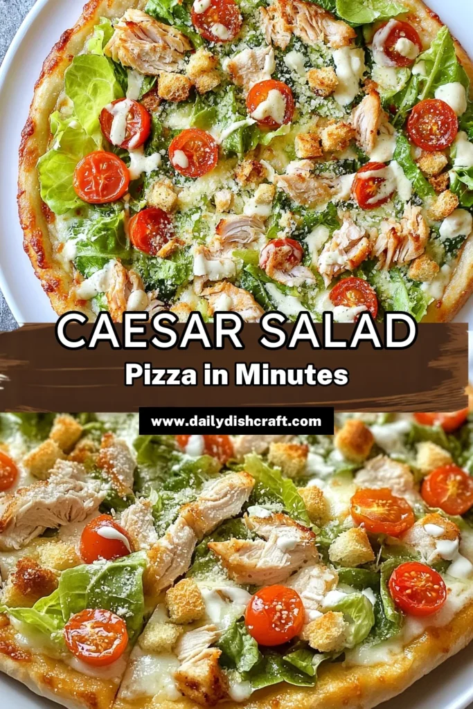Looking for a delicious twist on a classic meal? Try this Chicken Caesar Salad Pizza! This easy pizza recipe features homemade pizza toppings including seasoned chicken, fresh romaine lettuce, and a creamy Caesar dressing. Perfect for quick dinner recipes, it's a healthy pizza idea that everyone will love. Get started on this fun and flavorful dish for a satisfying weeknight meal! Save this recipe now! #PizzaRecipes #HealthyEating #QuickDinner #HomemadePizza