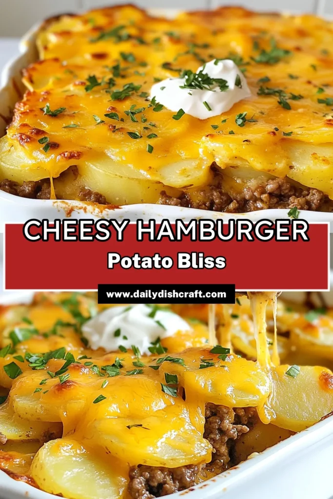 Discover the ultimate comfort food with this Cheesy Hamburger Potato Casserole! Featuring layers of savory ground beef, thinly sliced potatoes, and gooey cheddar cheese, this Easy Casserole Recipe will become a family favorite. Perfect for nights when you need a hearty meal, this Ground Beef Potato Bake is simple to prepare and packed with flavor. Try it tonight and indulge in deliciousness! Save this recipe for later! #HamburgerCasserole #CheddarCheeseCasserole #ComfortFood #EasyRecipes