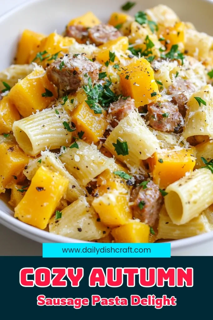 Indulge in the cozy flavors of fall with this delicious Autumn Sausage Squash Pasta. Combining creamy butternut squash recipes and flavorful Italian sausage pasta, it's the perfect fall comfort food for chilly nights. This savory dish is easy to prepare and ideal for family dinners. Treat yourself to a hearty bowl of goodness today! Save this recipe to enjoy it later. #AutumnSausagePasta #ButternutSquashRecipes #ItalianSausagePasta #FallComfortFood