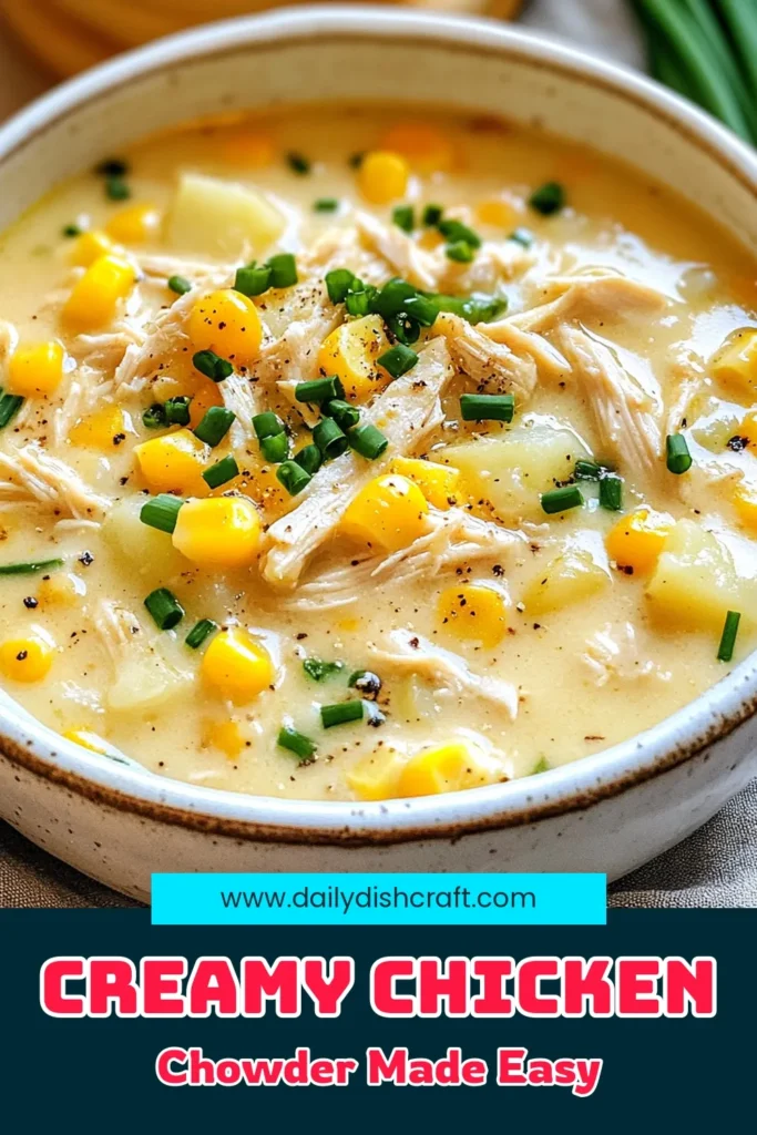 Warm up with this delicious Crockpot chicken corn chowder—a creamy corn chowder recipe that's perfect for any meal! This easy chicken soup crockpot dish combines tender chicken, sweet corn, and hearty potatoes for ultimate comfort. Simply combine ingredients, let your slow cooker do the work, and enjoy a bowl of cozy goodness. Perfect for family dinners and meal prep! Save this comforting recipe and make it tonight! #CrockpotChickenChowder #CreamyCornChowder #EasyChickenSoupCrockpot #ComfortFoodRecipes