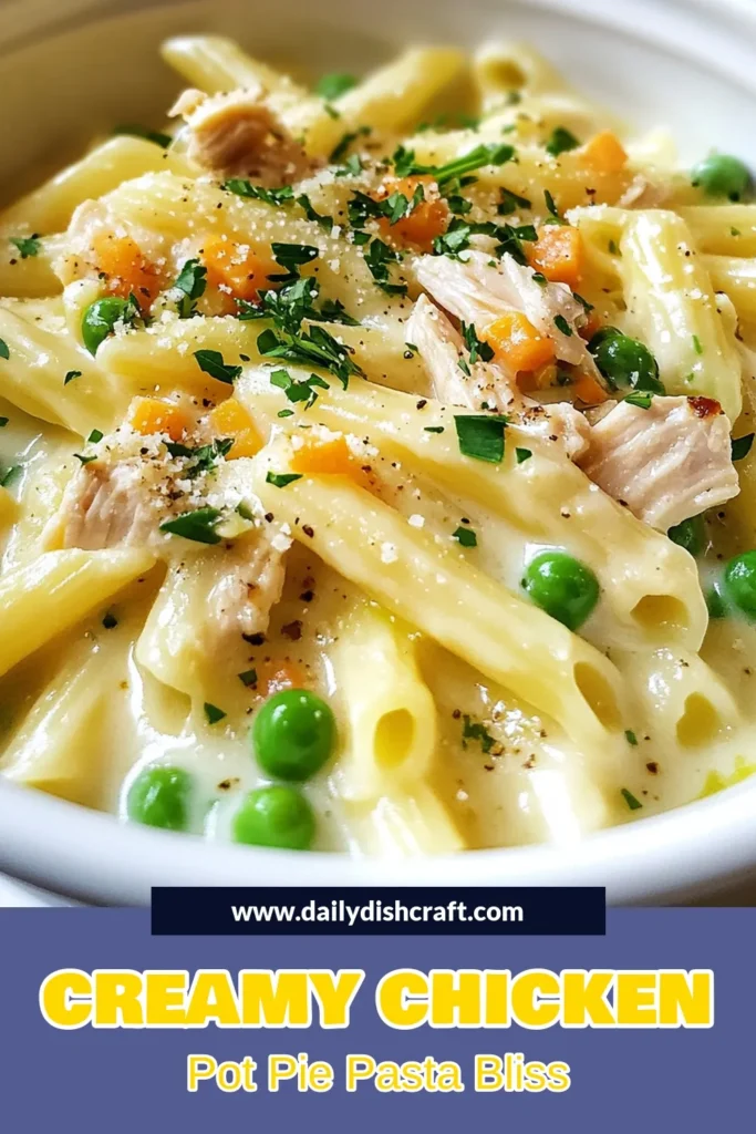 Discover the ultimate comfort food with this Chicken Pot Pie Pasta recipe! This creamy chicken pasta combines tender pasta with chicken and vegetables for an easy chicken dinner that's sure to please everyone. Perfect for a cozy night in, this dish is simple to prepare and deliciously satisfying. Dive into this delightful pasta with chicken, and elevate your meal tonight! Save for later! #ChickenPotPiePasta #ComfortFoodRecipes #EasyChickenDinner #CreamyChickenPasta
