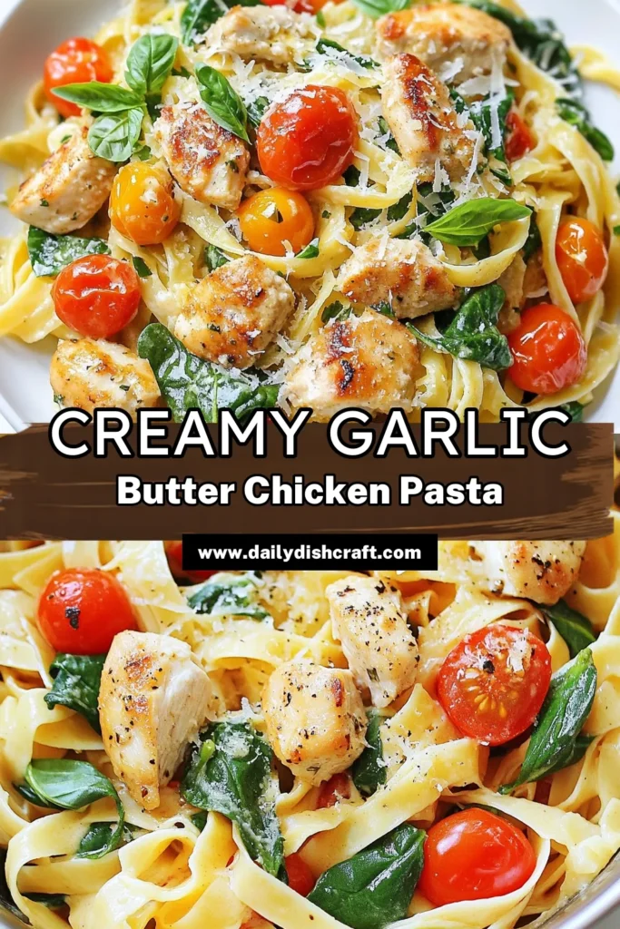 Indulge in this easy garlic chicken pasta recipe featuring creamy garlic butter chicken pasta that's ready in just 30 minutes! This delicious chicken fettuccine with garlic butter combines diced chicken, fresh spinach, and cherry tomatoes for a delightful skillet chicken pasta recipe. Perfect for a weeknight dinner! Save this creamy chicken pasta dish now and impress your family with incredible flavors! #PastaRecipe #ChickenDinner #GarlicButter #EasyMeals