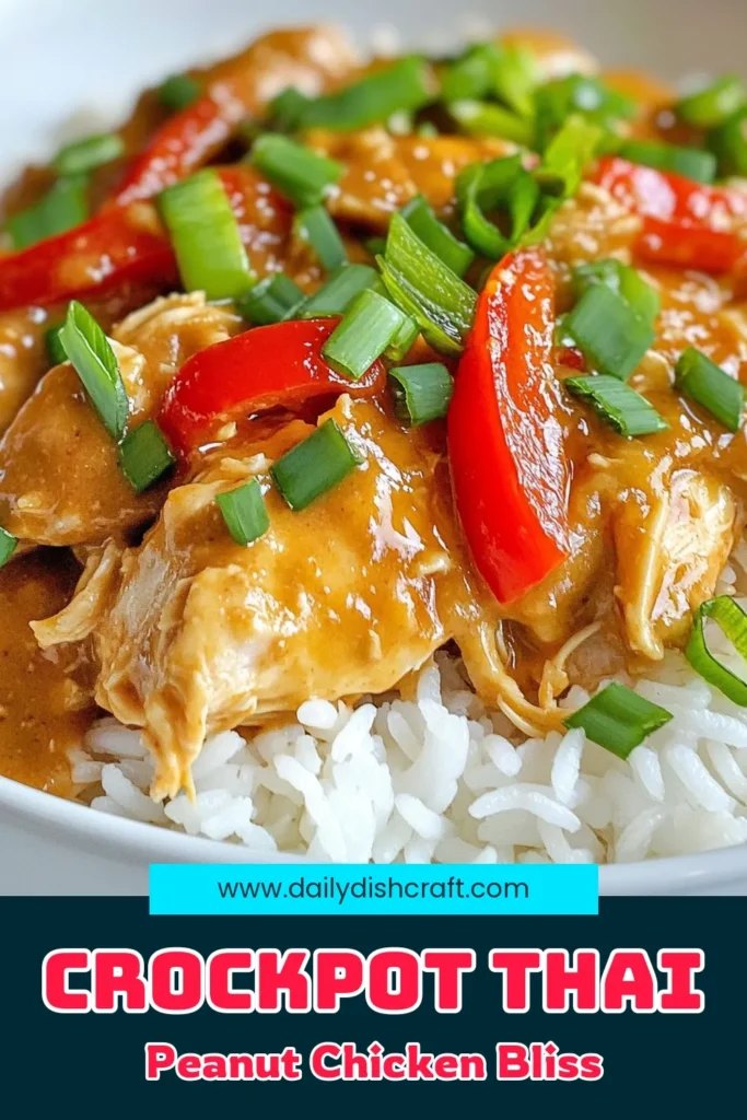 Discover the ultimate Thai Peanut Crockpot Chicken that's perfect for easy weeknight dinners! This creamy peanut butter chicken recipe is a must-try among slow cooker Asian dishes. With tender chicken thighs simmered with a rich peanut sauce and vibrant veggies, it's a delicious addition to your collection of easy Thai recipes. Click to save this simple and flavorful crockpot chicken recipe for your next meal! #ThaiPeanutChicken #CrockpotChicken #EasyThaiRecipes #SlowCookerAsianDishes