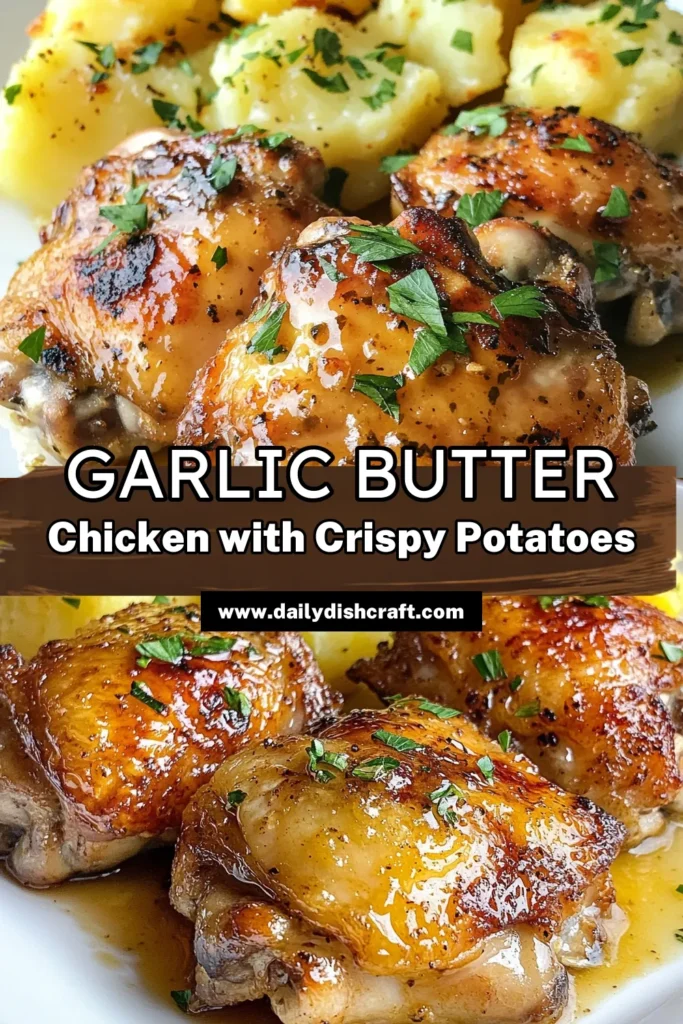 Looking for an irresistible Garlic Butter Chicken Recipe? This easy chicken dinner features juicy chicken thighs with garlic butter and crispy smashed potatoes that are sure to impress. With simple ingredients and straightforward steps, you’ll have a delicious meal in under an hour. Don't miss out on this perfect weeknight comfort food! Save this recipe now and treat yourself to a delightful dinner tonight. #GarlicButterChicken #SmashedPotatoes #EasyDinner #ChickenThighs