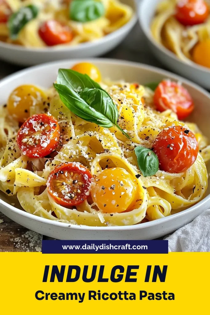 Discover the delightful flavors of creamy tomato ricotta pasta, an easy pasta recipe that's perfect for busy weeknights. This ricotta cheese pasta combines fresh cherry tomatoes and aromatic herbs to create a delicious vegetarian pasta dish that will leave everyone asking for seconds. Ready in just 25 minutes, it's a must-try! Save this recipe for your next meal! #CreamyTomatoRicottaPasta #EasyPastaRecipes #VegetarianPastaDishes #RicottaCheesePasta