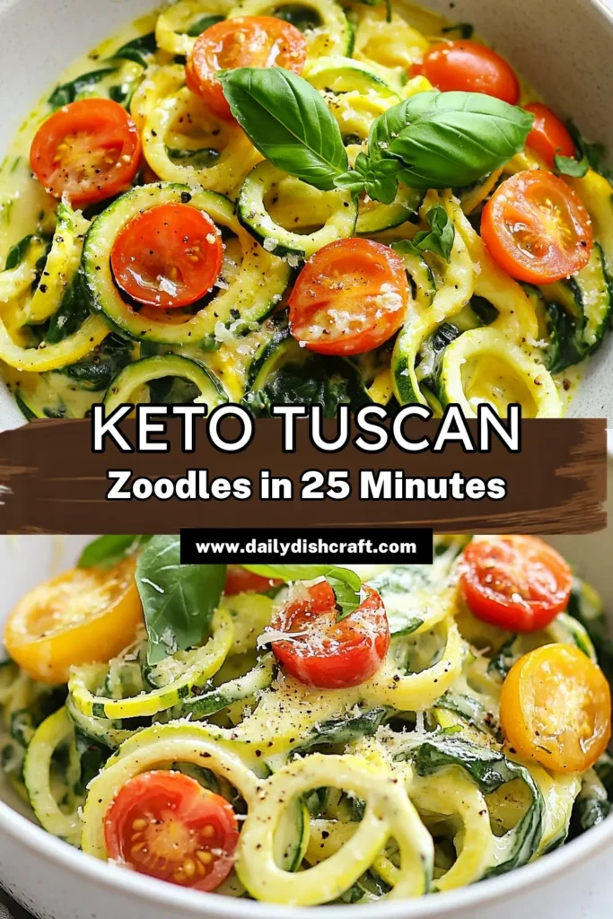 Discover how to make delicious Keto zucchini noodles with this easy Tuscan zucchini noodles recipe! This low carb pasta alternative is not only packed with flavor but also features creamy zucchini noodles that are perfect for a healthy zucchini pasta dish. With fresh ingredients like cherry tomatoes and spinach, it’s a quick meal your family will love. Try it tonight and enjoy a delightful and nutritious dish! Don't forget to save for later! #KetoRecipes #HealthyEating #ZucchiniNoodles #LowCarbDiet